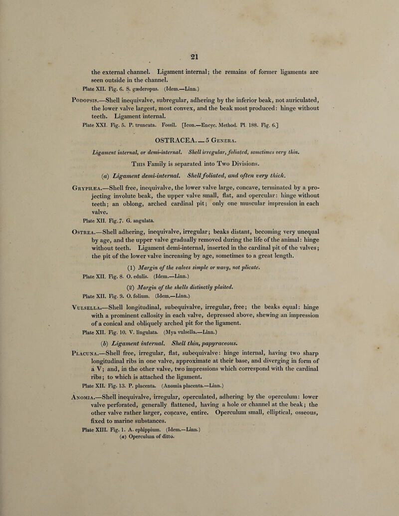 the external channel. Ligament internal; the remains of former ligaments are seen outside in the channel. Plate XII. Fig. 6. S. gaederopus. (Idem.—Linn.) Podopsis.—Shell inequivalve, subregular, adhering by the inferior beak, not auriculated, the lower valve largest, most convex, and the beak most produced: hinge without teeth. Ligament internal. Plate XXI. Fig. 5. P. truncata. Fossil. [Icon.—Encyc. Method. PI. 188. Fig. 6.] OSTRACEA_5 Genera. Ligament internal, or demi-internal. Shell irregular, foliated, sometimes very thin. This Family is separated into Two Divisions. (a) Ligament demi-internal. Shell foliated, and often very thick. Grypii^a.—Shell free, inequivalve, the lower valve large, concave, terminated by a pro¬ jecting involute beak, the upper valve small, flat, and opercular: hinge without teeth; an oblong, arched cardinal pit; only one muscular impression in each valve. Plate XII. Fig..7- G. angulata. Ostrea.—Shell adhering, inequivalve, irregular; beaks distant, becoming very unequal by age, and the upper valve gradually removed during the life of the animal: hinge without teeth. Ligament demi-internal, inserted in the cardinal pit of the valves; the pit of the lower valve increasing by age, sometimes to a great length. (1) Margin of the valves simple or wavy, not plicate. Plate XII. Fig. 8. O. edulis. (Idem.—Linn.) (2) Margin of the shells distinctly plaited. Plate XII. Fig. 9. O. folium. (Idem.—Linn.) Vulsella.—Shell longitudinal, subequivalve, irregular, free; the beaks equal: hinge with a prominent callosity in each valve, depressed above, shewing an impression of a conical and obliquely arched pit for the ligament. Plate XII. Fig. 10. V. lingulata. (Mya vulsella.—Linn.) (b) Ligament internal. Shell thin, papyraceous. Placuna.—Shell free, irregular, flat, subequivalve: hinge internal, having two sharp longitudinal ribs in one valve, approximate at their base, and diverging in form of a V; and, in the other valve, two impressions which correspond with the cardinal ribs; to which is attached the ligament. Plate XII. Fig. 13. P. placenta. (Anomia placenta.—Linn.) Anomia.—Shell inequivalve, irregular, operculated, adhering by the operculum: lower valve perforated, generally flattened, having a hole or channel at the beak; the other valve rather larger, concave, entire. Operculum small, elliptical, osseous, fixed to marine substances. Plate XIII. Fig. 1. A. ephippium. (Idem.—Linn.) (a) Operculum of ditto.