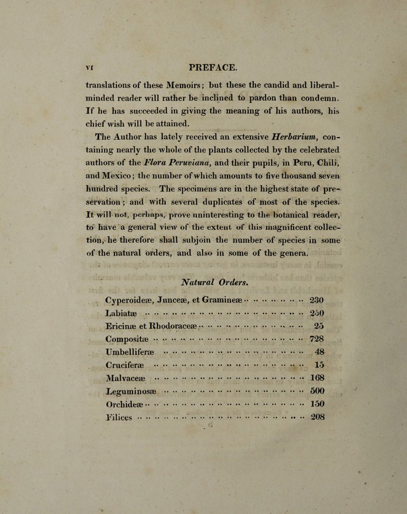 translations of these Memoirs; but these the candid and liberal- minded reader will rather be inclined to pardon than condemn. If he has succeeded in giving the meaning of his authors, his chief wish will be attained. The Author has lately received an extensive Herbarium, con¬ taining nearly the whole of the plants collected by the celebrated authors of the Flora Peruviana, and their pupils, in Peru, Chili, and Mexico; the number of which amounts to five thousand seven hundred species. The specimens are in the highest state of pre¬ servation ; and with several duplicates of most of the species. It will not, perhaps, prove uninteresting to the botanical reader, to have a general view of the extent of this magnificent collec¬ tion, he therefore shall subjoin the number of species in some of the natural orders, and also in some of the genera. •»N ■,«*_ « . . ‘ ^ . • *■ - ** fc* *• .. . 4 . ^ i , J ■ ' ■ . Natural Orders. Cyperoideae, Junceae, et Gramineae. 230 Labiatae .. •• 2o0 Ericinae et Rhodoraceae ... ..- •• •• 25 Compositae •• *. 728 Umbelliferae .* ..*. 48 Cruciferae .. .. .. 15 Malvaceae . 168 Leguminosae .*. 500 Orchideae. 150 Filices . 208