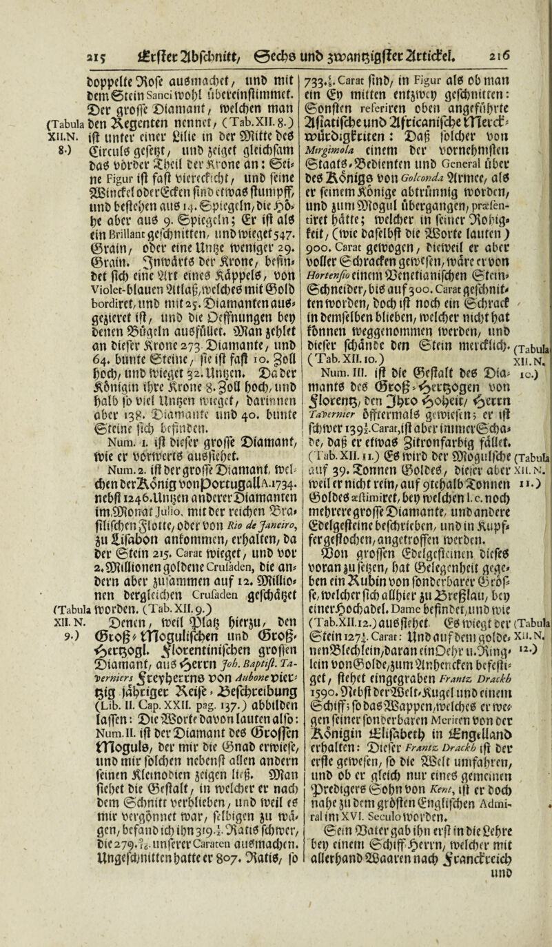 ai; t)oppd(c O^ofc ausmacbef, imD mit bem ©tein sanci moljl nbcteinflimmcf. ©er grojfe ©iamant/ roelcben man (Tabula t>en Kegenten nennet/ (Tab.xn.80 xn,n. unfer einer £ilic in ber $)iittc bcO 80 ©rculogefeig, unt> jct^ef ^Icicbjam bao Pbrber £beil cer&rone an: ©el ne Figur ifl fafl Pierccficbt/ unb fcine 5SBincfe{ oberScfen ftnb ctmaO flumpff, unb bcflc^cn aite 14* ©picgeln/bie £5» be aber auo 9. ©piegeln; (Er ifl alo ein Briilant gefcbnitten, unb miegcf547* ©vani/ obet* eine Uni^e nrtniger 29* ©ratm ^nmdrto ber £rone, befin* bet ftcb eine 2irt einco &dppelo, Pon violet-blauen 9ula£,mclcbeo mit ©olb bordirct/ unb mit2^ ©iamantenauo* gejieret ifl/ unb bie Dcffnungen bcp benen 95tlgeln auoffillct, 3J?an jcplet an btefer Krone 273 ©minante, unb 64. bunte ©teinc, fle ifl fafl 10, goft bocb, unt) fpieget 32, Ungcn* ©aber ilbnigin ibre Krone 8.$011 bocb, unb balb fo viet Ungen nueget, bartnnen aber »38* ©iamautc «nt> 40, bunte ©tetne ftcb bcfmbcu. Num. 1. ifl biefer grofie ©tamant, Urie er Pormerto auoftebet. Num. 2. tff ber grof]e ©iamant, mei | cben ber&o nig PonpormgaUA.1734. nebd 1246.11111^11 anbcrerSiamanten Im.SRonat Julio, mit ber rcicf>cn 35ra» finfcben JlDttC/ODerPDn Rio dejaneiro, 5« Sifabon anfommen, erbalten/ Da Der ©tein 215, Carat mieget, unb Por 2.5D?tlIionengolbeneCrufaden, Die an* bern aber jiifammen auf 12* f©?triio^ nen bergleicben Crufadea gefd)d§et (Tabula morben. (Tab.xn.9.) xn.n. ©cneu/ medela? bierjttr beti 9«) ©tog* mogulifcben unb ©tog' ^er^ogl fflotentinifcben groffen ©tamant, au0<3errn job.Baptift. Ta- Verniers t>On AuboneX)kt' tjtg Jflbnger Ketje> i3efd)reibung (Lib. 11. Gap. xxu. pag. 137.) abbtlbcn laf]m: ©te ©Sorte baponlautenalfo: Num. 11. ifl ber ©tamant beo ©rofjen tllogule, ber mir Die ©nab ermiefe, unb mir foleben nebenfl aljcn anbern femen tfletnobien $eigen Kefi. EDlan ftebet bie ©eflalt, in meldier er nacf) bem ©dmitt perblieben, unb meil eo mir pergbnnet ft>ar, felbtgen jti md* gen, befanb id) ibn 319T9?att0 fdjmcr, bie 279^5. iinfererCaratcn auomaeben. ilngefcbmttcnbattecr 807* statio, fo 7334. Carat fwb, in Figur alo obrnan ein <Ep mitten entjmcp gefcbnitten: ©onflcn referiren oben angeffiprte 2lf|atifcbeunt> 2tfricamfel)e tTlercf * «aucbigfriten: ©ag jolcber poti MtrgimoU cineui ber pornebmflen ©taatei^Sebientcn unb General fiber beo ^onigs von Golconda 5(rrnce/ a(0 er femem^ontge abtrimnig morbeu/ unb jumSDiogul ubergangen/ prsfen- tiret bdtte; melcber in feitier Dlobtg» feit/ Cmie bafelbfl bie 5Borte lauten) 900, Carat gemogen, biemeit er aber poller ©diraefen gemefen/ mdre evpon Hortenfio eincm ©enettamfeben ©teitv ©cbneiber/ biO auf 300. Carat gefcbnit^ tenmotbcn/ bocptfl nocb ein ©ebratf ' in bemfelben blieben/ melcper md)t bat fbnnen meggenommen toerben/ unb biefer fc&dnbe ben ©tein mcvcflid). rTabuia» (Tab.xn.10.) xn. N, Num. in. ifl bie ©eflaft beo © ia* io.) manto beo (Srog ^ert^ogen Pon ^loren^/ pcri 3^ro ?>oi)ett/ ^errn Talpernier bffrermato gemiefen? er ifl febmer i39lCarat,ifl aber immci©ef)a* be, bap er etmao jitronfarbig fallet. ( I ab. XII. 11.) (JO tPirb ber SWogutfcbe (Tabula auf 39* Sonnen ©olbeO, biefer aber xh.n. meil er nid)t rcin, auf 9tepalb Xonnen 1»•) ©olbeo aiiimiret/ bet) meteben 1. c. nod> mebreregrofleSiamante, unbanbere Sbetgefleine befebrieben/ unb in ^upf* fergeflod)cn/angctroffen merbem ®on groffen Sbelgeflcinm biefeo poraniufcpen/ bat ©eiegcnbeit gege# ben ein Jlubin Pon fonberbarer ©rop fe, m? leber ficb aBbier 51123reg!ait/ bcp einer^odjabel* Dame befinbet/iinb ane (Tab.xn.i2.)au0fld)et> ^omiegtber (Tabula ©tein 127J.Carat: Unbaufbemgolbe» Xil*N* mnS3ied)fcin/baran etnDebr u©vtng# I2*) Icin PonSoIbe/jum^nbencfen befefii^ get/ ftebet eingegraben Frantz Drackb 159°* ^fbfl berlSelt^ugel unb einem ©cbiffifobaoSOBappcn/mtlcbco erme* gen feinerfonoerbaren MeritenPon ber ‘jKonigin iSItfabetb in iEngilimb erbalten: ©iefer Frmtz, Drackb ifl ber erflc gemefen, fo bie 2S$elt unifabren, unb ob cr glcicb mir cineO gememen ^)rebigero©obnPon Kent, &f| er bocb nabe 511 bcm grbflen (Jnglifcben Admn ralimxvi. Scculotoorben» ©em ©ater gab ibn erfl in bte gebre bep einem ©d)iff melcber mit a(lerbanb5[Baarennacb ifrancfreicb