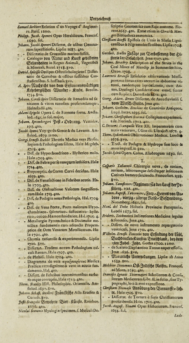 )?er$etd>mf5 Samuel Sorbiere Relation d' un Voyaged’ Angleter- re. Parif. 12mo. Fbilipp. Jacob. Speneri Opus Heraldicura. Francof. 1690. fol. Jobann. Jacobi Speneri Di fler tat. de ufibus Gemma¬ rum fuperfliciofis. Lipfix 1687» 4t0* • - Dillertatio de Crocodilo marino foflili, - ‘ - Catalogus »on 9?atuc unb $unft gebilbefen @cUcnbeiten in Regno Animali, Vegetabili & Minerali. Rerol. 1718.8 vo. David,SpleiJJiiOzt\\pVis Ofteolithologicusf Difler. tatio de Cornibus & efiibus foflilibus Can- rtadienfibus. S. hafFhufx 8vo. A. Spies 9}a&'C'Cf)t oon Dem <Er|taunengt»utbigen $et)fberglfcben QBunbec * Jfrnbe. Beroiin. 1734.8vo. 'Jobann. Car oli Spies Diflertacio de Remediis ad ia- nitatem & vitam tuendam proferendamquo. Helmfhdii 4to. Adami Spigelii Opera f. de Formato foetu. Amfte- lod. 164^ in fol. major. Jobann. Sprembergeri ^)e|t 4 Otbuung. Vratislav. Utt- 4to. Jacobi Sponti Voy ige du Grece & du Levante. Am- ftelod. 1679. Iirno. Georgi Ernejlt Stablti Theoria Medica vera Phyfio- logiam & Pathologiam filtens. Halx Mrgdeb. 1708- 4eo. m . DilT. de Hypochondriaco . Hyfterico malo. Halas 1703.410. - DilT. de Febre per fe nunqiym lethifera. Halat 1714.410. - - Propemptic. de Cornu Cervi deciduo. Halas 1699. 4to. - • Diffide Venxfe&ione in Febribus acutis. Ha¬ lx 1703.410. - - DilT. de Obftru&ione Vaforum fanguifero- rumHalx 1713.410. . - Diifi dePodagrxnouaPathologia. H31.1704. 4to. . . Dilf. de Vena Portx, Porta malorum Hypo¬ chondriaco. fpienetico- fuflocacivo- hyite- rico - colco-Hxmorrhoidarior. Hd. 170^. 4. - . Metallurgix Pyrotechnicx & Docimafix me. tallicx fundamentis cum adiuntlo Propem¬ ptico de Ortu Venarum Metallicarum. Ha- lx 1701.4to. . - Chymia rationalis & experimencalis. Lipfix 1720. 8vo. - • Diflertat. Tradens novam Pathologiam cal¬ culi Renum. Halx 1707. 4to. „ .de Phthifi. Halx 1704. 4to* - - Diagramma de vera wqoefctiixfatous Medica Pratticx veTa dignitate & vero in acutis fun¬ damento. Hal. 4ro. . _ Diflert. de Febribus intermittentibus turba¬ tis atque corruptis. Halx 17 s 3.4to. Tbom. Stanley Hift. Philofophic. Orientalis. Am- dclod. 1690.8 vo. Jobann Seb.tfi. Stedleri gidncflfcbe Ada Erudita & Curiofa. 8vo. Jttfli Stangelii C Q3iet; ftunjle. Ratisbon. 1676. 4C0. Nicolai Stenonts Myologix fpecimen, fi Mufculi De- fcriptio Geometrica cum Rajx anatome. Flo- rent.f 667.4to. Extat etiam in Clerici &Man. geti Bibliotheca anatomica. CbriJUani Siiefjii Epiftola de Urnis in Silefia Ligni- cenfibus & Pilgramsdorffenfibus. Lipfix 1704. 4to. Gottlieb. stoiles gufd&e jur SBerbeflferung bec £u tforie Der (Selabrbcit. Jenx 1727.410. Jobann. Strachey Uelcription of the Strata in the Coal Mines of Mendip in Sommerfetshire. Oxon. 1728. Laurentii Straufu Refolutio obfervationis Mufll- pontanxlcetus extra uterum in abdomine re¬ tenti, tandemque lapidefeentis, cum An- ton. Deufingii Confiderarione eiusd. fuscus cum Rt plica. Darmltadii 16^1. 4to. Georg. Adarn. Struve Difiertat. de Auro fluviatili fi. Dom ^IBaf^^olce.Jenx 410. Jobann. Guilielm. Stuckius de Conviviis Antiquor, Lugd. Batav. 169^. fol. Jobann. Cbrijlopbori Siurmii Collegium experimen- tile. Norimb. 1701.410. C.Svetomi itancjuilii Vitx XII. Imperatorum cum notis variorum, f.Grxvii. Ultrajed. 1672. 4. Tbom. Sydenbamii Obfervationes Medicx. Londiifc 1676.8vo. - - Trad. de Podagra & Hydrope fine loco & annoimprelfi.in 8vo. Jacobi Sylvii Opera. Colon. Allobrogum 1630. fol. T. Cafparis Taliacotii Chirurgia nova, de narium, aurium, labiorumque defe&u per infitionem Cutis ex humero farciendo. Francofurt. 1598» 8vo. Jobann. Tannftetters Riment fut b*n Saujf bei^e* isit. 4to. Jobann. Baptifi. Taverniers, gm) e DOtl 51U* bone / olerjig * jdbrige £Re tfe * 23efcbteibung. Norimberg. 16% 1. fol. Nicol. dcl Tecbo Hifloria Provincix Paraquarix. Ltodii 1673. fol. Frideric. Teicbmcieri Inflitutiones Medicinx legales & forenfes. Jenx 4to. - - Differt. de novo inftrumento repurgatorio ventriculi. Jenx 1712. 4C0. Wtlbelm. Ernefti Tentzelii t>0n ^cfmDung Det £obf 35ud)Drucfer*£unfhn ^eutfcblanb, bepDem ?ten 3ubelr 3abc. Gothx 1700.12mo. - - de Sceleto Elephantino Tonnx nuper efloflo. Jenx »696. 8vo» - - Sftormtltc&e UntemDungen. Lipfix ab Anno 1689- 8VO. Melcbior Tbevenots 0|l?3nbl'fc^e 9Wfen* Francof. ad Moen. 1693.410. Francifct Ignatii Tbiermajeri Scholiorum & Confi¬ liorum Medicorum Libr. II. in folio,fine Ty- pographi, loci & anni expreflionew Cbrifiiani Thomaftt 5IU0Ubung bCC ^emunffl * re. Halx 1705. 8V«. - - Diflert3t. de Tortura e foris Chriftianorum proferibenda. Hdx. 1705.4to. Jacob. Augujl. Tbuani Opus Hilloriarum. Francof. 1658* fol. Ludo