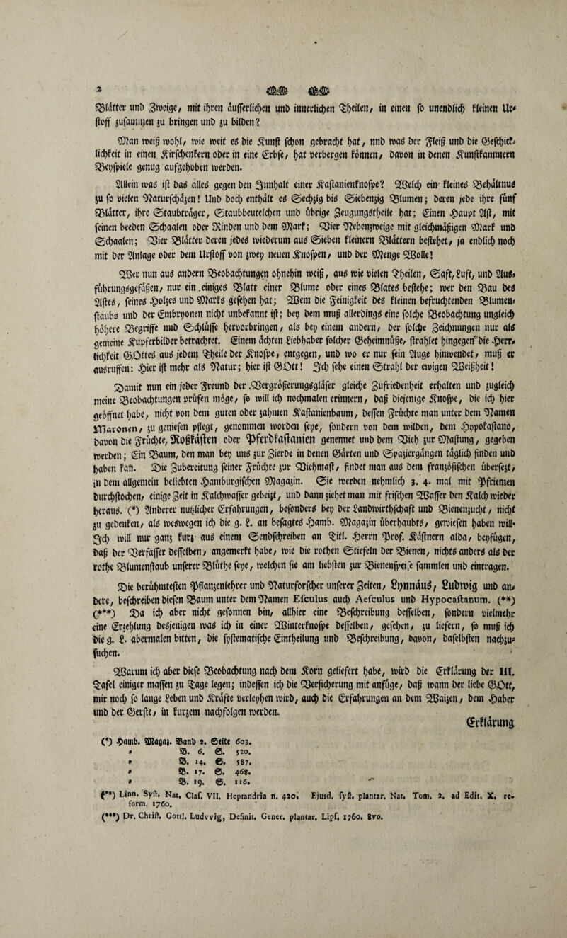 ßoff jufammen ja bringen unb ju bilben? $?an weiß wohl/ wie weit es bie Svtmß fchon gebracht hat, nnb was ber $leiß unb bie ©efchitf* lichfcit in einen Stirßhenfern ober in eine ©rbfe, oerbergen Fonnen/ baoon in Denen SvunßFammern Q3epfpiele genug aufgehoben werben. Slllcin was iß bas alles gegen bett ^nnhalt einer SvaßanienFnofpe? SOßelch ein FleineS BehältnuS ju fo oielen ^aturfcbäjen! Unb Doch enthält es ©echjlg bis ©iebenjig Blumen; Deren jebe ihre fünf glätter, ihre ©taubfräger, ©taubbeutclchen unb übrige Zeugungstheile hat; ©nen #aupf 2lß, mit feinen beeben ©d;aalen ober fKinben unb Dem SU?arf; QSier $?ebenjweige mit gleichmäßigen $?arF unb ©djaalen; Bier glätter Deren jebes wieberum aus Sieben fleinern blättern beftehet/ ja enblich noch mit ber Einlage ober Dem Urßoff oon jwei; neuen tfnofpen/ unb ber Stenge SBolIe* <2Bcr nun aus anbern Beobachtungen ohnehin weiß, aus mie oielen Qrheilen, Saft,£uff, unb 2lu$> führungsgefäßen/ nur ein .einiges Blatt einer Blume ober eines Blates beßehe; wer Den Bau Des Slßes, feines .jpoljes unb SOtarFs gefehen hat; 2ßem bie geinigFeit Des Fleincn befruchtenben Blumen* ßaubs unb Der ©nbrponen nicht unbefannt iß; bep Dem muß allerbings eine folche Beobachtung ungleich höhere Begriffe nnb Schluffe heroorbringen / als bep einem anbern/ ber folche Zeichnungen nur als gemeine ^upferbilber betrachtet, ©nem ächten Liebhaber folcher ©ehetmnüße, ßrahlet hingegen'Die $err# lid)feit ©OtteS aus jebern $heile Der $nofpe, entgegen, unb wo er nur fein 5luge hinwenbet/ muß er ausruffen: £ier iß mehr als 9?atur; hier iß ©Ott! 3d) fehe einen Strahl Der ewigen SBeißheit! 2>amit nun ein /eher greunb ber .Bergroßerungsgläfer gleiche gufriebenheit erhalten unb juglcich meine Beobachtungen prüfen möge/ fo will ich nochmalen erinnern/ baß Diejenige ^nofpe, bie ich hier geöffnet habe, nicht oon Dem guten ober jahmen ^aßanienbaum, beffen Früchte man unter Dem tarnen iTJavonen, ju geniefen pflegt, genommen worben fepe, fonbern oon bem wilben, Dem fpppofaßano, baoon bie grüd;tc, SKoßfäjten ober ^PferbFaftonien genennet unb bem Bieh jur Raffung, gegeben merben; Sin Baum, Den man bep uns jur Zierbe in Denen ©ärten unb ©pajicrgängen täglich ßnben unb haben Fan. Söie Zubereitung feiner $rüd)te jur Biehmaß/ fünbet man aus bem franjbfifchen überfejf, in bem allgemein beliebten #amburgifch*n $?agajin. ©ie werben nehmlich 3. 4* mal mit Pfriemen burchßochen/ einige Zeit in tfalcbwaffer gebeijt, unb bann jichet man mit frifd;cn Gaffer Den italch wieder heraus. (*) 2lnberer nu^licher Erfahrungen, befonbers bep Der Sanbwirthfchaft unb Bienenjud;t, nicht ju gcbenFen/ als weswegen ich Die g. t an befagtes #amb. 5D?agajin überhaubfS/ gewiefen haben will» Qd) will nur ganj furj aus einem Senbfchretben an $itl. #errn $rof. itäßnern alb«/ bepfügen, baß Der Berfaffer beffelben/ angemerft habe/ wie bie rothen ©tiefein Der Bienen, nichtsanbcrs als ber rothe Blumenßaub unferer Blüthe fepe, welchen fie am liebßen jur Bienenfpöfe fammlen unb eintragen. £>te beruhmteßen ^ßanjenlehrer unb 9?aturforfcher unferer Zeiten/ St)tinduS/ ßubttffg unb an/ bere, befchreiben biefen Baum unter bem tarnen Efculus auch Aefculus unb Hypocaftanwn. (**) (***) 2>a ich aber nicht gefonnen bin/ allhier eine Befchreibung beffelben, fonbern vielmehr eine Erjefßung Desjenigen was ich in einer BSinterFnofpe beffelben/ gefehen/ ju liefern, fo muß ich bieg, t abermalenbitten, bie fpßematifche ©ntheilung unb Befchreibung, t»aoon/ bafclbßen nadpju* fuchen. <2Barum ich aber biefe Beobachtung nach Dem $orn geliefert habe, wirb bie ©rflärung ber Ilt. Qrafel einiger maffen ju $age legen; inbeffen ich bie Berfidjerung mit anfüge/ baß wann Der liebe ©Ott, mir noch fo lange Seben unb Kräfte oerlephen wirb, auch bie Erfahrungen an bem Boaijen / bem £aber nnb ber ©erfte/ in Furjem nadpfolgen werben. (Martina (*) £amb. 3J?aflö|. 93ant> j. 0«(t< 603. 0 SS. 6. @. 520. ß SS. 14. 0. 587. ß SS. 17. 0. 4<S8. ß SS. »9. 0. 116, (*•) Lfnn. Syft. Nat. Claf. VII, Hcptandria n. 420. Ejusd. fyö. plantar. Nat. Tom, 2. ad Edit, X, re- form. 1760. (•*•) Dr. Chrift. Gottl, Ludwig, Definit, Gener, plantar, Lipf, 1760, 8vo.