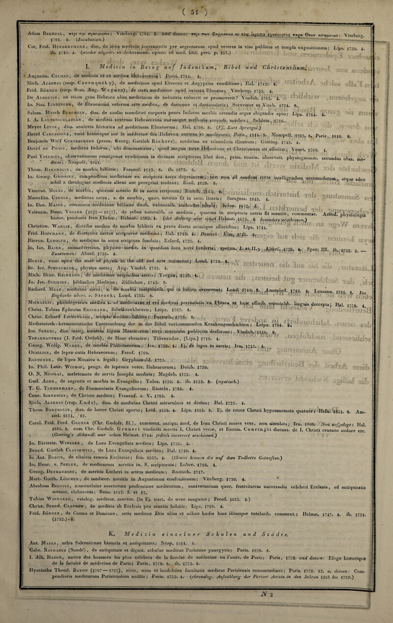 Adam Brendel, irfqi tjjv tynoi/xvieiv; Yiteberg, 1701; 4. nrcd rfe«<?7i; -iriuv <£)«(5/./.aKiuo tv rui'u^ueiv Syndiken; iroga 0tuuv ajrjjjusvwv ; Yitebcr. 1701. 4. (Iucubation.) —~ '_■■»wi^___ Car. Frid. Hundertmark, diss. de artig medicae i:icr;emeniis per aegrotorum apud veteres iu vias publicas et teiupla expositionem; Lips. 1739 4 ib. 1749. 4. (wieder abgedr. in Ackermann, opusc. ad med. hist. perl. p. 157.) tfJV/ li'JOjb 20Ä'LdfJ •' ,. ,, 4 jw, I. Medizin in Bezug auf Judenthum, Bibel und Chr i s t.e nt hum. £■ i 1 notiod'/A vrtiL a ^ * V** «JUL ,1(£ 84. 4. Otöi • Augustin. Calmet, de medicis et re medica Ilebracoriun'; Paris. 1714. 4. Mich. Alrerti (resp. Cseruansky), de medicinae apud Ebraeos et Aegyplios conditione; ITal. 1742. 4. Frid. Börner (resp. Sam, Aug. AYaguer), de statii medicinae apud -veieres Ebraeos; Yiteberg. 1755. 4. De Ai.BEn.Tiz, ai\ etiam gens Hebraea olim mediciuam de iudustria colucrit ac promoverit? Yindöb. 1765. 4. -Olii-f ir ff Io. Sim. Lindincer, de Ebraeoiuni vetermn arte medica, de daemoue et daeiuoniacis ; Servestue et Yiteh. 1774. S. ,* ' * 'IIJX* , * ( ^ f ^ f .■ fi Salom. Hirsch Burc.heim , diss. de Studio muuditiei corporis penes Iudaeos morbis arcendis alque abigendis apto; Lips 17 ]. A. Lactenschlaeger , de medicis veteruni Ilebraecrum eoruuique metlurdo sannndi morbos; SclUeiz, 17S6. Meyer Levin, diss. analecta historiea ad mediciuam Ebraeorum; Dal. 1798. 8. '{Ff. Kurt Sprengel.) David Carcassone, essai historique sur Ja medecine des Ilebreux anciens et modernes; Paris, 1S14- 8. MontpcB. 1815. 8. Paris, 181G. 8. Benjamin Wolf Gintzburger (praes. Georg. Gottlob Richter), mediciua ex talmudicis iliustrata; Gotting. 1743. 4. David de l’oviis, medicus Iudaeus, tibi demonstratur, quod magna inter Hebrucum et Chrjstianmn sit aliinitas; Yenet. 15S8. 4. Paul Vecciiius, observationum onmigenae eruditionis in divinam scripturam libri duo , prim, coutin. observatt. physioguomic. secundus obss. me- dicas; Neapoli, 1641. iöiicfia noriof» IVrm •»,; r « Thom. Bartholin, de morbis bililicis; Fraiicof. 1612. 8. ib. 1672. 8. Io. Georg. « !': -r.I- Grossius, compendium medicinae ex scriptdra sacra deprommm, ne.c liou ad eandem recte intelligeudanr accomodatuin, atque adeo ihil a tlieoJogiae sludiosis alieui aut peregrini tradens; Basil. 1020. 8. J Vincent. Moi.es, de morbis, quorum mentio fit in sacra scriptura; JMudrit. lfc43. 4. r Marcellitt. Uuerle, mediciua sacra , s. de morbis, qvior. mentio fit iu sacr. literis ; Saragoss. 1645. 4. *** Io. Dan. Major, sümmaria medicinae biblicae duob. volumiuib. tradeudneitab>ila‘; ICilom 1^72» f. Yalemin. Henr. Yogler (1022— 1077), de rebus naturalib.'ac medicis, quarum in scripturis sacris fit mentio, conimenlar. Acced. pbysiolo-ia (der Anbingrpßg «Jggf{ prava diaeta animique affectibus; Lips. 1714, liistor. passionis Jesu Christi; Heluist. 1082. 4. Christian. Warliz , diatribe medica de morbis biblicis ex Frid. Hoffmann, de diaetetiea sacrae scripturae mediciua; Hai. 1718. 4. Deutsch: Ulm, ±745. 8. j Ilieron. Lüdolph, de mediciua in sacra scriptura fuudata; Erford. 1720. 4. h »llftf ] Io. lac. Baier, aiiimad Version. physico-medic. in quaedam loca novi foederis, specim. I. et II.; Altorf, l^^S. 4. Spec III ib i-to a Zusammen: Altorf. 1730. 4.  4* ~ Hurle , essai upou the state of physik iu tbe old and new testament; Loud. 1729. 8* Io. lac. Scheechzer, physica sacra; Aug. Yiudel. 1731. 4. Mich. Henr. Reinhard, de medicinae origiuibus sacris; Torgau, 1730. 4. Jo. Jac. Schmidt, biblischer Medicus; Züllichau, 1743. 8. O ' —- ■ - *.v - Richard. Mead, mediciua mjgsmn sib lui 3M3II 3lb ; fi02ei9ii ijjr> T3i, Englische übers 1 sacra, s. de morbis insigniorib. qui in bibiiis occurruut; Loud. 1749^?.. Amstelod. 1749. 4. Lausänu. 1761 s . v. Strack; Lond. 1755. 8- Ins Michaelis, philologeitiara medica s. ad mediciuam et res medica? pertiueutia ex Ebraea et huic alfiuib..orjeutglib. Rngms deccrpta; Ha] Christ. Tobias Ephraim Reinhard, Bibelkrankheiten; Leipz. 17G7. 8. Leip Christ. Erhard EscMencacu , scrijita hiedico - bibLica ; Rostoch. 1779. 8 . aiitfog m- Medizinisch-hermeneutische Untersuchung der in der Bibel vorkommenden Krankengeschichten ; Leipz. 1794. 8« los. Seredi, diss. inaug. nientem legum Mosaicarum circa Sanitätern publicam declaraus; \indob. 181G. 8. Topaenanthes (J. Frid. Ortlob), de Mose chemico ; Tilienroclae, (Lips.) 1718. 4. Georg. \Yolfg. Wedel, de morbis Philistaeorum; len. 1720. 4. Ej, de lepra in sacris; Ieu. 1715, 4. Ouseliüs , de lepra cutis Uebraeorum; Fr.cof. 1709. Rusmeyer, de lepra Mosaica s. legali; Gryphiavvald. 1723. ffj r' -ViUiF. ?•' - jp Io. Phil. Laur. WiTnop, progr. de leprosis veter. Hebraeorum; Ditisb. 1750, O. N. Nicolai, meletemata de servis Iosephi medicis; Magdeb. 1752. 4. Guii. Ader, de aegrotis et morbis in Evangelio ; Tolos. 1020. 4. ib. 1023. 8. (mystisch.) T. G. Timmermann, de Daemoniacis Evangeliorum; Rinteln, 1786. 4. Conr. Johrenius, de Christo medico; Francof. a Y. 1703. 4. Mich, Alberti (resp. Ende), diss. de mediciua Christi miraculosa et divina; Hai. 1725. 4. Thom. Bartholin, diss. de lutere Christi aperto; Leid. 1646. 4. Lips. 16S5. 8. Ej. de cruce Christi hypomnemata quatuor; Hafii. lßöl. 8. A stel. 1671. 12. Carol. Frid. Fcrd. Grüner (Chr. Godofr. fil.), cominent. antiqu, med. de Iesu Christi morte vera, uon simulata; Ieu. 1S00. Neu auf 'elen-t: Ilal 1805. 8. cum Chr. Godofr. Gruneri vindiciis mortis I. Christi verae, et Ilerrm. Couriugii discurs. de I. Christi cruento sudore etc (Cunring’s Abhandl. war schon Heimst. 1744. jedoch, incorrect erschienen.) Io. Dieteric. Winkler , de Luca Evnugelista medico ; Lips. 1730- 4. Beued. Gottlob Clausewitz, de Luca Evaugelista medico; Hai. 1740. 4. Io Aut. Bosius, de cliuicis veteris Ecclesiae; Ieu. 1057. 4« (Clinici /dessen die auf dem Todlette Getauften.) Io. Heur. v. Seelen, de medicorum meritis in. S. scripturam; Lubcc. 1719. 4, Georg. Detharding, de meritis Lmheri in artem medicam ; Bostoch. 1717. Mart. Gotth. Löscher, de medicor. meritis in Augustanam confcssionein; Yiteberg. 1730. 4. Abraham Bzovics, nomenclator sauctorum professioue medicorum, auniversariam quor. festivitatem universalis celebrat Ecclesia, ad autiquitatis memor. elaboratUs; Rom. 1612. f. et 12. ' Tobias Whitaker, ratalog. medicor. sanctor. (in Ej. tract. de uvae sauguiiie; Frcof. 1655. 8-) -Christ. Bened. Carpzovv, de medicis ab Ecclesia pro sauclis habitis; Lips. 1709. 4. Frid. Börner, de Cosma et Damiano, artis medicac Diis olim ct adhuc hodie hiuc illincque tutelarib. cominent.; Heimst. 1747. 4. ib. 1751. (1752.)- 4. K. Medizin einzelner Schulen und Städte. Aut. Mazza, urbis Salernitanae hisloria ct autiquitates; Neap. 16.81. 4. Gabr. Naudaeis (Naude) , de antiquitate et dignit. scliolae medicae Parisinae panegyris; Paris. 1628* 8. I. Alb. IIazos, notice des liommes les plus celebrcs de la faculte de medecine eu l’uuiv. de Paris; Paris, 1750. und dessen: Eloge historique de la fucultc de medecine de Paris; Paris, 1770. 8. ib. 1773. 4. liyacinthe Tbeod. Baron (1707 — 1787), ritus, usus ct laudabiles facultatis medicae Parisiensis consuetudines; Paris. 1751. 12. u. dessen: Com- pendiaria medicorum Parisieusium uotitia ; Paris. 1752. 4. (chronolog. Aufzahlung der Pariser Acrzte in den Jahren 1295 bis 1752.) 1 i I | |