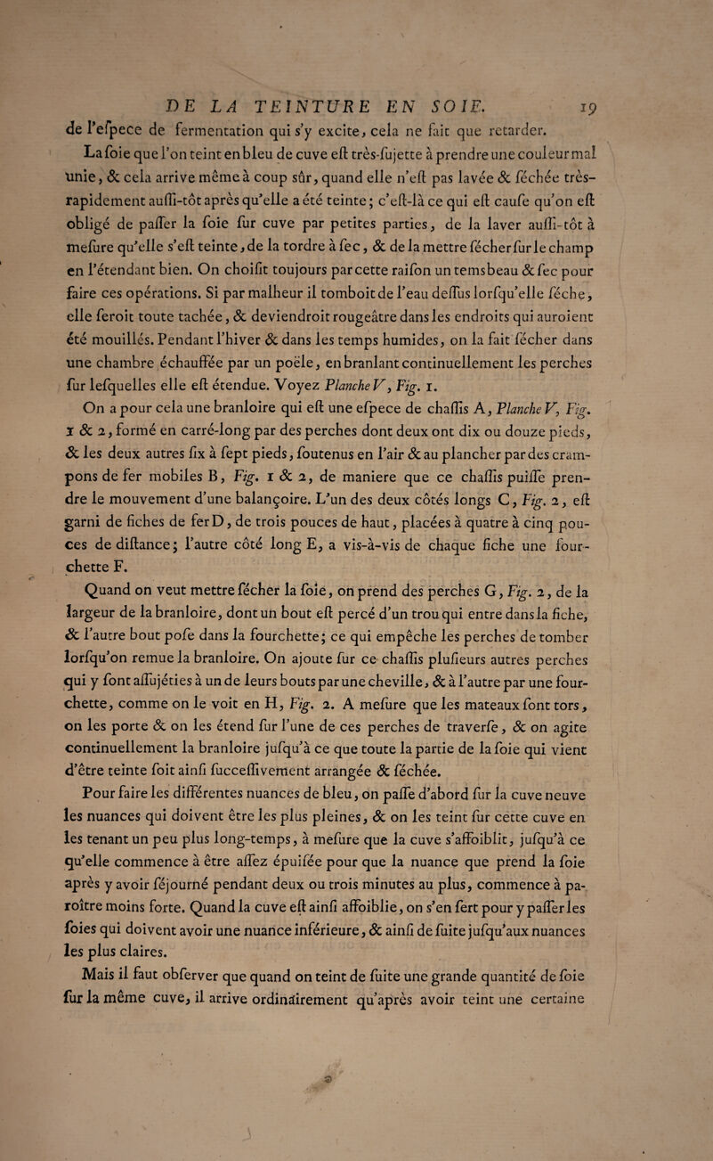 de Pefpece de fermentation qui s’y excite, cela ne fait que retarder. La foie que l’on teint en bleu de cuve eft très-fujette à prendre une couleur mal Unie, & cela arrive même à coup sûr, quand elle n'eft pas lavée 8c féchée très- rapidement auffi-tôt après qu'elle a été teinte; c'eft-iàce qui eft caufe qu’on eft obligé de paffer la foie fur cuve par petites parties, de la laver auffi-tôt à melure qu'elle s’eft teinte, de la tordre à fec, & de la mettre fécherfurle champ en l'étendant bien. On choifit toujours par cette raifon untemsbeau &fec pour faire ces opérations. Si par malheur il tomboitde l’eau deftlis lorfqu’elle féche, elle feroit toute tachée, 8c deviendroit rougeâtre dans les endroits qui auroient été mouillés. Pendant l’hiver 8c dans les temps humides, on la fait fécher dans une chambre échauffée par un poêle, en branlant continuellement les perches fur lefquelles elle eft étendue. Voyez Planche V, Fig, r. On a pour cela une branloire qui eft une efpece de chaffis A, Planche V, Fig. I 8c 2, formé en carré-long par des perches dont deux ont dix ou douze pieds, & les deux autres fix à fept pieds, foutenus en l'air 8c au plancher par des cram¬ pons de fer mobiles B, Fig. r & 2, de maniéré que ce chaffis puiffe pren¬ dre le mouvement d’une balançoire. L'un des deux côtés longs C, Fig. 2, eft garni de fiches de fer D, de trois pouces de haut, placées à quatre à cinq pou¬ ces dediftance; l’autre côté long E, a vis-à-vis de chaque fiche une four¬ chette F. Quand on veut mettre fécher la foie, on prend des perches G, Fig. 2, de la largeur de la branloire, dont un bout eft percé d’un trou qui entre dans la fiche, 8c l’autre bout pofe dans la fourchette; ce qui empêche les perches de tomber lorfqu'on remue la branloire. On ajoute fur ce chaffis plufieurs autres perches qui y fontaffujétiesà un de leurs bouts par une cheville, & à l'autre par une four¬ chette, comme on le voit en H, Fig. 2. A mefure que les mateaux font tors, on les porte 8c on les étend fur l’une de ces perches de traverfè, 8c on agite continuellement la branloire jufqu’à ce que toute la partie de la foie qui vient d'être teinte foit ainfi fucceffivement arrangée 8c féchée. Pour faire les différentes nuances de bleu, on paffe d'abord fur la cuve neuve les nuances qui doivent être les plus pleines, 8c on les teint fur cette cuve en les tenant un peu plus long-temps, à mefure que la cuve s'affoiblit, jufqu'à ce qu'elle commence à être affez épuifée pour que la nuance que prend la foie après y avoir féjourné pendant deux ou trois minutes au plus, commence à pa- roître moins forte. Quand la cuve eft ainfi affoiblie, on s'en fert pour y paffer les foies qui doivent avoir une nuance inférieure, & ainfi de fuite jufqu'aux nuances les plus claires. Mais il faut obferver que quand on teint de fuite une grande quantité de foie fur la même cuve, il arrive ordinairement qu’après avoir teint une certaine s