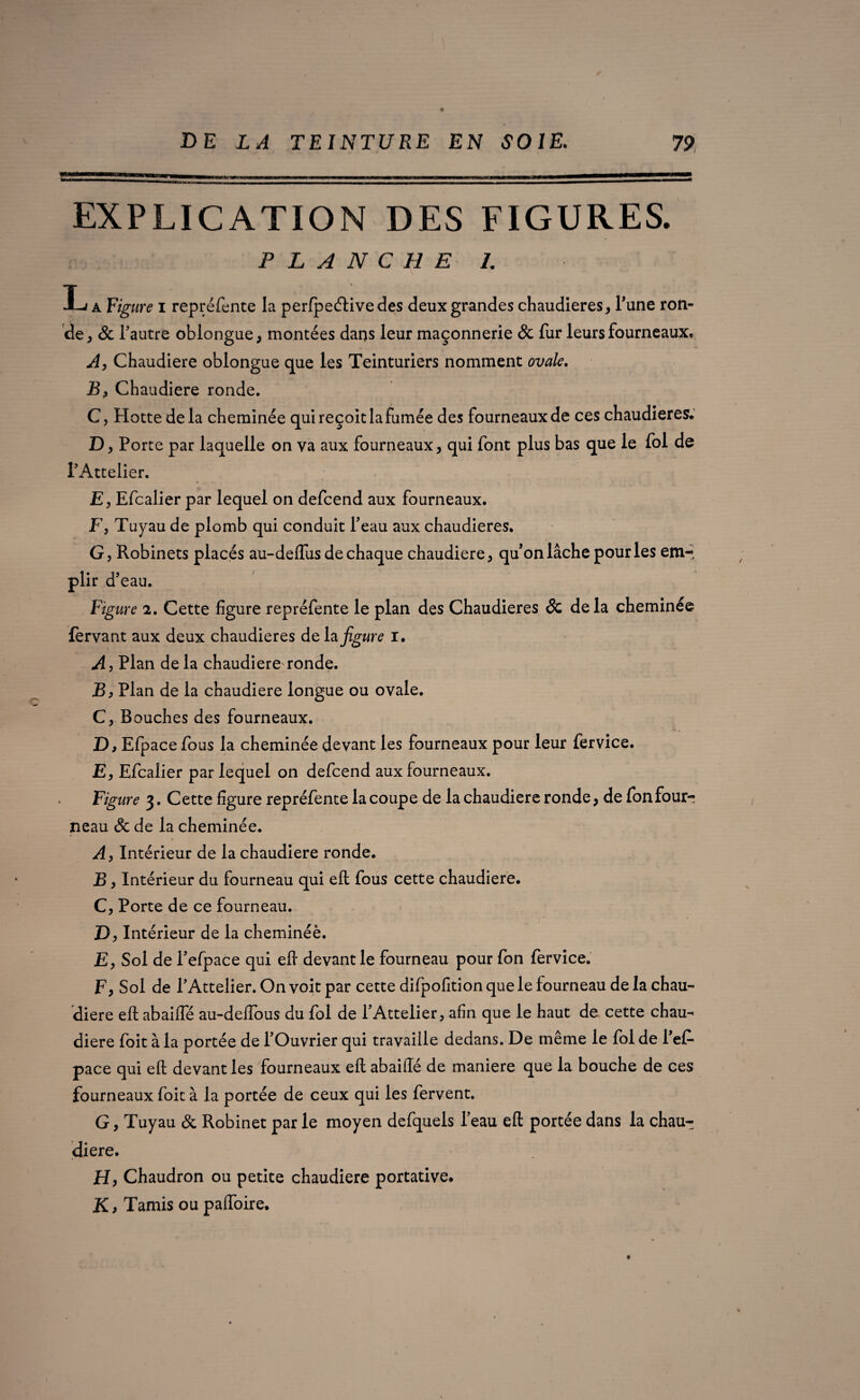 EXPLICATION DES FIGURES. PLANCHE I. L a Figure i repréfente la perfpeélivedes deux grandes chaudières, l'une ron¬ de, Sc Pautre oblongue, montées dans leur maçonnerie & fur leurs fourneaux» A, Chaudière oblongue que les Teinturiers nomment ovale. B? Chaudière ronde. C, Hotte delà cheminée qui reçoit la fumée des fourneaux de ces chaudières. D, Porte par laquelle on va aux fourneaux, qui font plus bas que le fol de PAttelier. E, Efcalier par lequel on defcend aux fourneaux. F, Tuyau de plomb qui conduit l'eau aux chaudières. G, Robinets placés au-defliis de chaque chaudière, qu'on lâche pour les em¬ plir d'eau. Figure 2. Cette figure repréfente le plan des Chaudières & delà cheminée fervant aux deux chaudières delà figure i. A, Plan delà chaudière ronde. B, Plan de la chaudière longue ou ovale. C, Bouches des fourneaux. D, Efpace fous la cheminée devant les fourneaux pour leur fervice. E, Efcalier par lequel on defcend aux fourneaux. Figure 3. Cette figure repréfente la coupe de la chaudière ronde, de fonfour- neau Sc de la cheminée. A y Intérieur de la chaudière ronde. B, Intérieur du fourneau qui eft fous cette chaudière. C, Porte de ce fourneau. D, Intérieur de la cheminéè. E, Sol de l'efpace qui eft devant le fourneau pour fon fervice. F, Sol de l'Attelier. On voit par cette difpofition que le fourneau de la chau¬ dière efl abaiffé au-deffous du fol de l'Attelier, afin que le haut de cette chau¬ dière foit à la portée de l’Ouvrier qui travaille dedans. De même le fol de l'ef¬ pace qui eft devant les fourneaux efl abaiffé de maniéré que la bouche de ces fourneaux foit à la portée de ceux qui les fervent. G, Tuyau Sc Robinet par le moyen defquels l’eau eft portée dans la chau¬ dière. H, Chaudron ou petite chaudière portative. K , Tamis ou palfoire.