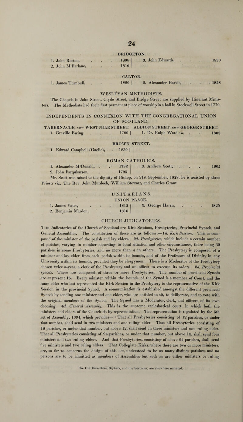 1. John Reston, 2. John M‘Farlane, BRIDGETON. 1808 1810 John Edwards, 1830 1. James Turnbull, CALTON. 1820 2. Alexander Harvie, . . . 1828 WESLEYAN METHODISTS. The Chapels in John Street, Clyde Street, and Bridge Street are supplied by Itinerant Minis¬ ters. The Methodists had their first permanent place of worship in a hall in Stockwell Street in 1779. INDEPENDENTS IN CONNEXION WITH THE CONGREGATIONAL UNION OF SCOTLAND. TABERNACLE, now WEST NILE STREET. ALBION STREET, now GEORGE STREET. 1. Greville Ewing, . . . 1799 | 1. Dr. Ralph Wardlaw, . . 1803 1. Edward Campbell (Gaelic), BROWN STREET. . 1830 | ROMAN CATHOLICS. 1792 3. Andrew Scott, 1. Alexander M'Donald, . . 1792 3. Andrew Scott, . . . 1805 2. John Farquharson, . . 1795 Mr. Scott was raised to the dignity of Bishop, on 21st September, 1828, he is assisted by three Priests viz. The Rev. John Murdoch, William Stewart, and Charles Grant. 1. James Yates, 2. Benjamin Mardon, UNITARIANS. UNION PLACE. 1812 1816 3. George Harris, CHURCH JUDICATORIES. 1825 The Judicatories of the Church of Scotland are Kirk Sessions, Presbyteries, Provincial Synods, and General Assemblies. The constitution of these are as follows:—ls£. Kirk Session. This is com¬ posed of the minister of the parish and lay elders. 2d. Presbyteries, which include a certain number of parishes, varying in number according to local situation and other circumstances, there being 30 parishes in some Presbyteries, and no more than 4 in others. The Presbytery is composed of a minister and lay elder from each parish within its bounds, and of the Professors of Divinity in any University within its bounds, provided they be clergymen. There is a Moderator of the Presbytery chosen twice a-year, a clerk of the Presbytery and an officer to execute its orders. 3d. Provincial synods. These are composed of three or more Presbyteries. The number of provincial Synods are at present 15. Every minister within the bounds of the Synod is a member of Court, and the same elder who last represented the Kirk Session in the Presbytery is the representative of the Kirk Session in the provincial Synod. A communication is established amongst the different provincial Synods by sending one minister and one elder, who are entitled to sit, to deliberate, and to vote with the original members of the Synod. The Synod has a Moderator, clerk, and officers of its own choosing. 4<th. General Assembly. This is the supreme ecclesiastical court, in which both the ministers and elders of the Church sit by representation. The representation is regulated by the 5tli act of Assembly, 1694, which provides—“ That all Presbyteries consisting of 12 parishes, or under that number, shall send in two ministers and one ruling elder. That all Presbyteries consisting of 18 parishes, or under that number, but above 12, shall send in three ministers and one ruling elder. That all Presbyteries consisting of 24 parishes, or under that number, but above 18, shall send four ministers and two ruling elders. And that Presbyteries, consisting of above 24 parishes, shall send five ministers and two ruling elders. That Collegiate Kirks, where there are two or more ministers, are, so far as concerns the design of this act, understood to be as many distinct parishes, and no persons are to be admitted as members of Assemblies but such as are either ministers or ruling The Old Dissenters, Baptists, and the Sectaries, are elsewhere narrated.