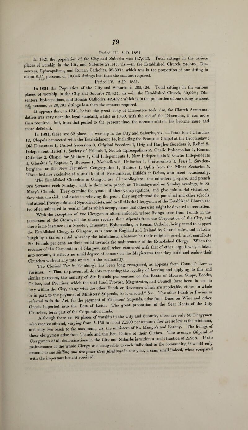 Period III. A.D. 1821. In 1821 the population of the City and Suburbs was 147,043. Total sittings in the various places of worship in the City and Suburbs 57,145, viz.—in the Established Church, 24,748; Dis¬ senters, Episcopalians, and Roman Catholics, 32,397; which was in the proportion of one sitting to about 2-^7- persons, or 10,845 sittings less than the amount required. Period IV. A.D. 1831. In 1831 the Population of the City and Suburbs is 202,426. Total sittings in the various places of worship in the City and Suburbs 73,425, viz.—in the Established Church, 30,928; Dis¬ senters, Episcopalians, and Roman Catholics, 42,497 ; which is in the proportion of one sitting to about 2— persons, or 20,291 sittings less than the amount required. 100 it appears that, in 1740, before the great body of Dissenters took rise, the Church Accommo¬ dation was very near the legal standard, whilst in 1780, with the aid of the Dissenters, it was more than required; but, from that period to the present time, the accommodation has become more and more deficient. In 1831, there are 82 places of worship in the City and Suburbs, viz.:—Established Churches 12, Chapels connected with the Establishment 14, including the Seaman’s Chapel at the Broomielaw; Old Dissenters 1, United Secession 8, Original Seceders 1, Original Burgher Seceders 2, Relief 8, Independent Relief 1, Society of Friends 1, Scotch Episcopalians 2, Gaelic Episcopalian 1, Roman Catholics 2, Chapel for Military 1, Old Independents 1, New Independents 2, Gaelic Independents 1, Glassites 1, Baptists 7, Bereans 1, Methodists 5, Unitarian 1, Universalists 1, Jews 1, Sweden- borgians, or the New Jerusalem Congregation 1, Ranters 1, Splits from the Minor Sectaries 5. These last are exclusive of a small knot of Freethinkers, Infidels or Deists, who meet occasionally. The Established Churches in Glasgow are all uncollegiate: the ministers prepare, and preach two Sermons each Sunday; and, in their turn, preach on Thursdays and on Sunday evenings, in St. Mary’s Church. They examine the youth of their Congregations, and give ministerial visitations; they visit the sick, and assist in relieving the poor; they superintend the parochial and other schools, and attend Presbyterial and Synodical diets, and to all this the Clergymen of the Established Church are too often subjected to secular duties which occupy hours that otherwise might be devoted to recreation. With the exception of two Clergymen aftermentioned, whose livings arise from Teinds in the possession of the Crown, all the others receive their stipends from the Corporation of the City, and there is no instance of a Seceder, Dissenter, Episcopalian, or Roman Catholic, being taxed to support the Established Clergy in Glasgow, as is done in England and Ireland by Church rates, and in Edin¬ burgh by a tax on rental, whereby the inhabitants, whatever be their religious creed, must contribute Six Pounds per cent, on their rental towards the maintenance of the Established Clergy. W hen the revenue of the Corporation of Glasgow, small when compared with that of other large towns, is taken into account, it reflects no small degree of honour on the Magistrates that they build and endow their Churches without any rate or tax on the community. The Clerical Tax in Edinburgh has been long recognised, as appears from Connell’s Law of Parishes. “ That, to prevent all doubts respecting the legality of levying and applying to this and similar purposes, the annuity of Six Pounds per centum on the Rents of Houses, Shops, Booths, Cellars, and Premises, which the said Lord Provost, Magistrates, and Council, have been in use to levy within the City, along with the other Funds or Revenues which are applicable, either in whole or in part, to the payment of Ministers’ Stipends, be it enacted,” &c. The other Funds or Revenues referred to in the Act, for the payment of Ministers’ Stipends, arise from Dues on Wine and other Goods imported into the Port of Leith. The great proportion of the Seat Rents of the City Churches, form part of the Corporation funds. Although there are 82 places of worship in the City and Suburbs, there are on y 58 ergymen who receive stipend, varying from 2,150 to about 2,500 per annum: few are so low as the minimum, and only two reach to the maximum, viz. the ministers of St. Mungo’s and Barony. The livings o these clergymen arise from Teinds and the Feu Duties of their Glebes. The average Stipend of Clergymen of all denominations in the City and Suburbs is within a small fraction of 2,268. lit e maintenance of the whole Clergy was chargeable to each individual in the community, it would only amount to one shilling and jive-pence three farthings in the year, a sum, small indeed, when compared with the important benefit received.