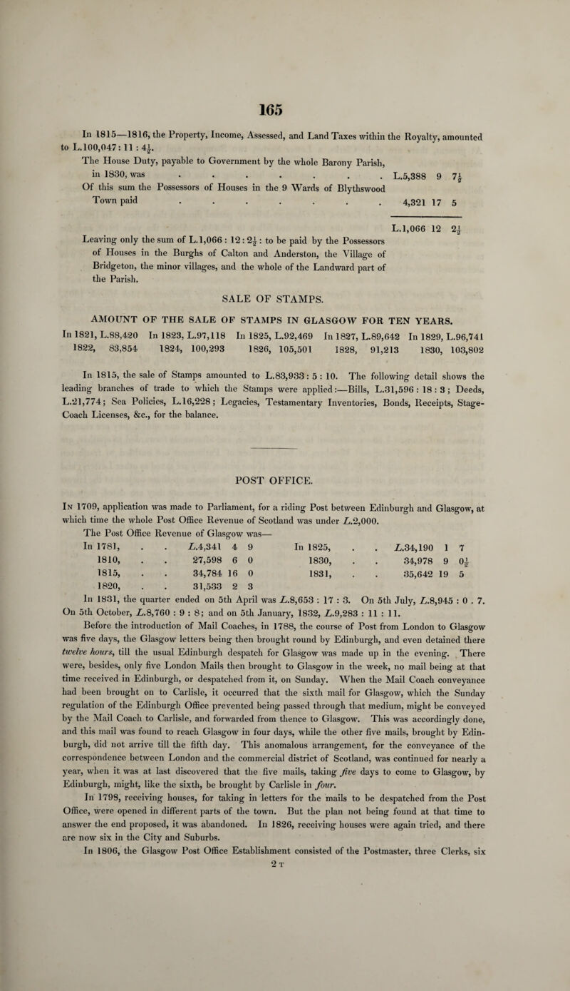 In 1815—1816, the Property, Income, Assessed, and Land Taxes within the Royalty, amounted to L. 100,047: 11 : 4*. The House Duty, payable to Government by the whole Barony Parish, in 1830, was ....... L.5,388 9 Of this sum the Possessors of Houses in the 9 Wards of Blythswood Town paid ....... 4,321 17 5 L.1,066 12 Leaving only the sum of L. 1,066 : 12: 21: to be paid by the Possessors of Houses in the Burghs of Calton and Anderston, the Village of Bridgeton, the minor villages, and the whole of the Landward part of the Parish. SALE OF STAMPS. AMOUNT OF THE SALE OF STAMPS IN GLASGOW FOR TEN YEARS. In 1821, L.88,420 In 1823, L.97,118 In 1825, L.92,469 In 1827, L.89,642 In 1829, L.96,741 1822, 83,854 1824, 100,293 1826, 105,501 1828, 91,213 1830, 103,802 In 1815, the sale of Stamps amounted to L.83,933: 5 : 10. The following detail shows the leading branches of trade to which the Stamps were applied:—Bills, L.31,596 : 18 : 3 ; Deeds, L.21,774; Sea Policies, L.16,228; Legacies, Testamentary Inventories, Bonds, Receipts, Stage- Coach Licenses, &c., for the balance. POST OFFICE. In 1709, application was made to Parliament, for a riding Post between Edinburgh and Glasgow, at which time the whole Post Office Revenue of Scotland was under L.2,000. The Post Office Revenue of Glasgow was— In 1781, L.4,34l 4 9 In 1825, £.34,190 1 7 1810, 27,598 6 0 1830, 34,978 9 0| 1815, 34,784 16 0 1831, 35,642 19 5 1820, . . 31,533 2 3 In 1831, the quarter ended on 5tli April was £.8,653 : 17 : : 3. On 5th July, £.8,945 : 0 On 5th October, L.8,760 : 9 : 8; and on 5th January, 1832, L.9,283 : 11 : 11. Before the introduction of Mail Coaches, in 1788, the course of Post from London to Glasgow was five days, the Glasgow letters being then brought round by Edinburgh, and even detained there twelve hours, till the usual Edinburgh despatch for Glasgow was made up in the evening. There were, besides, only five London Mails then brought to Glasgow in the week, no mail being at that time received in Edinburgh, or despatched from it, on Sunday. When the Mail Coach conveyance had been brought on to Carlisle, it occurred that the sixth mail for Glasgow, which the Sunday regulation of the Edinburgh Office prevented being passed through that medium, might be conveyed by the Mail Coach to Carlisle, and forwarded from thence to Glasgow. This was accordingly done, and this mail was found to reach Glasgow in four days, while the other five mails, brought by Edin¬ burgh, did not arrive till the fifth day. This anomalous arrangement, for the conveyance of the correspondence between London and the commercial district of Scotland, was continued for nearly a year, when it was at last discovered that the five mails, taking Jive days to come to Glasgow, by Edinburgh, might, like the sixth, be brought by Carlisle in four. In 1798, receiving houses, for taking in letters for the mails to be despatched from the Post Office, were opened in different parts of the town. But the plan not being found at that time to answer the end proposed, it was abandoned. In 1826, receiving houses were again tried, and there are now six in the City and Suburbs. In 1806, the Glasgow Post Office Establishment consisted of the Postmaster, three Clerks, six