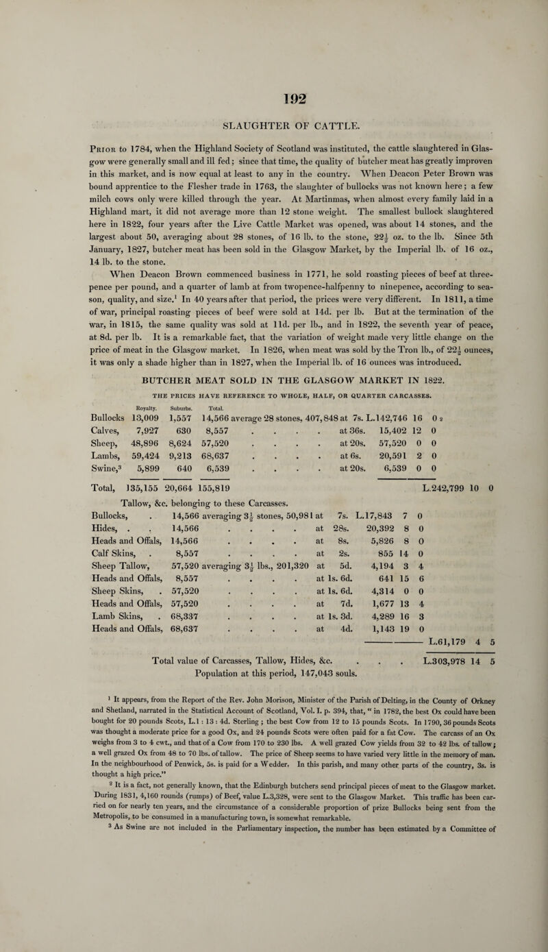 SLAUGHTER OF CATTLE. Prior to 1784, when the Highland Society of Scotland was instituted, the cattle slaughtered in Glas¬ gow were generally small and ill fed; since that time, the quality of butcher meat has greatly improven in this market, and is now equal at least to any in the country. When Deacon Peter Brown was bound apprentice to the Flesher trade in 1763, the slaughter of bullocks was not known here; a few milch cows only were killed through the year. At Martinmas, when almost every family laid in a Highland mart, it did not average more than 12 stone weight. The smallest bullock slaughtered here in 1822, four years after the Live Cattle Market was opened, was about 14 stones, and the largest about 50, averaging about 28 stones, of 16 lb. to the stone, 22| oz. to the lb. Since 5th January, 1827, butcher meat has been sold in the Glasgow Market, by the Imperial lb. of 16 oz., 14 lb. to the stone. When Deacon Brown commenced business in 1771, he sold roasting pieces of beef at three¬ pence per pound, and a quarter of lamb at from twopence-halfpenny to ninepence, according to sea¬ son, quality, and size.1 2 In 40 years after that period, the prices were very different. In 1811, a time of war, principal roasting pieces of beef were sold at 14d. per lb. But at the termination of the war, in 1815, the same quality was sold at lid. per lb., and in 1822, the seventh year of peace, at 8d. per lb. It is a remarkable fact, that the variation of weight made very little change on the price of meat in the Glasgow market. In 1826, when meat was sold by the Tron lb., of 22| ounces, it was only a shade higher than in 1827, when the Imperial lb. of 16 ounces was introduced. BUTCHER MEAT SOLD IN THE GLASGOW MARKET IN 1822. THE PRICES HAVE REFERENCE TO WHOLE, HALF, OR QUARTER CARCASSES. Royalty. Suburbs. Total. Bullocks 13,009 1,557 14,566 average 28 stones, 407,848 at 7s. L.l42,746 16 0s Calves, 7,927 630 8,557 • at 36s. 15,402 12 0 Slieep, 48,896 8,624 57,520 • at 20s. 57,520 0 0 Lambs, 59,424 9,213 68,637 • at 6s. 20,591 2 0 Swine,3 5,899 640 6,539 • at 20s. 6,539 0 0 Total, 135,155 20,664 155,819 L.242,799 10 Tallow, &c. belonging to these Carcasses. Bullocks, 14,566 averaging 3^ stones, 50,981 at 7s. L.l7,843 7 0 Hides, . 14,566 .... at 28s. 20,392 8 0 Heads and Offals, 14,566 .... at 8s. 5,826 8 0 Calf Skins, 8,557 .... at 2s. 855 14 0 Sheep Tallow, 57,520 averaging 3^ lbs., 201,320 at 5d. 4,194 3 4 Heads and Offals, 8,557 .... at Is. 6d. 641 15 6 Sheep Skins, 57,520 .... at Is. 6d. 4,314 0 0 Heads and Offals, 57,520 .... at 7d. 1,677 13 4 Lamb Skins, 68,337 .... at Is. 3d. 4,289 16 3 Heads and Offals, 68,637 .... at 4d. 1,143 19 0 -L.61,179 4 5 Total value of Carcasses, Tallow, Hides, &c. . . . L.303,978 14 5 Population at this period, 147,043 souls. 1 It appears, from the Report of the Rev. John Morison, Minister of the Parish of Delting, in the County of Orkney and Shetland, narrated in the Statistical Account of Scotland, Vol. I. p. 394, that, “ in 1782, the best Ox could have been bought for 20 pounds Scots, L.l : 13 : 4d. Sterling ; the best Cow from 12 to 15 pounds Scots. In 1790, 36 pounds Scots was thought a moderate price for a good Ox, and 24 pounds Scots were often paid for a fat Cow. The carcass of an Ox weighs from 3 to 4 cwt., and that of a Cow from 170 to 230 lbs. A well grazed Cow yields from 32 to 42 lbs. of tallow; a well grazed Ox from 48 to 70 lbs. of tallow. The price of Sheep seems to have varied very little in the memory of man. In the neighbourhood of Penwick, 5s. is paid for a Wedder. In this parish, and many other parts of the country, 3s. is thought a high price.” 2 It is a fact, not generally known, that the Edinburgh butchers send principal pieces of meat to the Glasgow market. During 1831, 4,160 rounds (rumps) of Beef, value L.3,328, were sent to the Glasgow Market. This traffic has been car¬ ried on for nearly ten years, and the circumstance of a considerable proportion of prize Bullocks being sent from the Metropolis, to be consumed in a manufacturing town, is somewhat remarkable. 3 As Swine are not included in the Parliamentary inspection, the number has been estimated by a Committee of