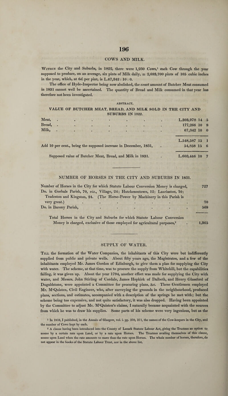 COWS AND MILK. Within the City and Suburbs, in 1822, there were 1,230 Cows,1 each Cow through the year supposed to produce, on an average, six pints of Milk daily, = 2,693,700 pints of 105 cubic inches in the year, which, at Qd. per pint, is L.67,342 : 10 : 0. The office of Hyde-Inspector being now abolished, the exact amount of Butcher Meat consumed in 1831 cannot well be ascertained. The quantity of Bread and Milk consumed in that year has therefore not been investigated. ABSTRACT. VALUE OF BUTCHER MEAT, BREAD, AND MILK SOLD IN THE CITY AND SUBURBS IN 1822. Meat, Bread, Milk, L.303,978 14 5 177,266 10 8 67,342 10 0 L.548,587 15 1 Add 10 per cent., being the supposed increase in December, 1831, . 54,858 15 6 Supposed value of Butcher Meat, Bread, and Milk in 1831. . L.603,446 10 7 NUMBER OF HORSES IN THE CITY AND SUBURBS IN 1831. Number of Horses in the City for which Statute Labour Conversion Money is charged, 727 Do. in Gorbals Parish, 70, viz., Village, 24; Hutchesontown, 12; Laurieston, 10; Tradeston and Kingston, 24. (The Horse-Power by Machinery in this Parish is very great.) ....... 70 Do. in Barony Parish, ...... 568 Total Horses in the City and Suburbs for which Statute Labour Conversion Money is charged, exclusive of those employed for agricultural purposes,2 . 1,365 SUPPLY OF WATER. Till the formation of the Water Companies, the inhabitants of this City were but indifferently supplied from public and private wells. About fifty years ago, the Magistrates, and a few of the inhabitants employed Mr. James Gordon of Edinburgh, to give them a plan for supplying the City with water. The scheme, at that time, was to procure the supply from Whitehill, but the capabilities failing, it was given up. About the year 1794, another effort was made for supplying the City with water, and Messrs. John Stirling of Cordale, James Hopkirk of Dalbetli, and Henry Glassford of Dugaldstone, were appointed a Committee for procuring plans, &c. These Gentlemen employed Mr. M‘Quisten, Civil Engineer, who, after surveying the grounds in the neighbourhood, produced plans, sections, and estimates, accompanied with a description of the springs he met with; but the scheme being too expensive, and not quite satisfactory, it was also dropped. Having been appointed by the Committee to adjust Mr. M'Quisten’s claims, I naturally became acquainted with the sources from which he was to draw his supplies. Some parts of his scheme were very ingenious, but as the 1 In 1816,1 published, in the Annals of Glasgow, vol. i. pp. 370, 371, the names of the Cow-keepers in the City, and the number of Cows kept by each. 2 A clause having been introduced into the County of Lanark Statute Labour Act, giving the Trustees an option to assess by a certain rate upon Land, or by a rate upon Horses. The Trustees availing themselves of this clause, assess upon Land when the rate amounts to more than the rate upon Horses. The whole number of horses, therefore, do not appear in the books of the Statute Labour Trust, nor in the above list.