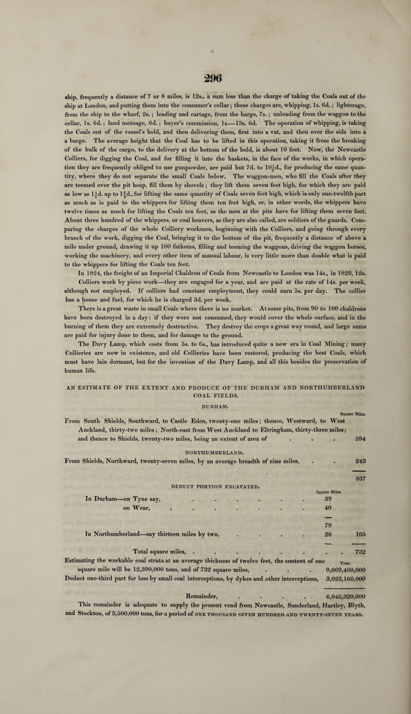 ship, frequently a distance of 7 or 8 miles, is 12s., a sum less than the charge of taking the Coals out of the ship at London, and putting them into the consumer’s cellar; these charges are, whipping, Is. 6d.; lighterage, from the ship to the wharf, 2s.; leading and cartage, from the barge, 7s.; unloading from the waggon to the cellar, Is. 6d.; land meteage, 6d.; buyer’s commission, Is.—13s. 6d. The operation of whipping, is taking the Coals out of the vessel’s hold, and then delivering them, first into a vat, and then over the side into a a barge. The average height that the Coal has to be lifted in this operation, taking it from the breaking of the bulk of the cargo, to the delivery at the bottom of the hold, is about 10 feet. Now, the Newcastle Colliers, for digging the Coal, and for filling it into the baskets, in the face of the works, in which opera¬ tion they are frequently obliged to use gunpowder, are paid but 7d. to 10id., for producing the same quan¬ tity, where they do not separate the small Coals below. The waggon-men, who fill the Coals after they are teemed over the pit heap, fill them by shovels; they lift them seven feet high, for which they are paid as low as l^d. up to l|d.,for lifting the same quantity of Coals seven feet high, which is only one-twelfth part as much as is paid to the whippers for lifting them ten feet high, or, in other words, the whippers have twelve times as much for lifting the Coals ten feet, as the men at the pits have for lifting them seven feet. About three hundred of the whippers, or coal heavers, as they are also called, are soldiers of the guards. Com¬ paring the charges of the whole Colliery workmen, beginning with the Colliers, and going through every branch of the work, digging the Coal, bringing it to the bottom of the pit, frequently a distance of above a mile under ground, drawing it up 100 fathoms, filling and teeming the waggons, driving the waggon horses, working the machinery, and every other item of manual labour, is very little more than double what is paid to the whippers for lifting the Coals ten feet. In 1824, the freight of an Imperial Chaldron of Coals from Newcastle to London was 14s., in 1829, 12s. Colliers work by piece work—they are engaged for a year, and are paid at the rate of 14s. per week, although not employed. If colliers had constant employment, they could earn 5s. per day. The collier has a house and fuel, for which he is charged 3d. per week. There is a great waste in small Coals where there is no market. At some pits, from 90 to 100 chaldrons have been destroyed in a day: if they were not consumed, they would cover the whole surface, and in the burning of them they are extremely destructive. They destroy the crops a great way round, and large sums are paid for injury done to them, and for damage to the ground. The Davy Lamp, which costs from 5s. to 6s., has introduced quite anew era in Coal Mining; many Collieries are now in existence, and old Collieries have been restored, producing the best Coals, which must have lain dormant, but for the invention of the Davy Lamp, and all this besides the preservation of human life. AN ESTIMATE OF THE EXTENT AND PRODUCE OF THE DURHAM AND NORTHUMBERLAND COAL FIELDS. DURHAM. Square Miles. From South Shields, Southward, to Castle Eden, twenty-one miles; thence, Westward, to West Auckland, thirty-two miles ; North-east from West Auckland to Eltringliam, thirty-three miles; and thence to Shields, twenty-two miles, being an extent of area of NORTHUMBERLAND. From Shields, Northward, twenty-seven miles, by an average breadth of nine miles, Square Miles. 39 40 79 In Northumberland—say thirteen miles by two, .... 26 Total square miles, ...... . . Estimating the workable coal strata at an average thickness of twelve feet, the content of one j square mile will be 12,390,000 tons, and of 732 square miles, . . . 9,069,480,000 Deduct one-third part for loss by small coal interceptions, by dykes and other interceptions, 3,023,160,000 Remainder, .... 6,046,320,000 This remainder is adequate to supply the present vend from Newcastle, Sunderland, Hartley, Blyth, and Stockton, of 3,500,000 tons, for a period of one thousand seven hundred and twenty-seven years. DEDUCT PORTION EXCAVATED. In Durham—on Tyne say, . on Wear, . 594 243 837 105 732