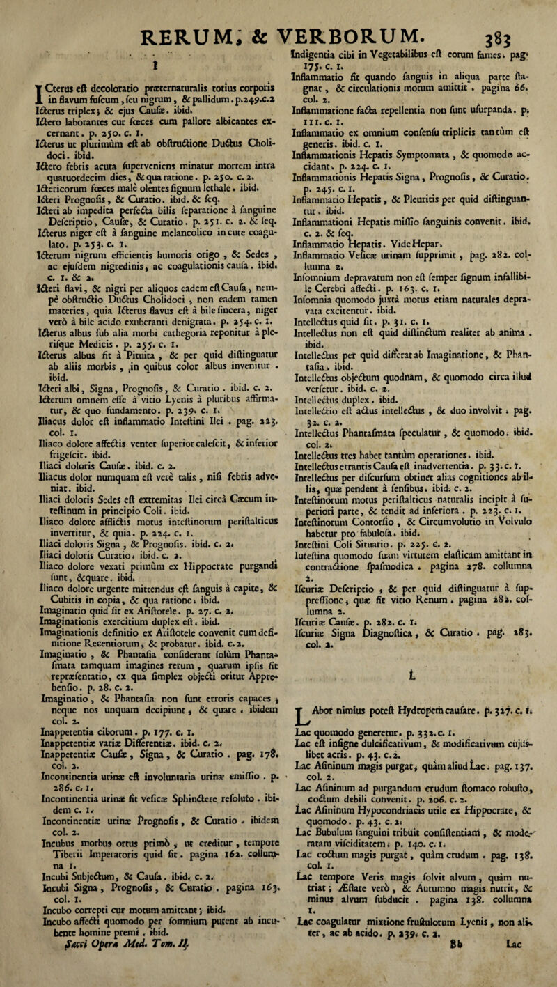 t ICterus eft decoloratio prxternaturalis totius corporis in flavum fufcum, feu nigrum, Sc pallidum. P.249.C.2 I&erus triplex; & ejus Caufse. ibid» Idtero laborantes cur fceces cum pallore albicantes ex¬ cernant . p. 250. c. 1. I&erus ut plurimum eft ab obftru&ione Du&us Choli- doci. ibid. Idlero febris acuta fuperveniens minatur mortem intra quatuordecim dies, & qua ratione, p. 250. c. 2. I&ericorum fasces male olentes fignum lethale. ibid. Ideri Prognofis, Sc Curatio, ibid. & feq. Idteri ab impedita perfedta bilis feparatione a fanguine Defcriptio, Caufae, & Curatio, p. 251. c. 2. & feq. Itterus niger eft a fanguine melancolico in cute coagu¬ lato. p. 253. c. 1. l&erum nigrum efficientis humoris origo , Sc Sedes , ac ejufdem nigredinis, ac coagulationiscaufa. ibid. c. 1. Sc a. Idteri flavi, & nigri per aliquos eadem eft Caufa, nem¬ pe obftru&io Du&us Cholidoci , non eadem tamen materies, quia Itterus flavus eft a bilefincera, niger vero a bile acido exuberanti denigrata. p. 254. c. 1. Mkcrus albus fub alia morbi cathegoria reponitur a ple- rifque Medicis, p. 255. c. I. Idtcrus albus fit a Pituita , Sc per quid diftinguatur ab aliis morbis , tin quibus color albus invenitur . ibid. l&eri albi. Signa, Prognofis, Sc Curatio . ibid. c. 2. Idbcrum omnem efle a vitio Lyenis a pluribus affirma¬ tur, & quo fundamento, p. 239. c. I. % Iliacus dolor eft inflammatio Inteftini Ilei . pag. 2 2 3. coi. 1. Iliaco dolore affedtis venter fuperiorcalefcit, & inferior frigefeit. ibid. Iliaci doloris Caufa;. ibid. c. 2. Iliacus dolor numquam eft vere talis , nifi febris adve¬ niat. ibid. Iliaci doloris Sedes eft extremitas Ilei circa Caecum in- teftinum in principio Coli. ibid. Iliaco dolore affli&is motus inteftinorum periftalticus invertitur, & quia. p. 224. c. 1. Iliaci doloris Signa , Sc Prognofis. ibid. c. 2. Iliaci doloris Curatio, ibid. c. a. Iliaco dolore vexati primum ex Hippocrate purgandi funt, &quare. ibid. Iliaco dolore urgente mitrendus eft (anguis a capite, Sc Cubitis in copia, & qua ratione. ibid. Imaginatio quid fit ex Ariftotele. p. 27. c. 2. Imaginationis exercitium duplex eft » ibid. Imaginationis definitio ex Ariftotele convenit cum defi¬ nitione Recentiorum, & probatur, ibid. e.2. Imaginatio , & Phantafia confiderant folum Phanta* fmata tamquam imagines rerum , quarum ipfis fic reprxfentatio, ex qua fimplex objedti oritur Apprc* henfio. p. 28. C. 2. Imaginatio, Sc Phantafia non funt erroris capaces * neque nos unquam decipiunt, Sc quare . ibidem coi. 2. Inappetentia ciborum. p. 177. c. 1. Inappetcntiae varix Differentiae. ibid. c. 2. Inappetentiae Caufae, Signa, & Curatio . pag. 178. coi. 2. Incontinentia urinae eft involuntaria urinae emiflfio . p. * 286. c. 1, Incontinentia urinae fit veficae Sphin&ere refolufo . ibi¬ dem c. 1, Incontinentis urinae Prognofis, & Curatio « ibidem coi. 2. Incubus morbus ortus primi» , ut creditur , tempore Tiberii Imperatoris quid fit. pagina 162. collutu¬ ra 1. Incubi Subje&um, & Caufa. ibid. c. 2. Incubi Signa, Prognofis, Sc Curatio . pagina 163. coi. i. Incubo correpti cur motum amittant; ibid. Incubo affedti quomodo per fomnium putent ab incu- bente homine premi. ibid. $Ksi Opera Mtd. Tem, Ih Indigentia cibi in Vegetabilibus eft eorum fames, pag* 175. c. 1. . Inflammatio fit quando fanguis in aliqua parte fta- gnat, & circulationis motum amittit . pagina 66. coi. 2. Inflammatione fa<£ba repellentia non funt ufurpanda. p. III. c. 1. Inflammatio ex omnium confenfu triplicis tan tum eft generis, ibid. c. 1. Inflammationis Hepatis Symptomata , Sc quomodo ac¬ cidant. p. 224. c. i. Inflammationis Hepatis Signa, Prognofis, Sc Curatio. р. 245. c. 1. Inflammatio Hepatis, & Pleuritis per quid diftinguan- cur. ibid. Inflammationi Hepatis miflio fanguinis convenit. ibid. с. 2. Sc feq. Inflammatio Hepatis. Vide Hepar. Inflammatio Veficae urinam fupprimit, pag. 282. coi- lumna 2. Infomnium depravatum non eft femper fignum infallibi¬ le Cerebri affedti. p. 163. c. 1. Infomnia quomodo juxta motus etiam naturales depra¬ vata excitentur, ibid. Intellectus quid fit. p. 31. c. I. IncelleCtus non eft quid diftin&um realiter ab anima . ibid. IntelleCtus per quid differat ab Imaginatione, Sc Phatt- tafia. ibid. IntelleCtus objeCtum quodnam, Sc quomodo circa illud verfetur. ibid. c. 2. IntelleCtus duplex, ibid. IncelieCtio eft aCtus intelledus , Si duo invoivit. pag. 32. c. 2. IntelleCtus Phantafmata fpecuiatur, & quomodo, ibid. COI. 2. L IntelleCtus tres Habet tantum operationes. ibid. IntelleCtus errantis Caufa eft inad vertentia. p. 33 .cA. IntelleCtus per difeurfum obtinet alias cognitiones ab il¬ lis, qux pendent a fenfibus» ibid. c. a. Inteftinorum motus periftalticus naturalis incipit d fu- periori parte, Sc tendit ad inferiora . p. 223. c. 1. Inteftinorum Concorfio , Sc Circumvolutio in Volvulo habetur pro fabulofa. ibid. Inteftini Coli Situatio. p. 225. C. 2. Iuteftina quomodo fuam virtutem elafticdm amittant in contraCtione fpafmodica * pagina 278. collumna 2. Ifeuriae Defcriptio * & per quid diftinguatur a fup- preffione, qua; fic vitio Renum, pagina 282. col¬ lumna 2. Ifcurix Caufae. p. 282. c. I. Ifcurix Signa Diagnoftica, Sc Curatio . pag. 283. coi. a. L j^Abor nimius poteft Hydropemcaufare. p. 327.c. U Lac quomodo generetur, p. 332.C. 1. Lac eft infigne dulcificativum, Sc modificativum cujus- libec acris, p. 43. c.2. Lac Afininum magis purgat* quam aliud Lac. pag. 137. coi. 2. Lac Afininum ad purgandum crudum ftomaco robufto, coCtum debili convenit. p. 206. c. 2. Lac Afinifium Hypoeondriacis utile ex Hippocrate, & quomodo. p. 43. c. 2. Lac Bubulum (anguini tribuit confidentiam , & mode- ratam vifeiditatem * p. 140. c. u Lac coCtum magis purgat, quam crudum . pag. 138. coi. 1. Lac tempore Veris magis folvic alvum, quam nu¬ triat; i£ftacc vero, & Autumno magis nutrit, & minus alvum fubducit . pagina 138. collumna I. Lac coagulatur mixtione fruftulorum Lyenis , non alk ter, ac ab acido, p. 239. c. 2. 8b Lac