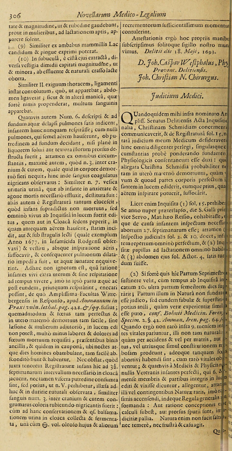 tate &amp; magnitudine, ut &amp; rubedine gaudebant, prout in mulieribus, ad ladationem aptis, ap¬ parere folenr. (9) Similiter cx ambabus mammillis Lac candidum &amp; pingue exprimi poterat. (10) In fubucula, e eida ejus extra da, di- verfa veftigia dimidii capitati magnitudine, ut &amp; minora, ab effluente &amp; naturali crafibiade oborta. Similiter II. exiguum thoracem, ligamenti inftar convolutum, quo, ut apparebat, abdo¬ men ligaverat ; ficut &amp; in altera manica, quae forte nimis propenderat, multum fanguinis apparebar. Quamvis autem Nuro. 6. deferipti &amp; ad fundum aquae dclapfi pulmones fatis indicent, infantem hunc nunquam rcfpiraflej cum nulli pulmones,quifemel aerem hauferunt, obpu- rredinem ad fundum decidant , mfi plane in liquorem foluti auc texiuraillorum prorfusde- ftruda fuerit ; attamen ex omnibus circum¬ flandis , maxime autem, quod n. 3. inter cra¬ nium &amp; cutem, quale quid in corpore demor¬ tuo fieri nequit, hinc inde fanguis coagulatus nigricans obfervatus : Similiter n. 7. vefica urinaria urina, quae ab infante in anxietate &amp; agone mortis neceflaribeffluxit, deftitutafuit: alias autem e Regiflratura tantum elueefeit ? quod infans fupradidus non mortuus, fed omnino vivus ab Inquifita in lucem fuerit edi¬ tus , quem aut in Cloaca fedens peperit, in quam antequam aerem hauferit, flatim inci¬ dit, aut &amp; fub ftragulis ledi (quale exemplum Anno 1677. in Infanticida Rodgenfi obfer- vavi) &amp; veftitu , absque infpiraiione aeris, fuffocavir, &amp; confcquemer pulmonum dilata¬ tio lmpedfa fuit , ut aquae innatare nequive¬ rint. Adhac non ignotum cft, qua ratione infantes vivi extra uterum &amp; fine relpiratione ad tempus vivere , imo in ipso partu aeque ac poft eundem, priusquam refpirarint, enecari poffint, de quo Ampliffima-Facultas Witte- bergenlis in Refponlb, apudAmf^annum in Praxi vuln. LethaL pag. 428. &amp;fqqSwhx\% j quemadmodum &amp; tbetus tam perfedus &amp; in uteio materno demortuus tam facile, fine lsefione &amp; mulierum adjutorio , in lucem edi non poteft, multo minus labores &amp; dolores ad foetum mortuum requifiti, prsefentibus binis ancillis,&amp; quidem in caupona, ubi nodes at¬ que dies homines obambulant, tam facile ab. fcondito fiunt &amp; habentur. Nec obftat, quod juxta tenorem Regifiraturae infans hic ad 35. feptimanarum intervallum neceflario in cloaca jacuerit, nec tamen vifcera putredine confumta fint, fed potius, ut n. V. perhibetur, illaefa ad¬ huc &amp; in duririe naturali obfervata , fimiliter languis num. 3. inter cranium &amp; cutem con- grumatus coloris rubicundo-nigricantis fuerit: cum ad hanc confervationem &amp; qf. balfama- tionem urina in cloaca colieda &amp; fermenta-1 ta, una cum 0. vol. oleolo hujus &amp; aliorum recrementorum lufficientiflimum momentui contulerint. Atreftationis ergo hoc propriis manibi fubfcripfimus folitoque figillo noftro mun vimus. Pelitii die 1 8. Maji , 1693. D. Job.Casfar WNcJipbalus, Pbj^ Provine. Peliticnfis. Job. Cbrijlian N Chirurgus. Judicium Medici. QUandoquidem mihi infra nominato An pliflf. Senatus Delitienfls Ada Inquifit» nalia , Chriftmam Schmidiam concernenti communicaverit, &amp; de Regiflratura fol. 1 f.n tata judicium meum Medicum defideraveri hinc omniadiligenter perlegi, fingulasquec cumftantias probe ponderando fundamen Phyfiologicis confentaneum efle duxi : qut allegata Chriftina Schmidia probabiliter n&lt; tam in utero maserno demortuum, quam i vum &amp; quoad partes corporis perfeduru i fantemin lucem ediderit, cumque prius, qua aerem infpirare potuerit, fuffocarit. Licet enim Inquifita (1) fol. 15. perhibet Se anno nuper prsterlapfo, die S. Galli prir Jit vice Servo, Matthaeo Reifio, cohabitafle, que de caufa infantem infpedum necefla abortum 27. feptimanarum efle; attamen ( Infpedio judicialis fol. 2. &amp; 10. docet, infi \ ie, tem repertum omnino perfe£tum,&amp; (2) Inq fits papillas ad ladationem omnino habil &amp; (3) abdomen ejus fol. Ador. 4. fatis tur dum fuifie. (2) Si forte quis hic Partum Septimeftn bftinere velit, cum tempus ab Inquifita ii ;atum 10. ultra partum femeflrem dies fuj ■ :arit; Partum illum in Natura non fundati 1 ^ :flejudico, fed eundem fabulaa &amp; fuperftiti' i potius anili, quam verae experientis fi m 11 1 ;fle puto, conf. Bohnii Medicin. Foveri Specim. 2. §,42. Amtnan. Iren.pag. 64-/; Quando ergo nem raro infra 9. menfem ini - :cs vitales pariumur, illi non tam naturali' &gt; quam per accidens &amp; vel per matris, aut j&gt; ;us, vel utriusque fimul conftitutioncm rri aofam prodeunt, adeoque tanquam fo s ibortivi habendi fint, cum raro vitales ob '®1! t ^entut; &amp; quamvis a Medicis &amp; Phyficisni Hillis Veteranis infantes perfedi, qui 6. &amp; '• nenfe membris &amp; partibus integris in lu#1 :diti &amp; vixiflfe dicuntur, allegentur, attan-n Ili vel contingentibus Naturs raris, imo ra ■ imis accenfendi, indeque Regula generalis in ormanda : Aut ratione conceptionis ei &gt;r :aleuli fubeft, aut prorfus lpurii funt, irr !»c| licitis pallia. Natura enim non facit falti lec temere, necfruftra&amp;cafuagit.