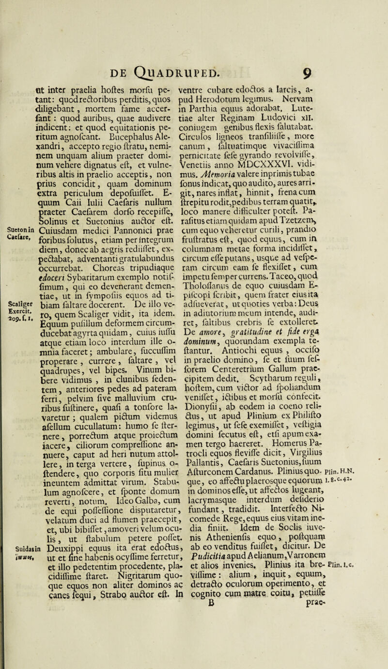 Ut inter praelia hoftes morfu pe- ventre cubare edo&os a Iarcis, a- tant: quodre&oribus perditis, quos pud Herodotum legimus. Nervam diligebant, mortem fame accer- in Parthia equus adorabat, Lute- fant : quod auribus, quae audivere tiae alter Reginam Ludovici xll. indicent: et quod equitationis pe- coniugem genibus flexis falutabat. ritum agnofcant. Bucephalus Ale- Circulos ligneos tranfiliifle, more xandri, accepto regio ftratu, nemi- canum, faltuatimque vivaciflirna nem unquam alium praeter domi- pernicitate fele gyrando revoivifle, num vehere dignatus eft, etvulne- Venetiis anno MDCXXXVI. vidi- ribus altis in praelio acceptis, non mus. Alemoria valereinprimistubae prius concidit, quam dominum fonus indicat, quo audito, aures arri- extra periculum depofuiflet. E- git, nares inflat, hinnit, frena cum quum Caii Iulii Caefaris nullum ftrepitu rodit,pedibus terram quatit* praeter Caefarem dorfo recepifle, loco manere difficulter potelt. Pa- oolinus et Suetonius au&or efl. rafitus etiam quidam apud Tzetzerr^ Suetonin Cuiusdam medici Pannonici prae cum equo veheretur curili, prandio Cacfirc, foribusfolutus, etiam perintegrum fruftratus efl:, quod equus, cum in diem, donec ab aegris rediiflet, ex- columnam metae forma incidiflet, pedabat, adventanti gratulabundus circum efle putans, usque ad vefpc- occurrebat. Choreas tripudiaque ram circum eam fe flexiflet, cum edoceri Sybaritarum exemplo notif- impetu fempercurrens.Taceo, quod fimum, qui eo devenerant demen- Tholoflanus de equo cuiusdam E- tiae, ut in fympoliis equos ad ti- pifeopi feribit, quem frater eius ita Scaiigct biam laltare docerent. De illo ve- adfueverat, ut quoties verba: Deus Exercit. rc>a quem Scaliger vidit, ita idem, in adiutoriummeum intende, audi- 2°9, 'u Equum puflllum deformem circum- ret, faltibus crebris fe extolleret, ducebat agyrta quidam, cuius iuflii De amore, gratitudine et fide erga atque etiam loco interdum ille o- dominum, quorundam exempla te- mnia faceret; ambulare, fuccuflim flantur. Antiochi equus , occifo properare , currere , faltare , vet in praelio domino, fe et luum fef- quadrupes, vel bipes. Vinum bi- forem Centeretrium Gallum prae¬ bere vidimus , in clunibus feden- cipitem dedit, Scytharum reguli, tem, anteriores pedes ad pateram hoftem, cum vi&or ad fpoliandum ferri, pelvim five malluvium cru- veniflet, i&ibus et morfu confecit, ribus fuftinere, quafi a tonfore la- Dionyfii, ab eodem in coeno reli- varetur ; qualem pi&um videmus dus, ut apud Plinium ex Philifto afellum cucullatum: humo fe fler- legimus, ut fefe exemiflet, veftigia nere, porre&um atque proie&um domini fecutus efl, etfi apumexa- iacere> ciliorum compreffione an- men tergo haereret. Homerus Pa- nuere, caput ad heri nutum attol- trocli equos flevifle dicit, Virgilius Iere, in terga vertere, fupiniia o- Pallantis, Caefaris Suetonius,luum ftendere, quo corporis fitu mulier Afturconem Cardanus. Plinius quo-piin.H.N. ineuntem admittat virum. Stabu- que, eo affe&uplaerosqueequorum lum agnofeere, et fponte domum in dominos efle, ut afledos lugeant, revert?, notum. Ideo Galba, cum lacrymasque interdum defiderio de equi pofleffione disputaretur, fundant, tradidit. Interfefto Ni- velatum duci ad flumen praecepit, comede Rege, equus eius vitam ine- et, ubi bibiflet, amoveri velum ocu- dia finiit. Idem de Sociis iuve- lis, ut ftabulum petere poflet. nis Athenienfis equo, poftquam > Suidasin Deuxippi equus ita erat edo&us, ab eo venditus fuiflet, dicitur. De fastu, ut et fine habenis ocyflime ferretur, Pudicitia apud Aelianum,Varronem et illo pedetentim procedente, pia- et alios invenies, Plinius ita bre-Piin.i.c. cidiffime flaret. Nigritarum quo- viffime : alium , inquit, equum, que equos non aliter dominos ac detraflo oculorum operimento, et canes fequi, Strabo auftor eft. In cognito cum matre coitu, petiifle B prae-