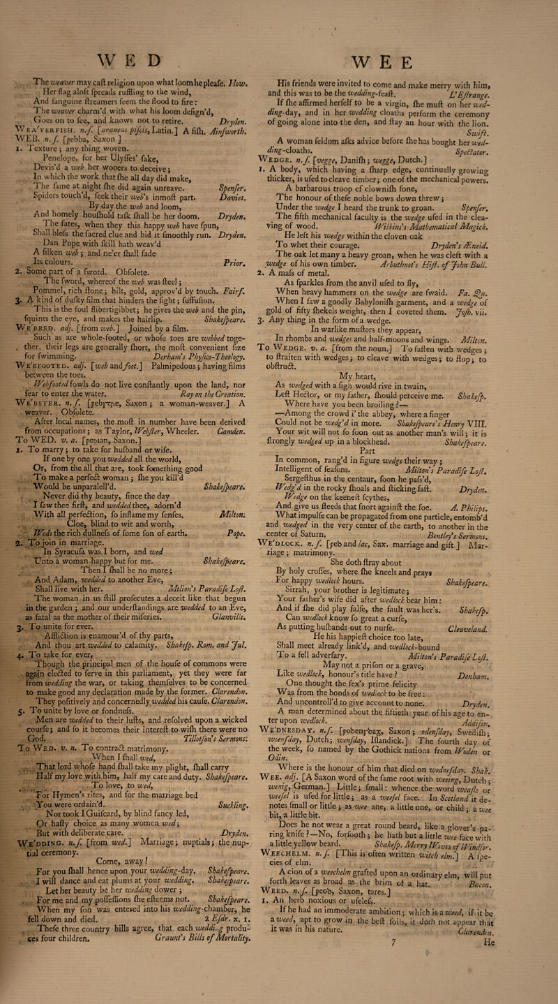 / WED The weaver may call religion upon what loomhepleafe. How. Her flag aloft fpreads ruffling to the wind. And fanguine ftreamers feem the flood to fire: The weaver charm’d with what his loom defign’d, Goes on to fee, and knows not to retire. Dryden. Wea'verfish. n.f. [araneus pifcis, Latin.] A filh. Ainfworth. WEB. n.f. [pebba, Saxon ] 1. Texture; any thing woven. Penelope, for her Ulyfles’ fake, Devis’d a web her wooers to deceive; In which the work that (he all day did make, i he fame at night fhe did again unreave. Spenfer. Spiders touch d, feek their web's inmoft part. Davies. By day the web and loom, And homely houfhold tafk (hall be her doom. Dryden. The fates, when they this happy web have fpun. Shall blefs the facred clue and bid it fmoothly run. Dryden. Dan Pope with fkill hath weav’d A filken web ; and ne’er fhall fade Its colours. Prior. 2. Some part of a fword. Obfolete. The fword, whereof the web was fteel; Pommel, rich ftone; hilt, gold, approv’d by touch. Fairf. 3. A kind of dufky film that hinders the fight; fuffufion. This is the foul flibertigibbet; he gives the web and the pin, fquints the eye, and makes the hairlip. Sbakefpeare. We bbed, adj. [from web.] Joined by a film. Such as are whole-footed, or whofe toes are webbed toge- , ther, their legs are generally fhort, the mod convenient fize for fwimming. Derham's Phyfco-Theology. We'bfooted. adj. [web foot.] Palmipedous ; having films between the toes. Webfooted fowls do not live conftantly upon the land, nor fear to enter the v/ater. Ray on the Creation. Web ster. n.f. [pebyr-pe, Saxon; a woman-weaver.J A weaver. Obfolete. After local names, the mod in number have been derived from occupations; as Taylor, Webjier, Wheeler. Camden. To WED. v. a. [pesian, Saxon.] 1. To marry ; to take for hufband or wife. If one by one you wedded all the world. Or, from the all that are, took fomething good To make a perfect woman; Ihe you kill’d Would be unparalell’d. Sbakefpeare. Never did thy beauty, fince the day I faw thee firft, and wedded thee, adorn’d With all perfection, fo inflame my fenfes. Milton. Cloe, blind to wit and worth, Weds the rich dullnefs of fome fon of earth. Pope. 2. To join in marriage. In Syracufa was 1 born, and wed Unto a woman happy but for me. Sbakefpeare. Then I fhall be no more; And Adam, wedded to another Eve, Shall live with her. Mtlion's Paradife Lojl. The woman in us Itill profecutes a deceit like that begun in the garden ; and our underftandings are wedded to an Eve, as fatal as the mother of their miferies. Glanville. 3. To unite for ever. Affliction is enamour’d of thy parts. And thou art wedded to calamity. Shakcfp. Rom. and Jul. 4. To take for ever* Though the principal men of the houfe of commons were again eleCted to ferve in this parliament, yet they were far from wedding the war, or taking themfelves to be concerned to make good any declaration made by the former. Clarendon. They positively and concernedly wedded his caufe. Clarendon, 5. To unite by love or fondnefs. Men are wedded to their lufts, and refolved upon a wicked courfe; and fo it becomes their intereft to wifh there were no God. Tillotfon's Sermons: To Wed. v. n. To contraCl matrimony. When I {hall wed. That lord whofe hand fhall take my plight, fhall carry Half my love with him, half my care and duty. Sbakefpeare. To love, to wed. For Hymen’s rites, and for the marriage bed You were ordain’d. Suckling. Nor took IGuifcard, by blind fancy led, Or hafly choice as many women wed; But with deliberate care. Dryden. We'dding. n.f [from wed.] Marriage; nuptials; the nup¬ tial ceremony. Come, away! For you fhall hence upon your wedding-day. Sbakefpeare. I will dance and eat plums at your wedding. Sbakejpeare. Let her beauty be her wedding dower ; For me and my pofleffions fhe eftcems not. Sbakefpeare. When my fon was entered into his wedding-chamber, he fell down and died. 2 EJdr. x. 1. Thefe three country bills agree, that each wedd'u.g produ¬ ces four children. Graunt's Bills of Mortality. WEE ITis friends were invited to come and make merry with him, and this was to be the wedding-fcaft. L'EJlrangc. If fhe affirmed herfelf to be a virgin, fhe muft on her wed¬ ding-fay, and in her wedding cloaths perform the ceremony of going alone into the den, and flay an hour with the lion. Swift. A woman feldom afks advice before fhe has bought her wed- ding-cloaths. Spectator. Wedge, n.f. [vegge, Danifh; wegge, Dutch.] 1. A body, which having a fharp edge, continually growing thicker, is u fed to cleave timber; one of the mechanical powers. A barbarous troop cf clownifh fone, The honour of thefe noble bows down threw; Under the wedge I heard the trunk to groan. Spenfer. The fifth mechanical faculty is the wedge ufed in the clea¬ ving of wood. Wilkins's Mathematical Magick. He left his wedge within the cloven oak To whet their courage. Dryden's /Eneid. The oak let many a heavy groan, when he was cleft with a wedge of his own timber. Arbuthnot's Htft. of John Bull. 2. A mafs of metal. As fparkles from the anvil ufed to fly. When heavy hammers on the wedge are fwaid. Fa. fht. When I faw a goodly Babylonifh garment, and a wedge of gold of fifty fhekels weight, then I coveted them. JoJh. vii. 3. Any thing in the form of a wedge. In warlike mufters they appear. In rhombs and wedges and half-moons and wings. Milton. To Wedge, v. a. [from the noun.] To faften with wedges ; to ftraiten with wedges; to cleave with wedges; to flop; to obftrudl. My heart. As wedged with a figh would rive in twain, Left Hedlor, or my father, fhould perceive me. Shakefp. Where have you been broiling ?— —Among the crowd i’ the abbey, where a finger Could not be wedg'd in more. Sbakefpeare's Henry VIII. Your wit will not fo foon out as another man’s will; it is flrongly wedged up in a blockhead. Sbakefpeare. Part In common, rang’d in figure wedge their way ; Intelligent of feafons. Miltons Paradife Lojl. Sergefthus in the centaur, foon he pafs’d, W’dg'd in the rocky fhoals and flicking fall. Dryden. Wedge on the keeneft feythes, And give us fleeds that fnort again ft the foe. A. Philips. What impulfe can be propagated from one particle, entomb’d and wedged in the very center of the earth, to another in the center of Saturn. Bentley's Sermons. We'dlock. n. f. [peb and lac, Sax. marriage and gift.] Mar¬ riage ; matrimony. She doth ftray about By holy crofies, where fhe kneels and prays I or happy wedlock hours. Sbakefpeare. Sirrah, your brother is legitimate; Your father’s wife did after wedlock bear him: And if fhe did play falfe, the fault washer’s. Shakcfp. Can wedlock know fo great a curfe, As putting hufbands out to nurfe. Cleaveland. He his happieft choice too late. Shall meet already link’d, and wedlock-bound To a fell adverfary. Milton's Paradife Lojl. May not a prifon or a grave, Like wedlock, honour’s title have ? Denham. One thought the fex’s prime felicity Was from the bonds of wedlock to be free : And uncontroll’d to give account to none. Dryden. A man determined about the fiftieth year of his age to en¬ ter upon wedlock. Addifon. Wednesday, n.f. [pobenybaj, Saxon; odenfday, Swedifh; woenfday, Dutch; wenfday, Iflandick.] The fourth day of the week, fo named by the Gothick nations from Woden or Odin. Where is the honour of him that died on wedmfday. Shak. Wee. adj. [A Saxon word of the fame root with weeing, Dutch *; wenig, German.] Little; fmall: whence the word weajls or weefel is ufed for little; as a weejel face. In Scotland it de¬ notes fmall or little ; as wee ane, a little one, or child • anw bit, a little bit. Does he not wear a great round beard, like a glover’s pa¬ ring knife ?—No, forfooth; he hath but a little wee face with a little yellow beard. _ Shakefp. Merry Wives of Wind for. Weechelm. n. f [This is often written witch elm.] A fpe- cies of elm. J t A cion of a weechelm grafted upon an ordinary elm, will put forth leaves as broad as the brim ot a hat. 7 Bacon. Weed. n.J, [peob, Saxon, tares.] I. An herb noxious or ufelefs. If he had an immoderate ambition; which is a weed, if it be %weed,^ apt to grow in the bell foils, it doth not appear that it was in his nature. Clarendon. 7 He