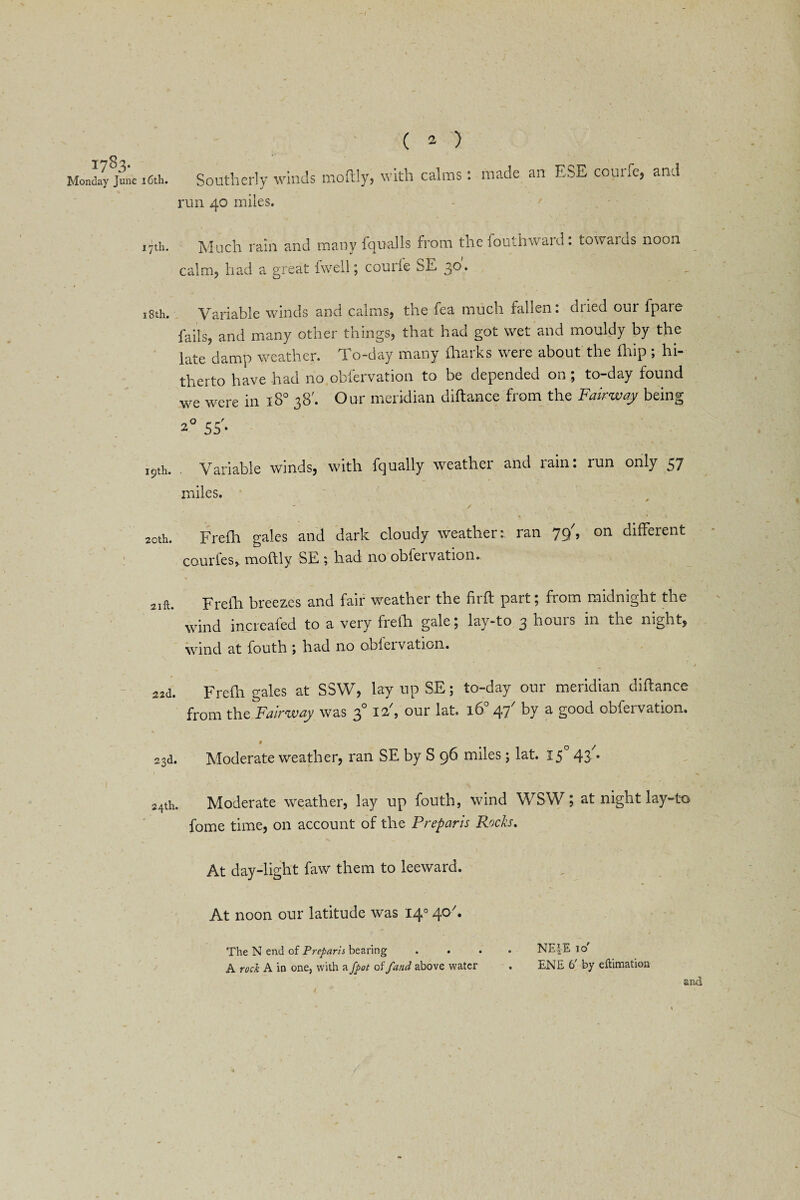 -I 1783. Monday June 16th. Southerly winds run 40 miles. ( 2 ) Is moftly, with calms: made an ESE courfe, and 17th. Much rain and many fqualls from the fouth ward: towards noon calm, had a great fwell; courfe SE 30. 18th. Variable winds and calms, the fea much fallen: dried our fpare fails, and many other things, that had got wet and mouldy by the late damp weather. To-day many {harks were about the fhip; hi¬ therto have had no obfervation to be depended on ; to-day found we were in 18° 38'. Our meridian diftance from the Fairway being 19th. . Variable winds, with fqually weather and rain: run only 57 miles. / 20th. Frefh gales and dark cloudy weather: ran 79', on different courfes,. moftly SE ; had no obfervation. 2ift. Frefh breezes and fair weather the fhft part; from midnight the wind increafed to a very frefh gale 5 lay-to 3 houis in the night, wind at fouth \ had no obfeivation. ssd. Frefh gales at SSVV, lay up SE; to-day our meridian diftance from the Fairway was 30 iT, our lat. 160 47' by a good obfervation. 9 23d. Moderate weather, ran SE by S 96 miles; lat. 15 43 . 24th. Moderate weather, lay up fouth, wind WSW; at night lay-to fome time, on account of the P-reparis Rocks. At day-light faw them to leeward. At noon our latitude was 140 40A The N end of Preparh bearing .... NEJE 10 A rod A in one, with a fpot of fund above water . ENE 6' by eftimation and