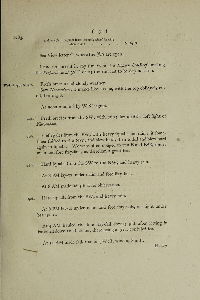 1783- and two i/lots, disjunct from the main ijland, bearing when in one .... NE by N See View ietter C, where the ijlots are open. I find no current in my run from the TLaJlern Sea-Reef, making the Freparis lie 40 30' E of it; the run not to be depended on. ' , _ t ( , * Wednefday June 25th. Frefh breezes and cloudy weather. Saw Narcondam; it makes like a cone, with the top obliquely cut off, bearing S. At noon tt bore S by W» 8 leagues. 26th. Frefhbreezes from the SW, with rain; lay up SE ; loft fight of Narcondam. 2?th. Frefh gales from the SW, with heavy fqualls and rain ; it fome- times fhifted to the NW, and blew hard, then lulled and blew hard again in fqualls. We were often obliged to run E and ESE, under main and fore ftay-fails, as there ran a great fea. 2Sth. Hard fqualls from the SW to the NW, and heavy rain. At 8 PM lay-to under main and fore ftay-fails. At 8 AM made fail; had no obfervation. . # *. v — 0 29th. Hard fqualls from the SW, and heavy rain. At 6 PM lay-to under main and fore ftay-fails, at night under bare poles. At 4 AM hauled the fore ftay-fail down; juft after fetting it battened down the hatches, there being a great confufed fea. * x At II AM made fail, (landing Weft, wind at South- Heavy