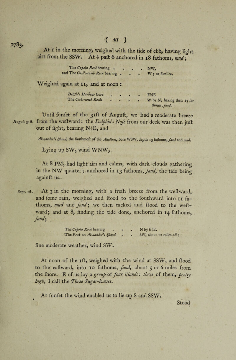 ^. 17.83. At 1 in the morning, weighed with the tide of ebb, having light airs from the SSW. At i paft 6 anchored in 18 fathoms, mud; The Cupola Rock bearing , . , NW, and The Cock’s-coml Rock bearing . . % W 7 or 8 miles. Weighed again at n, and at noon : Deli/le’s Harbour bore .... ENE The Cocks-comb Rocks • « . . W by N, having then 17 fa-* thorns, fund. s t ' -V * • Until funfet of the 31ft of Auguft, we had a moderate breeze Augufl 31ft. from the weftward : the Dolphins Nofe from our deck was then juft out of fight, bearing NiE, and Alexander's IJland, the fouthmolt of the Aladlnes, bore WSW, depth 13 fathoms, fand and mud. Lying up SW, wind WNW, * At 8 PM, had light airs and calms, with dark clouds gathering in the NW quarteranchored in 13 fathoms, fand, the tide being againft us. Sept. ift. At 3 in the morning, with a frefh breeze from the weftward, and fome rain, weighed and flood to the fouthward into 11 fa¬ thoms, mud and fand; we then tacked and ftood to the weft¬ ward; and at 8, finding the tide done, anchored in 14 fathoms, fand-. The Cupola Rock bearing . . . N by E|E, The Peak on Alexander’s IJland . . SW, about 12 miles off: fine moderate weather, wind SW. At noon of the ift, weighed with the wind at SSW, and ftood to the eaftward, into io fathoms, fand, about 5 or 6 miles from the lhore. E of us lay a group of four islands: three of them, pretty high, I call the Three Sugar-loaves. At funfet the wind enabled us to lie up S and SSW. Stood