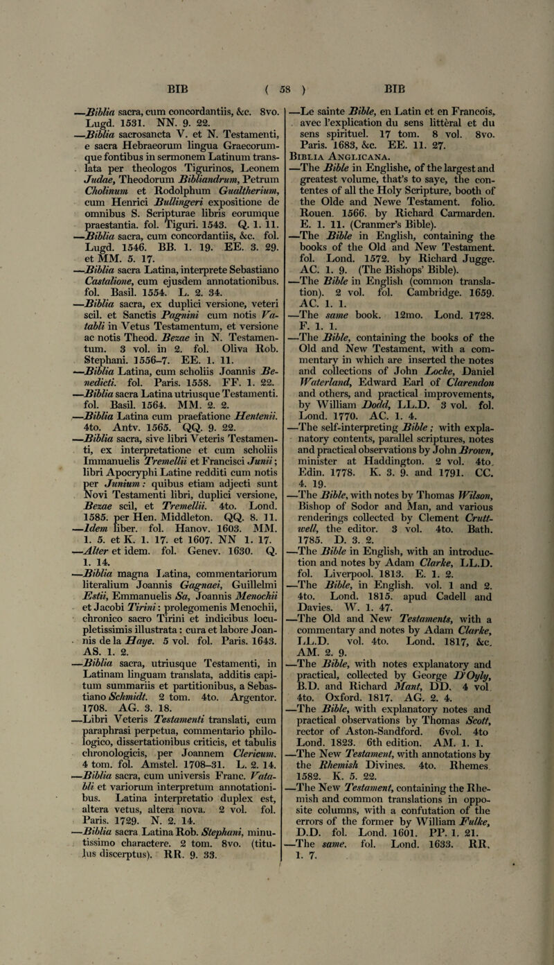 —Biblia sacra, cum concordantiis, &c. 8vo. Lugd. 1531. NN. 9. 22. —Biblia sacrosancta V. et N. Testamenti, e sacra Hebraeorum lingua Graecorum- que fontibus in sermonem Latinum trans¬ lata per theologos Tigurinos, Leonem Judae, Theodorum Bibliandrum, Petrum Cholinum et Rodolphum Gualtherium, cum Henrici Bullingeri expositione de omnibus S. Scripturae libris eorumque praestantia, fol. Tiguri. 1543. Q. 1. 11. —.Biblia sacra, cum concordantiis, &c. fol. Lugd. 1546. BB. 1. 19. EE. 3. 29. et MM. 5. 17. —Biblia sacra Latina, interprete Sebastiano Castalione, cum ejusdem annotationibus, fol. Basii. 1554. L. 2. 34. —Biblia sacra, ex duplici versione, veteri scii, et Sanctis Pagnini cum notis Va- tabli in Vetus Testamentum, et versione ac notis Theod. Bezae in N. Testamen¬ tum. 3 vol. in 2. fol. Oliva ltob. Stephani. 1556-7. EE. 1. 11. -—Biblia Latina, cum scholiis Joannis Be¬ nedicti. fol. Paris. 1558. FF. 1. 22. —Biblia sacra Latina utriusque Testamenti, fol. Basii. 1564. MM. 2. 2. —Biblia Latina cum praefatione Hentenii. 4to. Antv. 1565. QQ. 9. 22. —Biblia sacra, sive libri Veteris Testamen¬ ti, ex interpretatione et cum scholiis Immanuelis Tremellii et Francisci Junii; libri Apocryphi Latine redditi cum notis per Junium: quibus etiam adjecti sunt Novi Testamenti libri, duplici versione, Bezae scii, et Tremellii. 4to. Lond. 1585. per Hen. Middleton. QQ. 8. 11. —Idem liber, fol. Hanov. 1603. MM. 1. 5. et K. 1. 17- et 1607. NN 1. 17. —Alter et idem. fol. Genev. 1630. Q. 1. 14. —Biblia magna Latina, commentariorum literalium Joannis Gagnaei, Guillelmi Estii, Emmanuelis Sa, Joannis Menochii et Jacobi Tirini: prolegomenis Menochii, chronico sacro Tirini et indicibus locu¬ pletissimis illustrata: cura et labore Joan- - nis de la Haye. 5 vol. fol. Paris. 1643. AS. 1. 2. —Biblia sacra, utriusque Testamenti, in Latinam linguam translata, additis capi¬ tum summariis et partitionibus, a Sebas¬ tiano Schmidt. 2 tom. 4to. Argentor. 1708. AG. 3. 18. —Libri Veteris Testamenti translati, cum paraphrasi perpetua, commentario philo- logico, dissertationibus criticis, et tabulis chronologicis, per Joannem Clericum. 4 tom. fol. Amstel. 1708-31. L. 2. 14. —Biblia sacra, cum universis Franc. Vata- bli et variorum interpretum annotationi¬ bus. Latina interpretatio duplex est, altera vetus, altera nova. 2 vol. fol. Paris. 1729. N. 2. 14. —Biblia sacra Latina Rob. Stephani, minu¬ tissimo charactere. 2 tom. 8vo. (titu¬ lus discerptus). RR. 9. 33. —Le sainte Bible, en Latin et en Francois, avec 1’explication du sens litteral et du sens spirituel. 17 tom. 8 vol. 8vo. Paris. 1683, &c. EE. 11. 27. Biblia Anglicana. —The Bible in Englishe, of the largest and greatest volume, that’s to saye, the con- tentes of ali the Holy Scripture, booth of the Olde and Newe Testament. folio. Rouen. 1566. by Richard Carmarden. E. 1. 11. (Cranmer’s Bible). —The Bible in English, containing the books of the Old and New Testament. fol. Lond. 1572. by Richard Jugge. AC. 1. 9. (The Bishops’ Bible). —The Bible in English (common transla- tion). 2 vol. fol. Cambridge. 1659. AC. 1. 1. —The same book. 12mo. Lond. 1728. F. 1. 1. —The Bible, containing the books of the Old and New Testament, with a com- mentary in which are inserted the notes and collections of John Locke, JDaniel Waterland, Edward Earl of Clarendon and others, and practical improvements, by William Dodd, LL.D. 3 vol. fol. Lond. 1770. AC. 1. 4. —The self-interpreting Bible; with expla- natory contents, parallel scriptures, notes and practical observations by John Brown, minister at Haddington. 2 vol. 4to. Edin. 1778. K. 3. 9. and 1791. CC. 4. 19. —The Bible, with notes by Thomas Wilson, Bishop of Sodor and Man, and various renderings collected by Clement Crutt- well, the editor. 3 vol. 4to. Bath. 1785. D. 3. 2. —The Bible in English, with an introduc- tion and notes by Adam Clarlce, LL.D. fol. Liverpool. 1813. E. 1. 2. —The Bible, in English. vol. 1 and 2. 4to. Lond. 1815. apud Cadell and Davies. W. 1. 47. —The Old and New Testaments, with a commentary and notes by Adam Clarke, LL.D. vol. 4to. Lond. 1817, &c. AM. 2. 9. —The Bible, with notes explanatory and practical, collected by George UOyly, B.D. and Richard Mant, DD. 4 vol, 4to. Oxford. 1817. AG. 2. 4. —The Bible, with explanatory notes and practical observations by Thomas Scott, rector of Aston-Sandford. 6vol. 4to Lond. 1823. 6th edition. AM. 1. 1. —The New Testament, with annotations by the Rhemish Divines. 4to. Rhemes. 1582. K. 5. 22. —The New Testament, containing the Rhe¬ mish and common translations in oppo¬ site columns, with a confutation of the errors of the former by William Fulke, D.D. fol. Lond. 1601. PP. 1. 21. —The same. fol. Lond. 1633. RR. 1. 7.