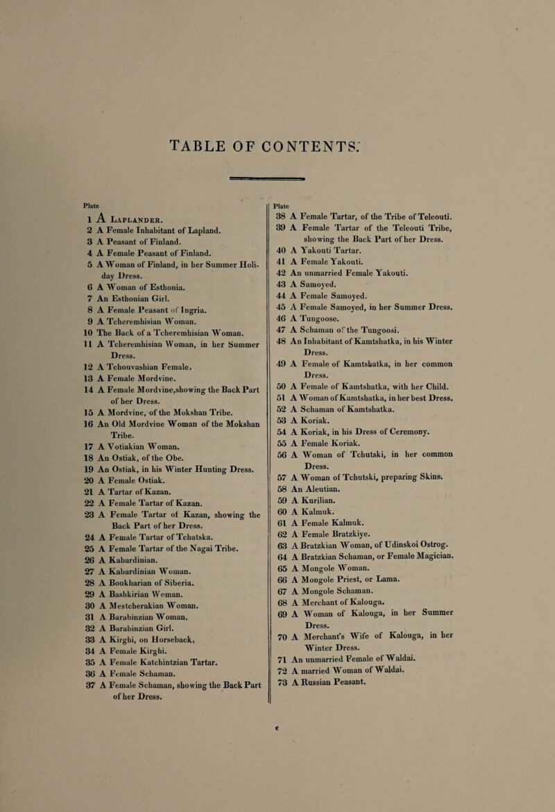 TABLE OF CONTENTS Plate 1 A Laplander. 2 A Female Inhabitant of Lapland. 3 A Peasant of Finland. 4 A Female Peasant of Finland. 5 A Woman of Finland, in her Summer Holi¬ day Dress. 6 A Woman of Esthonia. 7 An Esthonian Girl. 8 A Female Peasant of Ingria. 9 A Tcheremhisian Woman. 10 The Back of a Tcheremhisian Woman. 11 A Tcheremhisian Woman, in her Summer Dress. 12 A Tchouvashian Female, 13 A Female Mordvine. 14 A Female Mordvine,showing the Back Part of her Dress. 15 A Mordvine, of the Mokshan Tribe. 16 An Old Mordvine Woman of the Mokshan Tribe. 17 A Votiakian Woman. 18 An Ostiak, of the Obe. 19 An Ostiak, in his Winter Hunting Dress. 20 A Female Ostiak. 21 A Tartar of Kazan. 22 A Female Tartar of Kazan. 23 A Female Tartar of Kazan, showing the Back Part of her Dress. 24 A Female Tartar of Tchatska. 25 A Female Tartar of the Nagai Tribe. 26 A Kabardinian. 27 A Kabardinian Woman. 28 A Boukharian of Siberia. 29 A Bashkirian Woman. 30 A Mestcherakian Woman. 31 A Barabinzian Woman, 32 A Barabinzian Girl. 33 A Kirghi, on Horseback, 34 A Female Kirghi. 35 A Female Katchintzian Tartar. 36 A Female Schaman. 37 A Female Schaman, showing the Back Part of her Dress. A Female Tartar, of the Tribe of Teleouti. A Female Tartar of the Teleouti Tribe, showing the Back Part of her Dress. A Yakouti Tartar. A Female Yakouti. An unmarried Female Yakouti. A Samoyed. A Female Samoyed. A Female Samoyed, in her Summer Dress. A Tungoose. A Schaman of the Tungoosi. An Inhabitant of Kamtshatka, in his Winter Dress. A Female of Kamtshatka, in her common Dress. A Female of Kamtshatka, with her Child. A Woman of Kamtshatka, in her best Dress. A Schaman of Kamtshatka. A Koriak. A Koriak, in his Dress of Ceremony. A Female Koriak. A Woman of Tchutski, in her common Dress. A Woman of Tchutski, preparing Skins. An Aleutian. A Kurilian. A Kalmuk. A Female Kalmuk. A Female Bratzkiye. A Bratzkian Woman, of Udinskoi Ostrog. A Bratzkian Schaman, or Female Magician. A Mongole Woman. A Mongole Priest, or Lama. A Mongole Schaman. A Merchant of Kalouga. A Woman of Kalouga, in her Summer Dress. A Merchant’s Wife of Kalouga, in her Winter Dress. An unmarried Female of Waldai. A married Woman of Waldai, A Kussian Peasant. Plate 38 39 40 41 42 43 44 45 46 47 48 49 50 51 52 53 54 55 56 57 58 59 60 61 62 63 64 65 66 67 68 69 70 71 72 73 c