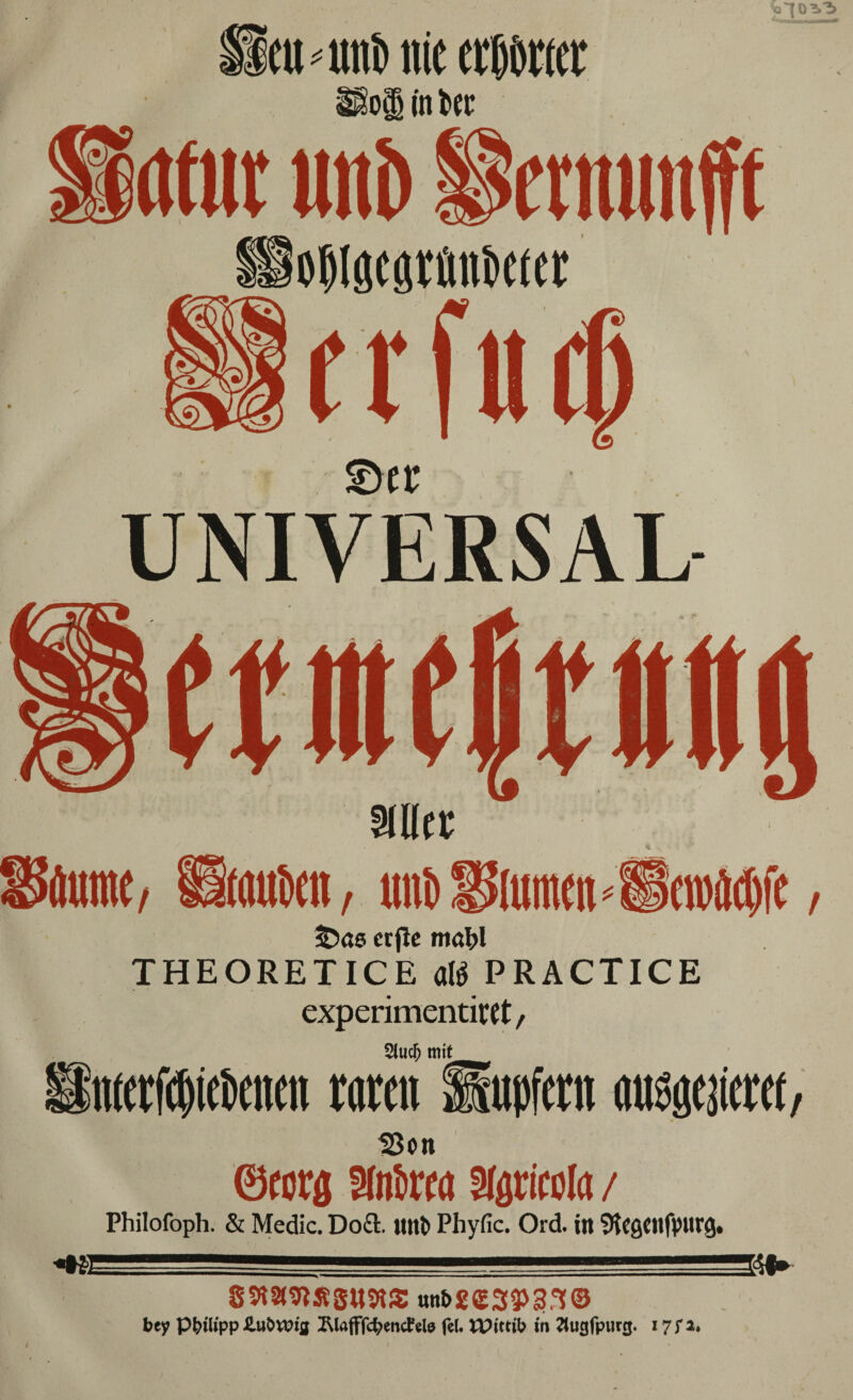 ki~|0V3 UNIVERSAL SDös ecfic mat>l THEORETICE atöPRACTICE experimentiert, 2lucl) mit nterfepiePencn raren supfern äußeret, 33on ©cotfl anirm afgricola / Philofoph. & Medic. Do£l. jtnt» Phyfic. Ord. iit ^egcilfpurg. +8 34«* t ssmsrsims un&gesgjg.'?© bey Philipp Hubwig 2Uafff$encfele fei. Wittib in Jlugfpiirg. 17fa.