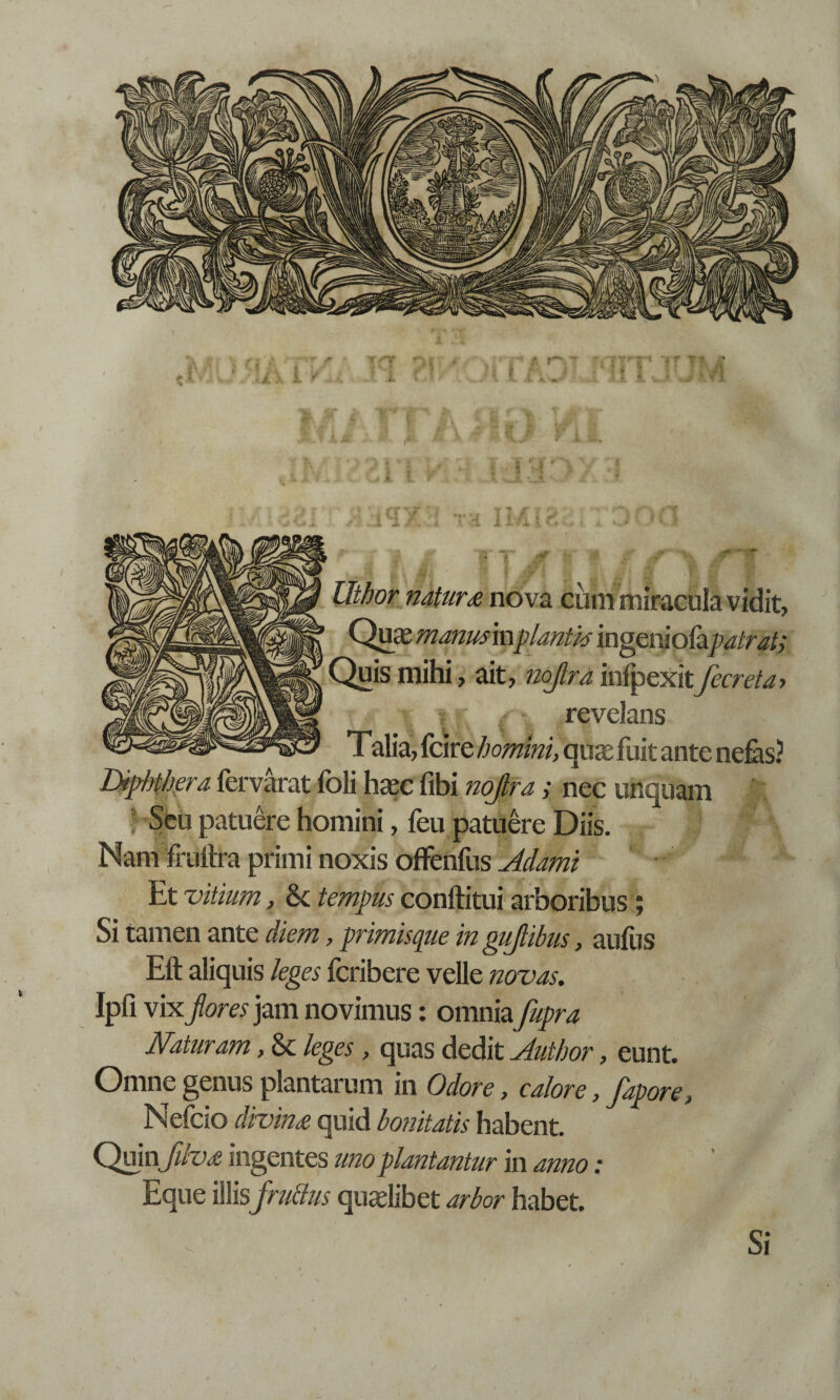 llthor naturs nova cummiraculavidit, Quas manus'mplantk ingeniofapatrat; Quis mihi > ait, nojra inlpexit Je er eta> ? •; ■ revelans Talia, fdre komm, quas fuit ante nefäs? Diphthera fervärat foli haec fibi noßra; nec unquam ? Seu patuere homini, feu patuere Diis. Nam fruftra primi noxis ofFenfus Adami Et vitium, 8t tempus conftitui arboribus; Si tarnen ante diem, primisque in gußibus, aufus Eft aliquis leges feribere veile novas. Ipfi vixßores jam novimus: omnia fupra Natur am, & leges, quas dedit Autbor, eunt. Omne genus plantarum in Odore, calore, fapore, Nefcio divinx quid bonitatis habent. Quinßlvs ingentes unoplantantur in anno: Eque illisfruftus quadibet arbor habet. Si