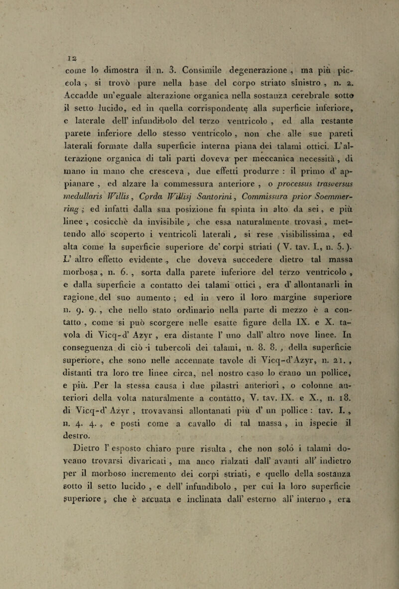 come 1© dimostra il n. 3. Consimile degenerazione , ma più pic¬ cola , si trovò pure nella base del corpo striato sinistro , n. a. Accadde un’eguale alterazione organica nella sostanza cerebrale sotto il setto lucido, ed in quella corrispondente alla superficie inferiore, e laterale dell’ infundibolo del terzo ventricolo , ed alla restante parete inferiore dello stesso ventricolo , non che alle sue pareti laterali formate dalla superficie interna piana dei talami ottici. L’al¬ terazione organica di tali parti doveva' per meccanica necessità , di mano in mano che cresceva , due effetti produrre : il primo d’ ap¬ pianare , ed alzare la commessura anteriore , o processus trasversus medullaris TVillis, Cgrda JFillisj Santorini, Commissura prior Soemnier- riìig ; ed infatti dalla sua posizione fu spinta in alto da sei, e più linee , cosicché da invisibile ^ che essa naturalmente trovasi, met¬ tendo allo scoperto i ventricoli laterali si rese visibilissima , ed alta come la superficie superiore de’corpi striati (V. tav. I., n. 5.). L’ altro effetto evidenteche doveva succedere dietro tal massa morbosa, n. 6. , sorta dalla parete inferiore del terzo ventricolo , e dalla superficie a contatto dei talami ottici , era d’allontanarli in ragione,del suo aumento; ed in vero il loro margine superiore n. 9. 9. , che nello stato ordinario nella parte di mezzo è a con¬ tatto , come si può scorgere nelle esatte figure della IX. e X. ta¬ vola di Vicq-d’ Azyr , era distante 1’ uno dall’ altro nove linee. In conseguenza di ciò-i tubercoli dei talami, n. 8. 8., della superficie superiore, che sono nelle accennate tavole di Vicq-d’Azyr, n. 21. , distanti tra loro tre linee circa, nel nostro caso lo erano un pollice, e più. Per la stessa causa i due pilastri anteriori , o colonne an¬ teriori della volta naturalmente a contatto, V. tav. IX. e X., n. 18. di Vicq-d' Azyr , trovavansi allontanati più d’ un pollice : tav. I. , n. 4. 4. , e posti come a cavallo di tal massa , in ispecie il destro. Dietro r esposto chiaro pure risulta , che non solò i talami do- yeano trovarsi divaricati , ma anco rialzati dall’ avanti all’ indietro per il morboso incremento dei corpi striati, e quello della sostanza gotto il setto lucido , e dell’ infundibolo , per cui la loro superficie superiore , che è arcuata e inclinata dall’ esterno all’ interno , era