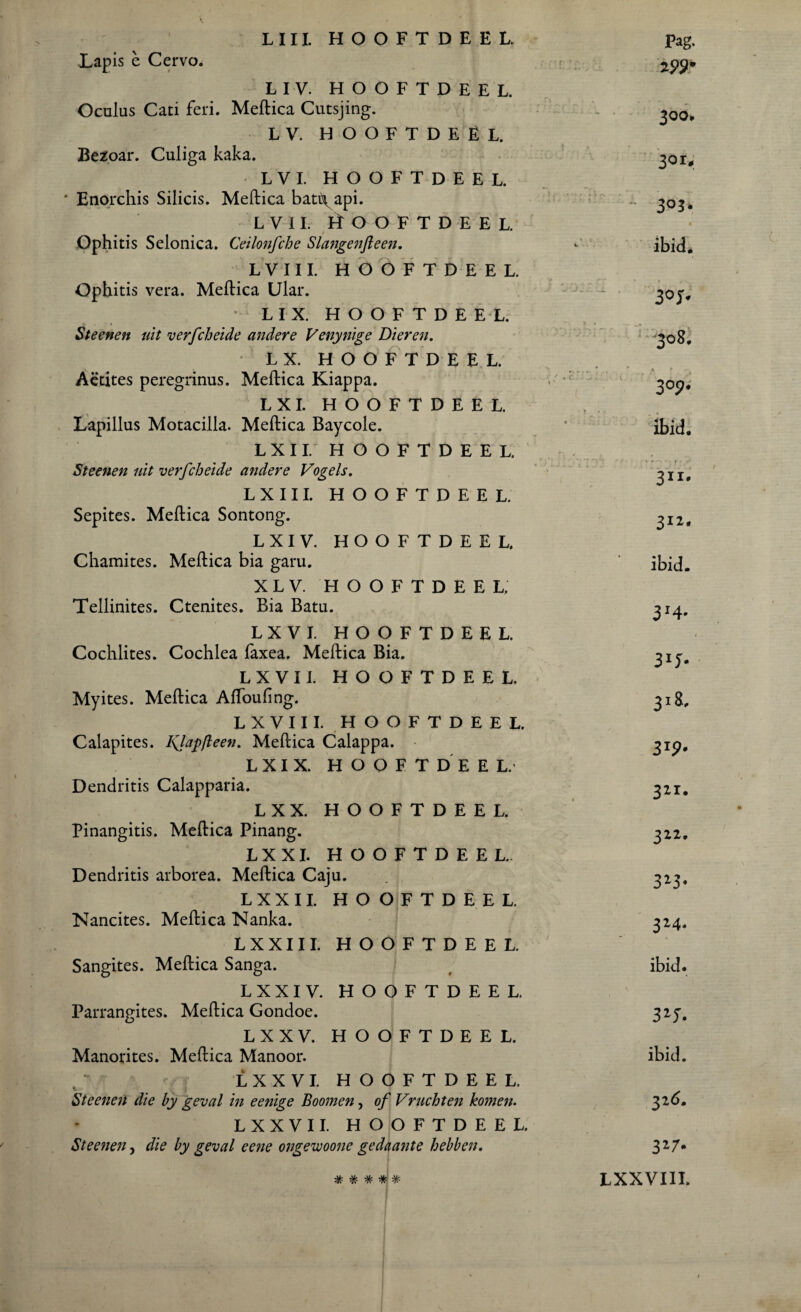 Lapis è Cervo. LI V. HOOFTDEEL. Oculus Cati feri. Meftica Cutsjing. LV. HOOFTDEËL. Bezoar. Culiga kaka. L V I. HOOFTDEEL. Enorchis Silicis. Meftica bati\api. L V 11. HOOFTDEEL. Ophitis Selonica. Ceilonfche Slangenfleen. LVIII. HOOFTDEEL. Ophitis vera. Meftica Ular. L I X. HOOFTDE EL. Steenen uit verfcheide andere Venynige Dieren. • LX. H O O Ë T D EEL Aëtites peregrinus. Meftica Kiappa. L X I. HOOFTDEEL. Lapillus Motacilla. Meftica Baycole. L X 11. HOOFTDEEL. Steenen uit verfcheide andere Vogels. LXIII. HOOFTDEEL. Sepites. Meftica Sontong. L X I V. HOOFTDEEL. Chamites. Meftica bia garu. X L V. HOOFTDEEL. Tellinites. Ctenites. Bia Batu. L X V I. HOOFTDEEL. Cochlites. Cochlea faxea. Meftica Bia. LXVII. HOOFTDEEL. Myites. Meftica Afïbufing. LXVII I. HOOFTDEEL. Calapites. Isjapfleen. Meftica Calappa. L XI X. HOOFTDEEL. Dendritis Calapparia. L X X. HOOFTDEEL. Pinangitis. Meftica Pinang. LXXL HOOFTDEEL Dendritis arborea. Meftica Caju. LXXIL HOOFTDEEL. Nancites. Meftica Nanka. LXXIII. HOOFTDEEL. Sangites. Meftica Sanga. LXXIV. HOOFTDEEL. Parrangites. Meftica Gondoe. L X X V. HOOFTDEEL. Manorites. Meftica Manoor. L X X V I. HOOFTDEEL. Steenen die by geval in eenige Boomen, of Vnichten komen. LXXVII. HOOFTDEEL. Steenen, die by geval eene ongewoone gedaante hebben. ***** 299m 300. 301, ~ 303 ibid. 3°ï- 308. 3 °9' ibid. ’ ibid. 3*4* 1 315* 3lS- 3*9- 321. 322. 323* 324. ibid. 315» ibid. 326. 327- LXXVIIL