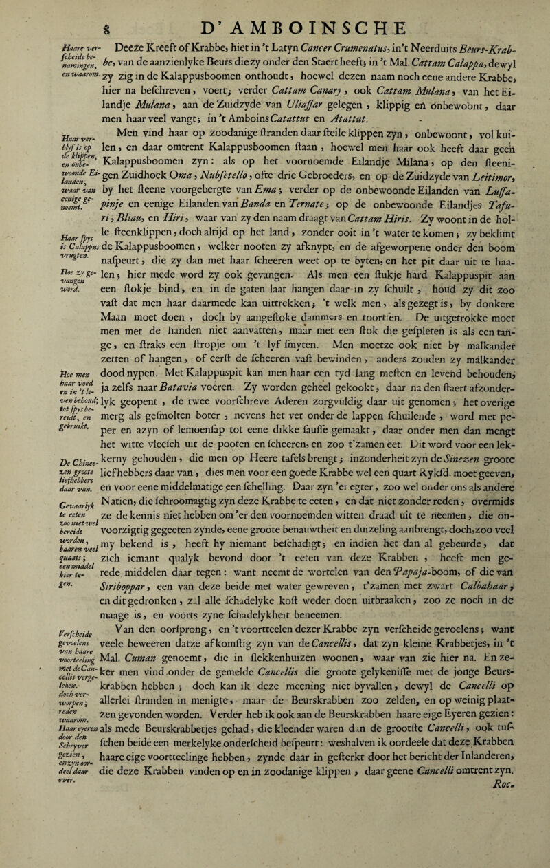 Haare ver- Deeze Kreeft of Krabbe, hiet in ’t Latyn Cancer Crumenatus, in’t Neerduits Beurs-Krab- ^namtngen, be, van de aanzienlyke Beurs diezy onder den Staert heeft* in ’t Mal. Cattam Calappa, dewyl en waarom. 7y zfg in de Kalappusboomen onthoudt, hoewel dezen naam noch eene andere Krabbes hier na befchreven s voert* verder Cattam Canary , ook Cattam Mulana s van het Ei¬ landje Mulana > aan de Zuidzyde van UlïaJJar gelegen , klippig en ónbewoönt, daar men haarveel vangt* ii\yt BmbomsCatattut en Atattut. Baar ver- Men vind haar op zoodanige ftranden daar fteile klippen zyn, onbewoonts volkui- bhfis oy len s en daar omtrent Kalappusboomen haan , hoewel men haar ook heeft daar geeft Kalappusboomen zyn: als op het voornoemde Eilandje Milanas op den fteeni- Yanden E*' Sen Zuidhoek ®ma > Nubfetello, ofte drie Gebroeders, en op de Zuidzyde van Leitimor, waar van by het fteene voorgebergte van Erna * verder op de onbewoonde Eilanden van Luffa- noemtge~ Pnje en eenige Eilanden van Banda en Ter nat e * op de onbewoonde Eilandjes Tafu- ri, Btiaih en Hiri, waar van zy den naam draagt van Cattam Hiris. Zy woont in de hol- Baar fpys *e fteenMWen > doch altijd op het land, zonder ooit in’t water te komen * zy beklimt is Calappus de Kalappusboomen, welker nooten zy afknypt, en de afgeworpene onder den boom vm&en' nalpeurt, die zy dan met haar fcheeren weet op te byten, en het pit daar uit te haa- Boe zy ge- jen} hjer mede word zy ook gevangen. Als men een ftukje hard Kalappuspit aan word. een ftokje bind, en in de gaten laat hangen daar in zy fchuilt , houd zy dit zoo vaft dat men haar daarmede kan uittrekken* ’t welk men, alsgezegtis, by donkere Maan moet doen , doch by aangeftoke dammers en toort en. De uitgetrokke moet men met de handen niet aanvatten, maar met een ftok die gefpleten is als een tan- ge, en ftraks een ftropje om ’t lyf fmyten. Men moetze ook niet by malkander zetten of hangen, of eerft de fcheeren vaft bewinden, anders zouden zy malkander Boe men dood nypen. Met Kalappuspit kan men haar een tyd lang meften en levend behouden? enlnHle- Ja ze^s naar Batavia voeren. Zy worden geheel gekookt, daar na den ftaert afzonder- ven behoud^ lyk geopent , de twee voorfchreve Aderen zorgvuldig daar uit genomen* het overige reilt, en merg als gefmolten boter , nevens het vet onder de lappen fchuilende , word met pe- gebruikt. per en aZyn xemoenfhp tot eene dikke faufie gemaakt, daar onder men dan mengt het witte vleelch uit de pooten en fcheeren, en zoo t’zamen eet. Dit word voor een lek- Dc Chinee-^ernY gehouden, die men op Heere tafels brengt * inzonderheit zyn de Sinezen groote zen groote liefhebbers daar van, dies men voor een goede Krabbe wel een quart iiykfd. moet geeven, daarvan, en voor eene middelmatige pen fchelling. Daar zyn’er egter, zoo wel onder ons als andere Gevaarlyk atien, die fchroomagtig zyn deze Krabbe te eeten, en dat niet zonder reden, óvermids te eeten ze de kennis niet hebben om ’er den voornoemden witten draad uit te neemen , die on- ZtOO yiicb ru/d » > bereidt voorzigtig gegeeten zynde, eene groote benauwthe.it en duizeling aanbrengt, doch,zoo veel tZrenveel my bekend is , heeft hy niemant belchadigt * en indien het dan al gebeurde, dat quaats; zich iemant qualyk bevond door ’t eeten van deze Krabben , heeft men ge¬ rede middelen daar tegen : want neemt de wortelen van den Bapaja-boom, of die van Siriboppar, een van deze beide met water gewreven, t’zamen met zwart Calbahaar i en dit gedronken, zal alle fchadelyke koft weder doen uitbraaken, zoo ze noch in de maage is, en voorts zyne fchadelykheit beneemen. Van den oorfprong, en’t voortteelen dezer Krabbe zyn verfcheide gevoelens * want veele beweeren datze afkomftig zyn van dcCancellis, dat zyn kleine Krabbetjes, in ’t Mal. Cuman genoemt, die in llekkenhuizen woonen, waar van zie hier na. Enze- ZuisZergè-ker men vind onder de gemelde Cancellis die groote gelykenifie met de jonge Beurs¬ je». krabben hebben * doch kan ik deze meening niet byvallen, dewyl de Cancelli op worpen * allerlei ftranden in menigte, maar de Beurskrabben zoo zelden, en op weinig plaat- 'waarom zen Sevon<^en worden. V erder heb ik ook aan de Beurskrabben haare eige Eyeren gezien: Haareyerenals mede Beurskrabbetjes gehad, diekleenderwaren dm de grootfte Cancelli, ook tuf» Schryver fchen beide een merkelyke onderfcheid befpeurt: weshalven ik oordeele dat deze Krabben e»z ”oo ^aare eige voorttcelinge hebben, zynde daar in gefterkt door het bericht der Inlanderen? deeldaar die deze Krabben vinden op en in zoodanige klippen > daar geene Cancelli omtrent zyn. Roe. een middel hier te¬ gen. Verfcheide gevoelens van haare voorteeling met deCan-