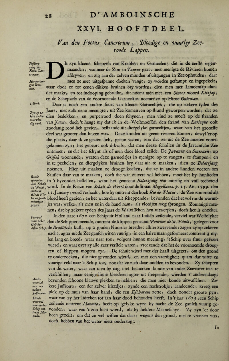 D’ AMBOIN SCHE XXVI HOOFTDEEL Vm den Foetus Cancrorum , Bloedige en vuurige Zee- roode Lappen. Befchry- ving der Foetus Can¬ crorum. Hoe gevan¬ gen wor¬ den. 1 Soort. D ït zyn kleene fchepzeïs van Krabben en Garneélen > die in de eerdé regen¬ maanden , wanneer de Zon in Taurus gaat, met menigte de Rivieren komen afdry ven, en zig aan der zelveh monden of Uitgangen in Zee ophouden, daar men ze met uitgelpanne doeken vangt, zy worden gedampt en ingepekelt , waar door ze tot eenén dikken bruinen bry worden , dien men met Limoenfap dun¬ der maakt, en tot indooping gebruikt $ dit noemt men met teen Sinees woord Kitsjap, en de Schepzels van de voornoemde Garneeltjes noemehze op Hitoe Oulewan. Daar is noch een andere foort van kleene Garneeltjes > die op zekere tyden des Zyn op ze- JaarSj met zu^ eene meenigte > uit Zee komen, en oprtrand geworpen worden, dat ze kere tyden dien bedekken , en purperrood doen fchynen ; men vind ze meert; op de ftranden digveeï van Jav&i doch’t heugt my dat ik in de Weftmoeflbn den ftrand van Larieque ook zoodanig rood heb gezien, beftaande uit diergelyke garneeltjes, waar van het grootfte deel wat grooter dan luizen was. Deze konden uit geene rivieren komen, dewyl ’er op die plaats, daar ik ze gezien heb, geene waren, zoo dat ze uit de Zee moeten voorts gekomen zynj het gebeurt ook dikwils* dat men deeze fchollen in dejavaanfche Zee ontmoet * en dat het fchynt als of men door bloed zeilde. De Javanen en Sineezen , op Griffek woonende, weeteil deze garneeltjes in menigte op te vangen, te (lampen, en in te peekeien, en diergelyken bruinen bry daar uit te maaken, dien ze Bolatsjang noemen. Hier uit maaken ze drooge koeken, die ze in andere Landen voeren om Roodê Saufien daar van te maaken j doch die wat zuivers wil hebben, moet het by hunlieden wormtjes ^ in byzonder hertellen, want het gemeene Bolatsjang wat mordig en vuil toebereid de Weert, word. In de Reize van Sebalt de Weert door de Straat Magellanes. p. i f. An. i ƒ pp. den 0Riodfpia-12 • January, word verhaalt, hoe hy omtrent den hoek Rio de Blat as, de Zee zoo rood als tasingroote bloed heeft gezien, en het water daar uit fcheppende, bevonden dat het vol roode wormt- gezienï* jes was, welke, als men ze in de hand nam, als vlooijen weg (prongen. Zommige mee¬ nen, dat by zekere tyden des Jaars de Walviiïchen hen uitwerven, doch het is onzeker. Voorval Inden jaare 1670 een Schip uit Holland naar Indiën zeilende, verviel wat Weftelyker van zeker (fon de Schipper meende, omtrent de klippen genaamt Bene dos de St. Bduló, gelegen voor difch Schip, de Brafdifche kuft, op 2 graden Noorder breedte: alhier zwervende, zagen zy op zekeren nacht, agter uit de Zee ganfeh wit en vuurig; in een halve maan geformeert, omtrent 3 my- len langen breed, waar naar toe, volgens hunne meening, ’tSchip over rtüür gevoert wierd, en waarover zy alle zeer verftelt waren, vreezende dat het de voornoemde droog¬ ten of klippen mogten zyn. De fchuit wierd met der haart uitgezet, om den grond te onderzoeken, die niet gevonden wierd, en met een vaerdigheit quam dat witte en vuurige veld naar *t Schip toe, zoo dat ze zich daar midden in bevonden. Zy fchepten van dit water, waar aan men by dag niet bemerken konde van ander Zeewater iets te verlchillen j maar eenige.linne kleederen agter uit fleepende, wierden s’anderendaags bevonden fchoone blauwe plekken te hebben, die men niet konde uitwaflehen. Ze* kere Juffrouw, eender zelver kleedjes, zynde een nachtrokje, aandoende, kreeg een juffrouw. P^ek op de muis van haar hand, die een Efcharam zette, doch zonder groote pyn, Derde waar van zy het lidteken tot aan haar dood behouden heeft. In’t jaar 1 <>7 y ,een Schip !'aansteker zeiIende omtrent Manado, heeft op gelyke wyze by nacht de Zee ganfeh vuurig ge- Schip om- vonden, waar van ’t zoo licht wierd, als by heldere Maanefchyn. Zy zyn ’er door trent Ma- , J J J J nado. heen gezeik, om dat ze wel wiften dat daar, wegens den grond, niet te vreezen was. Ander voorval aan een zekere doch hebben van het water niets onderzogt. In