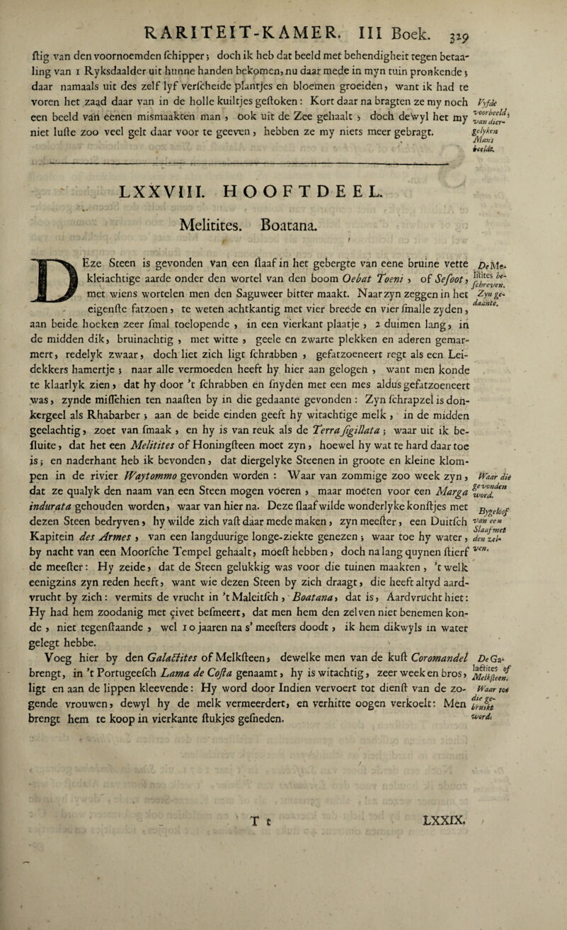 dig van den voornoemden fchipper j doch ik heb dat beeld met behendigheit tegen betaa- ling van i Ryksdaalder uit hunne handen bekomen, nu daar mede in myn tuin pronkende $ daar namaals uit des zelf lyf verfcheide plantjes en bloemen groeiden, want ik had te voren het zaad daar van in de holle kuiltjes gedoken: Kort daar na bragten ze my noch Vyfde een beeld van eenen mismaakten man , ook uit de Zee gehaalt * doch dewyl het my niet lude zoo veel geit daar voor te geeven, hebben ze my niets meer gebragt. voorbeeld ^ 'van dier- ïelyken jVlans beeldt. LXXVIII. HOOFTDEEL. Melitites. Boatana. Eze Steen is gevonden Van een (laaf in het gebergte van eene bruine vette Me¬ kleiachtige aarde onder den wortel van den boom Oebat Toeni , ^ef00t ^ ^brevet met wiens wortelen men den Saguweer bitter maakt. Naarzyn zeggen in het Zy» ge¬ ëigende fatzoen , te weten achtkantig met vier breede en vier dnalle zyden, ^ e' aan beide hoeken zeer fmal toelopende , in een vierkant plaatje , 2 duimen lang, in de midden dik, bruinachtig , met witte , geele en zwarte plekken en aderen gemar= mert, redelyk zwaar, doch liet zich ligt fchrabben , gefatzoeneert regt als een Lei¬ dekkers hamertje j naar alle vermoeden heeft hy hier aan gelogen , want men konde te klaarlyk zien, dat hy door fchrabben en fnyden met een mes aldus gefatzoeneert was, zynde miflchien ten naaden by in die gedaante gevonden : Zyn fchrapzel is don¬ kergeel als Rhabarber > aan de beide einden geeft hy witachtige melk , in de midden gedachtig, zoet van fmaak , en hy is van reuk als de Tenajïgillata ; waar uit ik be- fluite, dat het een Melitites of Honingdeen moet zyn, hoewel hy wat te hard daar toe is} en naderhant heb ik bevonden, dat diergelyke Steenen in groote en kleine klom¬ pen in de rivier Waytommo gevonden worden : Waar van zommige zoo week zyn, iVaar die dat ze qualyk den naam van een Steen mogen voeren , maar moéten voor een Marga ^rdf™ indurata gehouden worden, waar van hier na. Deze flaaf wilde wonderlykekonitjes met Bygelaof dezen Steen bedryven, hy wilde zich vad daar mede maken, zyn meeleer, een Duitfch Van ee* Kapitein des Armes , van een langduurige longe-ziekte genezen * waar toe hy water, den zei* by nacht van een Moorfche Tempel gehaalt, moed hebben, doch nalangquynen dierf ven' de meeder: Hy zeide, dat de Steen gelukkig was voor die tuinen maakten , ’t welk eenigzins zyn reden heeft, want wie dezen Steen by zich draagt, die heeftaltyd aard¬ vrucht by zich: vermits de vrucht in ’tMaleitlch , Boatana, dat is, Aardvruchthiet: Hy had hem zoodanig met §ivet befmeert, dat men hem den zei ven niet benemen kon¬ de , niet tegendaande , wel 1 o jaaren na s’ meeders doodt, ik hem dikwyls in water gelegt hebbe. ) Voeg hier by den Galatfites of Melkdeen, dewelke men van de kuft Coromandel DeG& brengt, in ’t Portugeefch Lama de Cqfta genaamt, hy is witachtig, zeer week en bros, ^èlkfleen ligt en aan de lippen kleevende: Hy word door Indien vervoert tot diend van de zo- Waartoe gende vrouwen, dewyl hy de melk vermeerdert, en verhitte oogen verkoelt: Men fïjfo brengt hem te koop in vierkante dukjes gefneden. u'or<L T ê / LXXÏX.