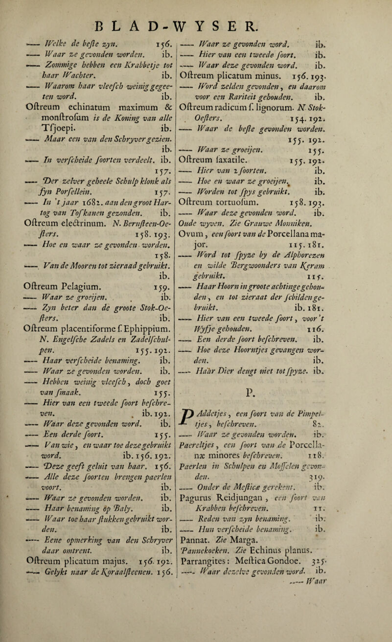 «-— IVelke de befte zyn. i 56. -— Waar ze gevonden worden. ib. -— Zommige hebben een Krabbetje tot haar Wachter. ib. -— Waarom haar vleefch weinig gegee- ten word. ib. Oftreum echinatum maximum & monftrofum is de Koning van alle Tfjoepi. ib. —— Maar een van den Schryvergezien. ib. -— In verfcheide foor ten verdeelt, ib. *Der zelver geheele Schulp klonk als fyn Porfellein. 157. -— In ’t jaar 1682. aan den groot Har- tog van Tof kanen gezonden. ib. Oftreum ele&rinum. N. Bernfteen-Oe- fters. 158. 193. -— Hoe en waar ze gevonden worden. 158. -—, Van de Moor en tot zieraad gebruikt. ib. Oftreum Pelagium. 159. -Waar ze groeijen. . ib. —* Zyn beter dan de groote Stok-Oe- fters. ib. Oftreum placentiforme £ Ephippium. N. Engelfche Zadels en Zadelfchul- pen. 155.191. -Haar verfcheide benaming. ib. -Waar ze gevonden worden. ib. ■-Hebben weinig vleefch, doch goet van fmaak. 155. -Hier van een tweede foort befchre- ven. ib. 192. -Waar deze gevonden word. ib. -Een derde foort. 155. —— Van wie 5 en waar toe deze gebruikt word. ib. 156. 192. -T)eze geeft geluit van haar. 156. -Alle deze foort en brengen paerlen voort. ib. -— Waar ze gevonden worden. ib. -Haar benaming op Ealy. ib. -— Waar toe haar ft ukken gebruikt wor¬ den. ib. -— Bene opmerking van den Schryver daar omtrent. ib. Oftreum plicatum majus. 15(5.191. —— Gelykt naar de Kpraalfteenen. 156. -Waar ze gevonden word. ib. -Hier van een tweede foort. ib. -— Waar deze gevonden word. ib. Oftreum plicatum minus. 156.193. -Word zelden gevonden, en daarom voor een Rariteit gehouden. ib. Oftreum radicum f. lignorum. N Stok- . Oefters. 154. 192. -Waar de befte gevonden worden. 155. 191. -Waar ze groeijen. 155. Oftreum laxatile. 155. 191. -Hier van 2 foor ten. ib. -Hoe en waar ze groeijen% ib. -Worden tot fpys gebruikt. ib. Oftreum tortuofum. 158.193. -Waar deze gevonden word. ib. Oude wyven. Zie Grauwe Monniken. Ovum j een foort van de Porcellana ma¬ jor. 115.181. -Word tot fpyze by de Alphorezen en wilde Rergwoonders van !jeram gebruikt. iif. —— Haar Hoorn in groote achtinge gehou¬ den , en tot zieraat der febildenge¬ bruikt. ib.181. Hier van een tweede foort, voor ’t Wyfje gehouden. 116. -Een derde foort befchreven. ib. —- Hoe deze Hoorntjes gevangen wor¬ den. ib. — Haar Dier deugt niet tot fpyze. ib, P. Addetjes, een foort van de Rimpel¬ tjes , befchreven. 82. —- Waar ze gevonden worden. ib. Raereitjes 5 een foort van .de P or cc Ha¬ ll x minores befchreven. 118. Paerlen in Schulpen en Moffelen gevon¬ den. 319. _- Onder de Meftica gerekent. ib. Pagurus Reidjungan , een foort van Krabben befchreven. u. -Reden van zyn benaming. ib, -Hun verfcheide benaming. ib. Pannat. Zie Marga. Tannekoeken. Zie Echinus planus. Parrangites: MefticaGondoe. 325* -—- Waar dezelve gevonden word. ib. — Waar 1