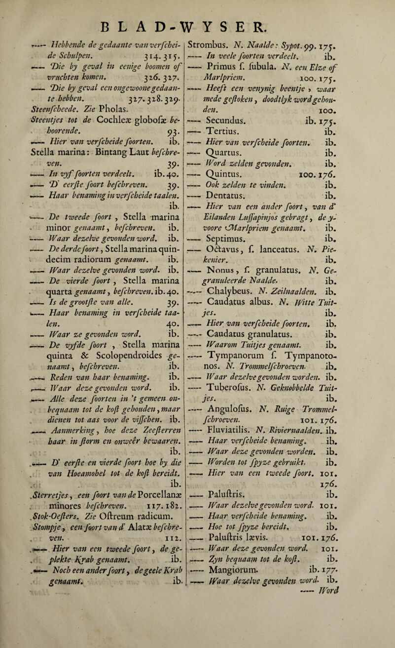 r— Hebbende de gedaante van verfchei- de Schulpen. 314. 31 j. TDie by geval in eenige hoornen of vruchten komen. 326. 317. “Die by geval een ongewoonegedaan¬ te hebben. 317. 318.329. Steenfcheede. Zie P hol as. Steentjes tot de Cochleae globofte be¬ hoor en de. 93. *—» Hier van verfcheïde foor ten. ib. Stella marina: Bintang Laat befchre- ven. 39. -— In vyf foor ten verdeelt. ib.40. T) eerfie foort befchreven. 39. —— Haar benaming in verfcheïde taaien. ib. De tweede foort , Stella -marina minor genaamt, bef chr even. ib. • -Waar dezelve gevonden word. ib. .—- De derde foort, S tella marina quin- decim radiorum genaamt. ib. — Waar dezelve gevonden word. ib. De vierde foort , Stella marina quarta genaamt, bef chr even. ib. 40. Is de grootfie van alle. 39. --Haar benaming in verfcheïde taa¬ ien. 40. — Waar ze gevonden word. ib. -De vyfde foort , Stella marina quinta & Scolopendroides ge¬ naamt , befchreven. ib. _- Reden van haar benaming. ib. ,-Waar deze gevonden word. ib. Alle deze foorten in 't gemeen on- bequaam tot de kof gehouden, maar dienen tot aas voor de vijjehen. ib. * _. Aanmerking, hoe deze Zeef er ren haar in ftorm en onweer bewaaren. ib. £)’ eerfle en vierde foort hoe by die van Hoeamohel tot de kof bereidt. r . ib. .Sterretjes, een foort van de Porcellanx minores befchreven. 117.182. Stok-Oeflers. Zie Oftreum radicum. Stompje, een foort van dl Alatae befchre¬ ven. 112. — Hier van een tweede foort, de ge¬ plekte Ifrab genaamt. ib. — Noch een ander foort, degeeleKrab genaamt. ib. Strombus. N. Haalde: Sypot.yy. 17 f. -In veele foorten verdeelt. ib. -Primus f. fubula. H. een Elze of Marlpriem. 100. 17 j. —— Heeft een venynig beentje 5 waar mede gefloken, doodtlyk word gehou¬ den. 100. — Secundus. ib. 17J. r— Ter dus. ib. -Hier van verfcheïde foorten. ib. :— Quartus. ib. -Word zelden gevonden. ib. -Quintus. 100.176. r-— Ook zelden te vinden. ib. — Dentatus. ib. —— Hier van een ander foort, van d' Eilanden LuJJ'apinjos gebragt, de y- voore CMarlpriem genaamt. ib. -Septimus. ib* :—- Oêtavus, f. lanceatus, N. Pie- kenter. ib. ^— Nonus, f. granulatus. N. Ge¬ granuleerde Naaide. ib. —— Chalybeus. N. Zeilnaalden. ib. - Caudatus albus. N. witte Tuit¬ jes. ib. —- Hier van verfcheïde foorten. ib. Caudatus granulatus. ib. - Waarom Tuitjes genaamt. ib. - Tympanorum f. Tympanoto- nos. N. Trommelfchroeven. ib. -Waar dezelve gevonden worden, ib. - Tuberofus. N. Geknobbelde Tuit¬ jes. ib. - Angulofus. N. Ruige Trommel- fchroeven. 101. 176. - Fluviatilis. N. Riviernaalden. ib. -Haar verfcheïde benaming. ib. -Waar deze gevonden worden, ib. -Worden tot fpyze gebruikt. ib. -Hier van een tweede foort. 101. 176. — Paluftris. ib. _Waar dezelve gevonden word. 101. _Haar verfcheïde benaming. ib. -Hoe tot fpyze bereidt. ib. -Paluftris Isevis. 101.176. - Waar deze gevonden word. 101. -Zyn bequaam tot de kof. ib. - Mangiorum. ib. 177. Waar dezelve gevonden word. ib. .— Word