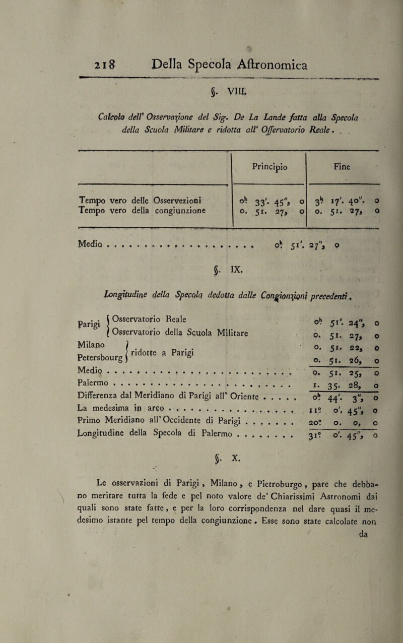 §. Vili. Calcolo delV Osservazione del Sig. De La Lande fatta alla Specola della Scuola Militare e ridotta all' Ojfervatorio Reale. Principio Fine Tempo vero delle Osservezioni 33'- 45> o 31? 17'. 40. 0 Tempo vero della congiunzione o. 51. 27, 0 0. 51. 27, Q Medio.. ,... . . . 27, 0 §. IX. \ 1 ) Il Longitudine della Specola dedotta dalle Congionzwni precedenti, Parigi Osservatorio Reale Osservatorio della Scuola Militare Milano Petersbourg Medio . . , Palermo . . Differenza dal Meridiano di Parigi alP Oriente La medesima in arco . .. Primo Meridiano all’Occidente di Parigi . . Longitudine della Specola di Palermo . . . ridotte a Parigi §. X. oh. 51'- 24, 0 0. 27, 0 0. 5'- 22, 0 0. 51. 2Ó, 0 Q. 51* 25, 0 I. 35- 28, 0 O1* 44'- 0 J 1° o\ 45, 0 20? 0. 0, 0 31- ^9 . -// °* 45 » 0 Le osservazioni di Parigi , Milano, e Pietroburgo , pare che debba¬ no meritare tutta la fede e pel noto valore de’ Chiarissimi Astronomi dai quali sono state fatte , e per la loro corrispondenza nel dare quasi il me¬ desimo istante pel tempo della congiunzione # Esse sono state calcolate non 7 da