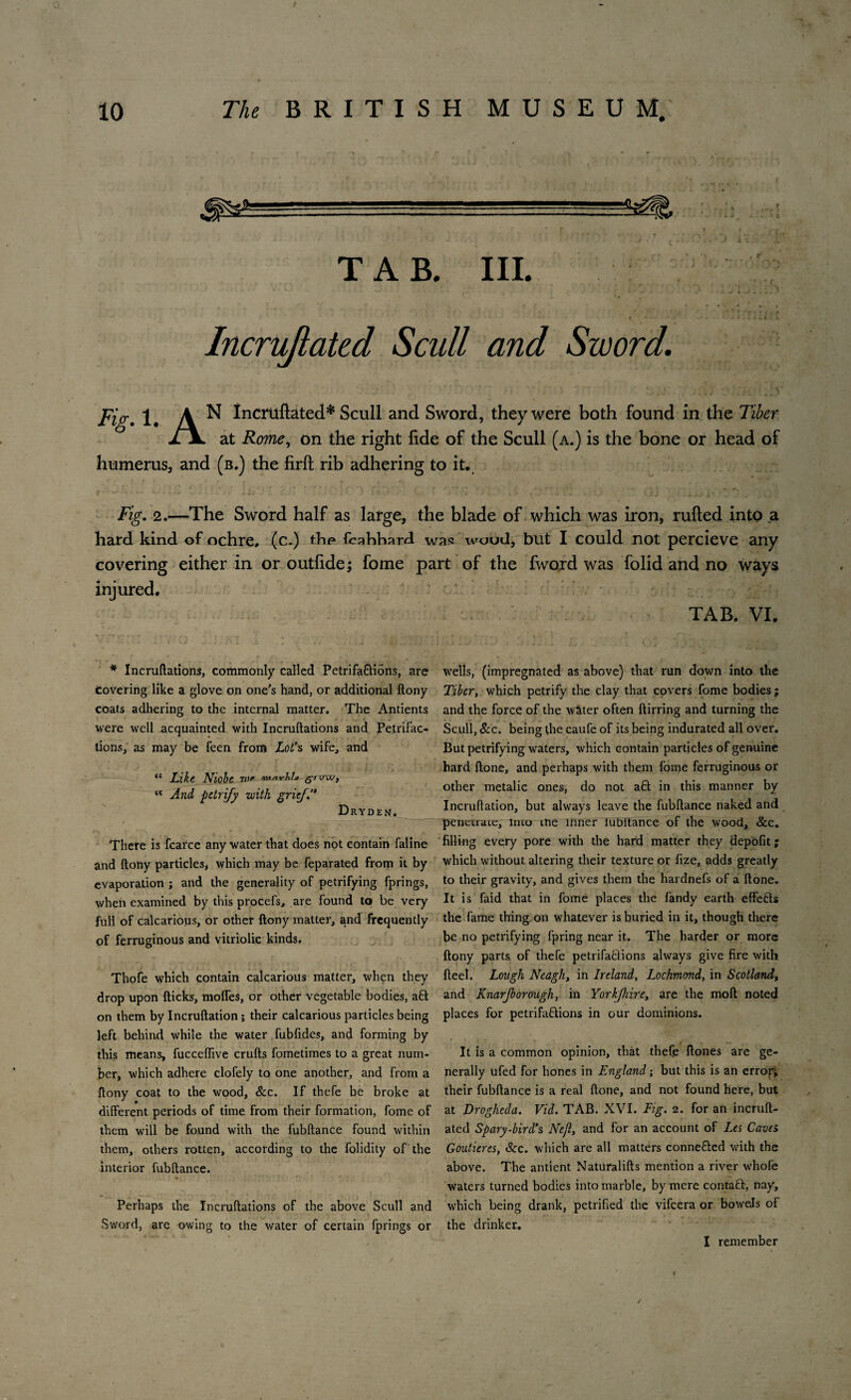 TAB. III. Incrujiated Scull and Sword. Fi<r. 1. A N Inflated* Scull and Sword, they were both found in the Tiber xJL at Rome, on the right fide of the Scull (a.) is the bone or head of humerus, and (b.) the firft rib adhering to it. Fig. 2.—The Sword half as large, the blade of which was iron, rufted into a hard kind of ochre, (c.) the fcahhard was wood, but I could not percieve any covering either in or outfide; fome part of the fword was folid and no ways injured. TAB. VI. * Incruftations, commonly called Petrifa&ions, are covering like a glove on one's hand, or additional ftony coats adhering to the internal matter. The Antients were well acquainted with Incruftations and Petrifac¬ tions, as may be feen from Lot’s wife, and “ Like Niohe 7i>* wtnvVa “ And petrify with grief.’* Dryden. There is fcarce any water that does not contain faline and ftony particles, which may be feparated from it by evaporation ; and the generality of petrifying fprings, when examined by this procefs, are found to be very full of calcarious, or other ftony matter, and frequently of ferruginous and vitriolic kinds. Thofe which contain calcarious matter, when they drop upon {ticks, moffes, or other vegetable bodies, aft on them by Incruftation; their calcarious particles being left behind while the water fubfides, and forming by this means, fucceftive crufts fometimes to a great num¬ ber, which adhere clofely to one another, and from a ftony coat to the wood, &c. If thefe be broke at different periods of time from their formation, fome of them will be found with the fubftance found within them, others rotten, according to the folidity of the interior fubftance. Perhaps the Incruftations of the above Scull and Sword, are owing to the water of certain fprings or wells, (impregnated as above) that run down into the Tiber, which petrify the clay that covers fome bodies; and the force of the water often ftirring and turning the Scull, &c. being the caufe of its being indurated all over. But petrifying wTaters, which contain particles of genuine hard ftone, and perhaps with them {ome ferruginous or other metalic ones, do not aft in this manner by Incruftation, but always leave the fubftance naked and penetrate, into me inner lubitance of the wood, &c. filling every pore with the hard matter they depofit; which without altering their texture or fize, adds greatly to their gravity, and gives them the hardnefs of a ftone. It is faid that in fome places the fandy earth effefts the fame thing on whatever is buried in it, though there be no petrifying fpring near it. The harder or more ftony parts of thefe petrifablions always give fire with fteel. Lough Neagh, in Ireland, Lochmond, in Scotland, and Knarjborough, in Yorkjhire, are the moft noted places for petrifa&ions in our dominions. It is a common opinion, that thefe ftones are ge¬ nerally ufed for hones in England; but this is an erroj^ their fubftance is a real ftone, and not found here, but at Drogheda. Vid. TAB. XVI. Fig. 2. for an incruft- ated Spary-bird’s Nefl, and for an account of Les Caves Goutieres, See. which are all matters connefted with the above. The antient Naturalifts mention a river whofe waters turned bodies into marble, by mere contaft, nay, which being drank, petrified the vifeera or bowels of the drinker. I remember