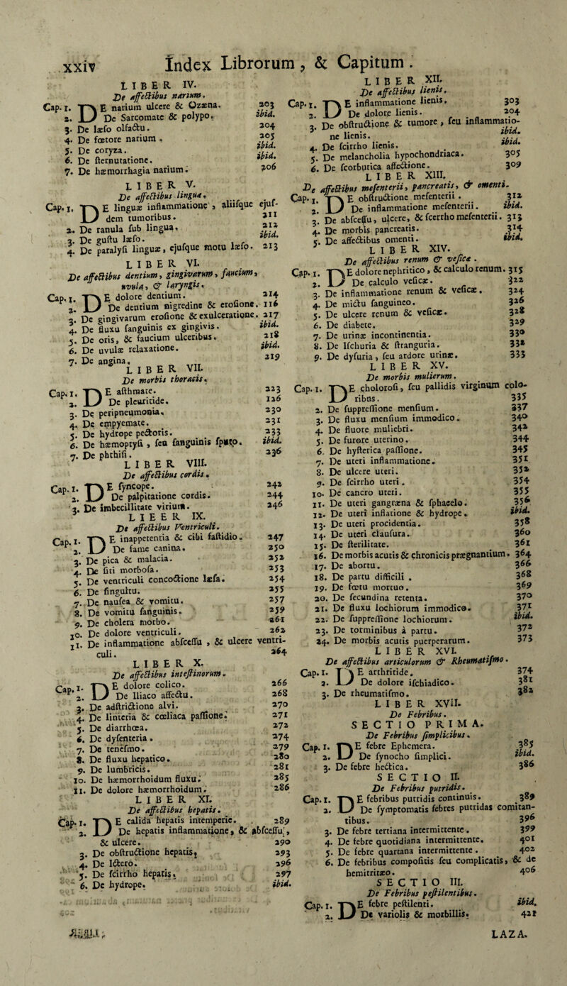 liber iv. De affettibus narium. Cap. r. £ narium ulcere & Ozaena 303 ibid. 304 305 ibid. ibid. ?o6 _ De Sarcomate & polypo 3. De laefo olfadtu. 4. De faetore narium . 5. De coryza. 6. Dc fternutatione, 7. De hsemorrhagia narium. I I B E R V. De affettibus lingua. . Cap, j, T^\ E lingus inflammatione , alufque ejul- I J dem tumoribus. J11 3. De ranula fub lingua, 2. De guftu laefo. , r 4. De paralyfx lingua:, ejufque motu laefp. 113 L I B E R VI. De affectibus dentium, gingivarum, faucium, uvulay & laryngis. Cap. 1. TAE d°lorc dentium. . 214 . 1 J pe dentium nigredine & crofione. 116 q. De gingivarum erofione & exulceratione. 317 4. De fluxu fanguinis ex gingivis. ibid. 5. Dc oris, ^ faucium ulceribus. *?* 6. Dc uvulae relaxatione. Wia' 7. De angina, 2x9 liber vii. De morbis thoracis» Cap.i. T^E afthraace.* ^ 3. I J Dc plcuritide, 126 3. De peri pneumonia, 23° 4. De empyemate, 23z 5. De hydrope pecoris. 23j 6. De haemoptyfi , fcu (anguinis fp»<o. ibuL 7. De phthifi. LIBER VIII. De affettibus cordis. cap.i. TV fyflCfpe. • 2. 1 y De palpitatione cordis. 244 'a. Dc imbecillitate virium. a46 L I E E R IX. De affettibus Fentrkuli. r*nn t T^\ E inappetentia 6c cibi faftidio. 347 ^ PV. U De fame canina. 250 3. De pica & malacia. 252 4. De fiti morbofa. a53 5. De ventriculi conco&ione Isfa. 254 6. De fingultu. 255 7. De naufea & vomitu. a57 8. De vomitu fanguinis. a59 9. De cholera morbo. 3,61 3o. De dolore ventriculi. 363 _i. De inflammatione abfceffu , & ulcere ventri¬ culi . liber x. De affettibus inteft inorum. r._ t. T\ E dolore colico. 266 2. L) De Iliaco affedlu. 268 3. De adftridione alvi. 270 4. De linteria dc coeliaca pafTionel 271 5. De diarrhoea. a72 6. De dyfenteria . a74 7. De tenefmo. 279 8. De fluxu hepatico. a*° 9. De lumbricis. a^r 10. De haemorrhoidum fluxui a®5 11. De dolore haemorrhoidum.’ 286 LIBER XL De affettibus hepatis. Cap. 1. p\ E calida hepatis intemperie. 289 3t U De hepatis inflammatione* & a&fceffu.', & ulcere. 290 2. De obftrudtione hepatiSj 293 ' 396 297 liber XII. De affettibus lienis Cap.i. inflammatione lienis 4. De Idfcero. 5. De fcirrho hepatis. 6. De hydrope. ibid. 303 2> \_s De dolore lienis. _ 204 2 De obftru&ione & tumore , fcu inflammatio¬ ne lienis. fldr 4. De fcirrho lienis. . “! 5. De melancholia hypochondriaca. 3°5 6. De fcorburica affedtione. 3°9 LIBER XIII. De affettibus mefenterii, pancreatis, omenti. Cap. j. T^v E obftrudlionc mefenterii . ^ 3]fa ’ pe inflammatione mefenterii. ibid. q. De abfceffu, ulcere, &fcerrhomefenterii. 313 4. De morbis pancreatis. |I4 s. De affedtibus omenti. wid. 5 LIBER XIV. De affettibus renum & veffet. Cap. 1. T\ E dolore nephritico, & calculo renum. 315 2. LJ De calculo veCcae. i22 3. De inflammatione renum dc velicas, 324 4. De mi diu fanguineo. 32* 5. De ulcere renum 8c vefie*. 32* 6. De diabete. 32? 7. De urinx incontinentia. ;;J 8. De lfchuria & ftranguria. 33* 9. Dc dyfuria, feu ardore urinas. 333 LIBER XV. De morbis mulierum. Cap.i. *p\E cholorofi, feu pallidis virginum coio- I J ribus. 335 3. De fuppreflione menflum. 337 3. De fluxu menflum immodico. 34° 4. De fluore muliebri. 341 5. De furore uterino. 344 6. De hyfterica paflione. 345 7. De uteri inflammatione. 35*. 8. De ulcere uteri. 35* 9. De fcirrho uteri. 354 10. De cancro uteri. 355 11. De uteri gangraena & fphacelo. 35* 12. De uteri inflatione & hydrope» ibid. 13. De uteri procidentia. 35& 14. De uteri ciaufura. 3&° 15. De fterilitate. 36* 16. De morbis acutis & chronicis praegnantium. 364 17. De abortu. 36^ 18. De partu difficili . 3^ 19. De fcetu mortuo. 3^9 20. De fecundi na retenta. 37° 31. De fluxu lochiorum immodico. 37J 22. De fuppreflione lochiorum. ffbid. 23. De torminibus a partu. 372 24. De morbis acutis puerperarum. 373 LIBER XVI. De affettibus articulorum & Rheumatifmo. Cap*1* T \ E arthritide, 374 3. JL/ De dolore ifebiadico. 3®r 3, De rheumatifmo. LIBER XVII- De Febribus. S E C T I O PRIMA. De Febribus fimplicibus. Cap.i* |^\E febre Ephemera. 385 2. De fynocho fimplici. ibid. 3. De febre hedtica. 3^^ SECTIO II. De Febribus putridis. Cap. I. T\ E febribus putridis continuis. __ 3^^ 2. U Dc fymptomatis febres puuidas comitan¬ tibus. 39^ 3. De febre tertiana intermittente. 3^ 4. De febre quotidiana intermittente, 4°1 5. De febre quartana intermittente . 402 6. De febribus compofitis feu complicatis, & dc hemitritaeo. 4°6 SECTIO III. De Febribus pefiilentibus. Cap.i. ^e^re peftilenti. ibid. 2. | J D* variolis & morbillis. 42* , LAZA.