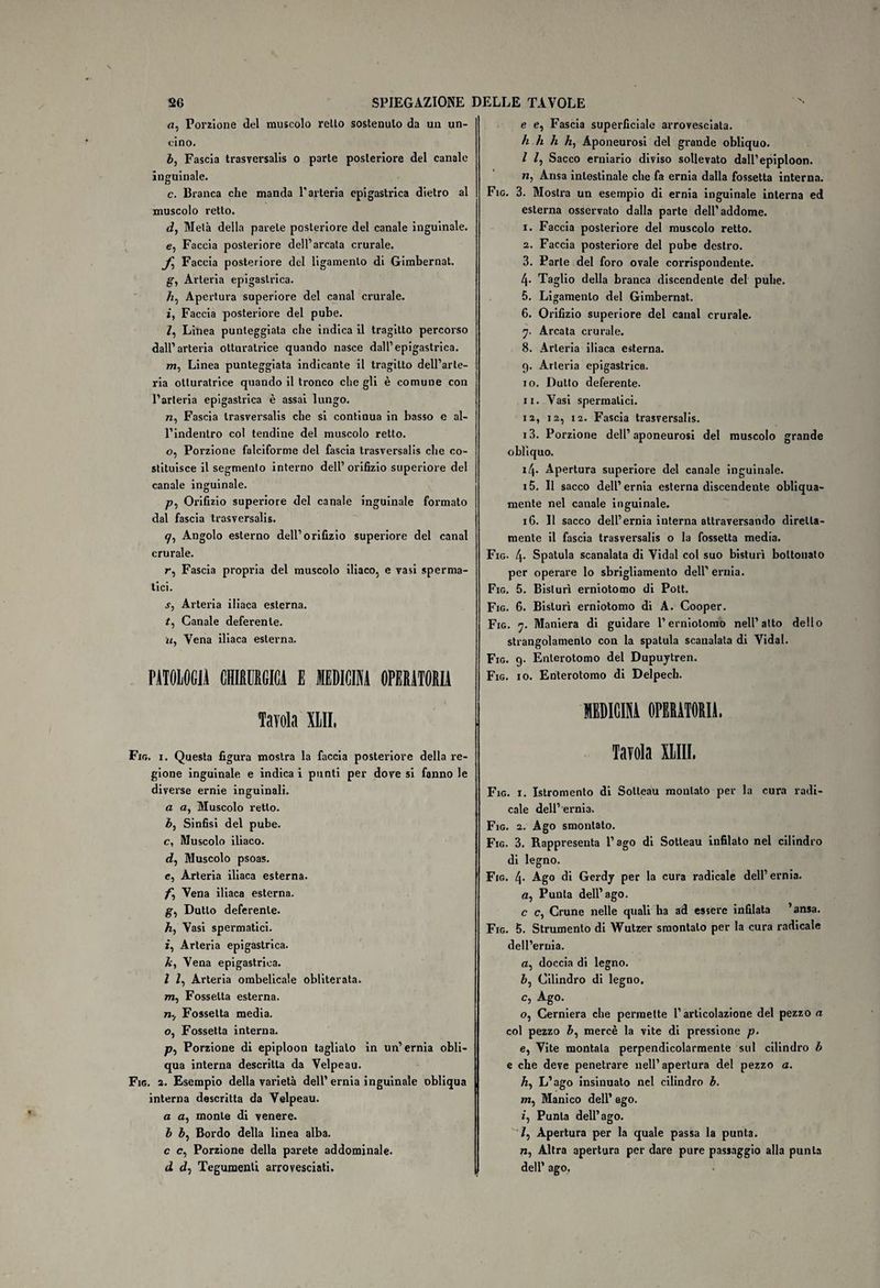 a, Porzione del muscolo retto sostenuto da un un¬ cino. A, Fascia trasversali o parte posteriore del canale inguinale. c, Branca che manda P arteria epigastrica dietro al muscolo retto. d, Metà della parete posteriore del canale inguinale. e, Faccia posteriore dell’arcata crurale. fi Faccia posteriore del ligamento di Gimbernat. g, Arteria epigastrica. A, Apertura superiore del canal crurale. i, Faccia posteriore del pube. /, Linea punteggiata che indica il tragitto percorso dall’arteria otturatrice quando nasce dall’epigastrica. m, Linea punteggiata indicante il tragitto dell’arte¬ ria otturatrice quando il tronco che gli è comune con l’arteria epigastrica è assai lungo. n, Fascia trasversali che si continua in basso e al- l’indentro col tendine del muscolo retto. o, Porzione falciforme del fascia trasversalis che co¬ stituisce il segmento interno dell’orifizio superiore del canale inguinale. Pi Orifizio superiore del canale inguinale formato dal fascia trasversalis. Angolo esterno dell’orifizio superiore del canal crurale. r, Fascia propria del muscolo iliaco, e vasi sperma¬ tici. s, Arteria iliaca esterna. ti Canale deferente. u, Vena iliaca esterna. PATOLOGIA CHIRURGICA E MEDICINA OPERATORIA Tavola XIII. Fio. i. Questa figura mostra la faccia posteriore della re¬ gione inguinale e indica i punti per dove si fanno le diverse ernie inguinali. a a, Muscolo retto. b, Sinfisi del pube. c, Muscolo iliaco. di Muscolo psoas. e, Arteria iliaca esterna. fi Vena iliaca esterna. gi Dutlo deferente. A, Vasi spermatici, z, Arteria epigastrica. A, Vena epigastrica. I li Arteria ombelicale obliterata, m, Fossetta esterna. nv Fossetta media, o, Fossetta interna. Pi Porzione di epiploon taglialo in un’ernia obli¬ qua interna descritta da Velpeau. Fig. 2. Esempio della varietà dell’ ernia inguinale obliqua interna descritta da Velpeau. a a, monte di venere. b A, Bordo della linea alba, c e, Porzione della parete addominale. d di Tegumenti arrovesciati. e e, Fascia superficiale arrovesciata. A A A A, Aponeurosi del grande obliquo. / /, Sacco erniario diviso sollevato dall’epiploon. n, Ansa intestinale che fa ernia dalla fossetta interna. Fig. 3. Mostra un esempio di ernia inguinale interna ed esterna osservato dalla parte dell’addome. 1. Faccia posteriore del muscolo retto. 2. Faccia posteriore del pube destro. 3. Parte del foro ovale corrispondente. 4- Taglio della branca discendente del pube. 5. Ligamento del Gimbernat. 6. Orifizio superiore del canal crurale. 7. Arcata crurale. 8. Arteria iliaca esterna. 9. Arteria epigastrica. 10. Dutto deferente. 11. Vasi spermatici. 12. 12, 12. Fascia trasversalis. 13. Porzione dell’aponeurosi del muscolo grande obliquo. 14. Apertura superiore del canale inguinale. 15. Il sacco dell’ernia esterna discendente obliqua¬ mente nel canale inguinale. 16. 11 sacco dell’ernia interna attraversando diretta¬ mente il fascia trasversalis o la fossetta media. Fig. 4- Spatola scanalala di Vidal col suo bisturi boltouato per operare lo sbrigliamento dell’ernia. Fig. 5. Bisturi erniotomo di Pott. Fig. 6. Bisturi erniotomo di A. Cooper. Fig. 7. Maniera di guidare l’erniotomo nell’atto dello strangolamento con la spatula scanalata di Vidal. Fig. 9. Enlerotomo del Dupuytren. Fig. io. Enterotomo di Delpech. MEDICINA OPERATORIA. Tavola XLIII. Fig. 1. Istromento di Solleau montato per la cura radi¬ cale dell’ernia. Fig. 2. Ago smontato. Fig. 3. Rappresenta l’ago di Sotteau infilato nel cilindro di legno. Fig. 4* Ago di Gerdy per la cura radicale dell’ernia. a, Punta dell’ago. c c, Crune nelle quali ha ad essere infilata ’ansa. Fig. 5. Strumento di Wutzer smontalo per la cura radicale dell’ernia. a, doccia di legno. b, Cilindro di legno. c, Ago.. o, Cerniera che permette l’articolazione del pezzo a col pezzo A, mercè la vite di pressione p. e, Vite montala perpendicolarmente sul cilindro A e che deve penetrare nell’apertura del pezzo <z. A, L’ago insinuato nel cilindro A. m, Manico dell’ago. 1, Punta dell’ago. li Apertura per la quale passa la punta. ni Altra apertura per dare pure passaggio alla punta dell’ ago.
