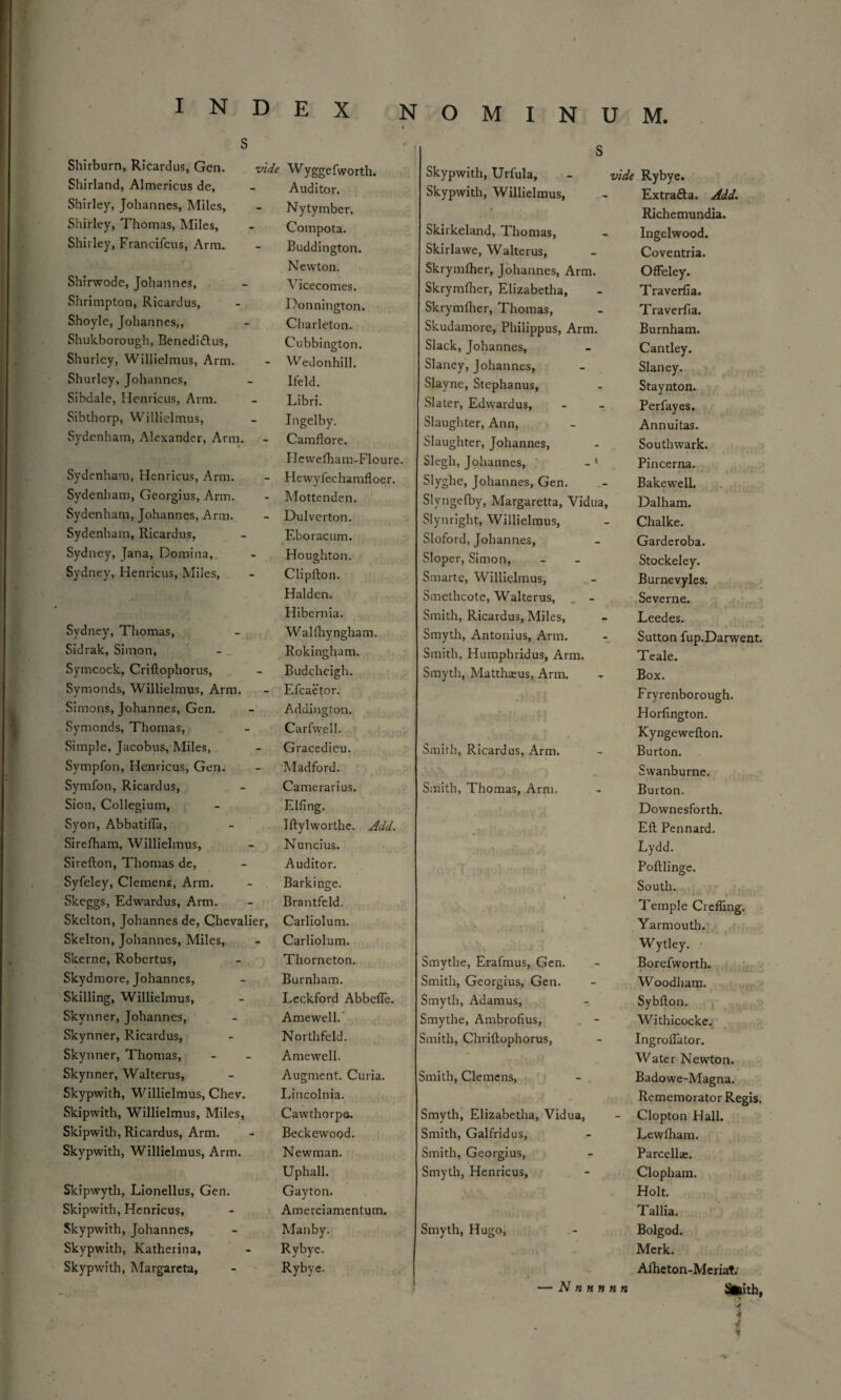 Shirburn, Ricardus, Gen. Shirland, Almericus de, Shirley, Johannes, Miles, Shirley, Thomas, Miles, Shirley, Francilcus, Arm. Shirwode, Johannes, Shrimpton, Ricardus, Shoyle, Johannes,, Shukborough, Benedi&us, Shurley, Willielmus, Arm. Shurley, Johannes, Sibdale, Henricus, Arm. Sibthorp, Willielmus, Sydenham, Alexander, Arm. Sydenham, Henricus, Arm. Sydenham, Georgius, Arm. Sydenham, Johannes, Arm. Sydenham, Ricardus, Sydney, Jana, Domina, Sydney, Henricus, Miles, Sydney, Thomas, Sidrak, Simon, Symcock, Criftophorus, Symonds, Willielmus, Arm. Simons, Johannes, Gen. Symonds, Thomas, Simple, Jacobus, Miles, Sympfon, Henricus, Gen. Symfon, Ricardus, Sion, Collegium, Syon, AbbatilTa, Sirelham, Willielmus, Sirefton, Thomas de, Syfeley, Clemens, Arm. Skeggs, Edwardus, Arm. Skelton, Johannes de, Chevalier, Skelton, Johannes, Miles, Skerne, Robertus, Skydmore, Johannes, Skilling, Willielmus, Skynner, Johannes, Skynner, Ricardus, Skynner, Thomas, Skynner, Walterus, Skypwith, Willielmus, Chev. Skipwith, Willielmus, Miles, Skipwith, Ricardus, Arm. Skypwith, Willielmus, Arm. Skipwyth, Lionellus, Gen. Skipwith, Henricus, Skypwith, Johannes, Skypwith, Katherina, Skypwith, Margareta, vide Wyggefworth. Auditor. Nytymber. Compota. Buddington. Newton. Vicecomes. Donnington. Charleton. Cubbington. - Wedonhill. Ifeld. Libri. Ingelby. Camflore. Hewelham-Floure. - Hewylechamfloer. - Mottenden. - Dulverton. F.boracum. Houghton. Clipfton. Halden. Hibernia. Walfhyngham. Rokingham. Budcheigh. - Efcaetor. Addington. Carfwc-11. Gracedieu. Madford. Camerarius. Filing. Iftylworthe. Add. Nuncius. Auditor. Barkinge. Brantfeld. Carliolum. Carliolum. Thorneton. Burnham. Leckford Abbefie. Amewell.’ Northfeld. Amewell. Augment. Curia. Lincolnia. Caw thorps. Beckewopd. Newman. Uphall. Gayton. Amerciamentuna. Manby. Rybye. Rybye. Skypwith, Urfula, Skypwith, Willielmus, Skirkeland, Thomas, Skirlawe, Walterus, Skrymlher, Johannes, Arm. Skrymlher, Elizabetha, Skrymllier, Thomas, Skudamore, Philippus, Arm. Slack, Johannes, Slaney, Johannes, Slayne, Stephanus, Slater, Edwardus, Slaughter, Ann, Slaughter, Johannes, Slegh, Johannes, - * Slyghe, Johannes, Gen. Slyngefby, Margaretta, Vidua, Slynright, Willielmus, Sloford, Johannes, Sloper, Simon, Smarte, Willielmus, Smethcote, Walterus, . - Smith, Ricardus, Miles, Smyth, Antonius, Arm. Smith, Humphridus, Arm. Smyth, Matthsus, Arm. Smith, Ricardus, Arm. Smith, Thomas, Arm. Smytlie, Erafmus, Gen. Smith, Georgius, Gen. Smyth, Adamus, Smythe, Ambrolius, Smith, Chriftophorus, Smith, Clemens, Smyth, Elizabetha, Vidua, Smith, Galfridus, Smith, Georgius, Smyth, Henricus, Smyth, Hugo, N n n n n n vide Rybye. Extrafta. Add. Richemundia. Ingelwood. Coventria. Offeley. Traveriia. Traverfia. Burnham. Cantley. Slaney. Staynton. Perfayes. Annuitas. Southwark. Pincerna. Bakewell. Dalham. Chalke. Garderoba. Stockeley. Burnevyles. Severne. Leedes. Sutton iup.Darwent. Teale. Box. F'ryrenborough. Horlington. Kyngewefton. Burton. Swanburne. Burton. Downesforth. Eft Pennard. Lydd. Poftlinge. South. Temple Creffing. Yarmouth. Wytley. Borefworth. Woodham. Sybfton. Withicocke. Ingroflator. Water Newton. Badowe-Magna. Rememorator Regis. Clopton Hall. Lewlham. Parcellae. Clopham. Holt. Tallia. Bolgod. Merk. Alheton-Meriat. - •» , . ■< 4 I ■V