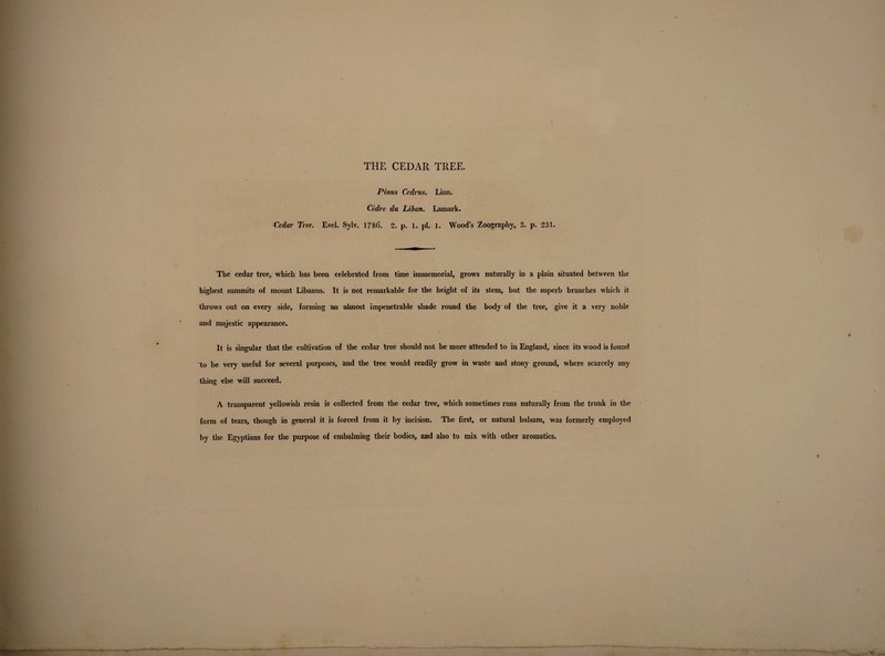 THE CEDAR TREE. Pinus Cedrus. Linn. Cedre du Liban. Lam ark. Cedar Tree. Evel. Sylv. 1786. 2. p. 1. pi. 1. Wood’s Zoography, 3. p. 231. The cedar tree, which has been celebrated from time immemorial, grows naturally in a plain situated between the highest summits of mount Libanus. It is not remarkable for the height of its stem, but the superb branches which it throws out on every side, forming an almost impenetrable shade round the body of the tree, give it a very noble and majestic appearance. It is singular that the cultivation of the cedar tree should not be more attended to in England, since its wood is found to be very useful for several purposes, and the tree would readily grow in waste and stony ground, where scarcely any thing else will succeed. A transparent yellowish resin is collected from the cedar tree, which sometimes runs naturally from the trunk in the form of tears, though in general it is forced from it by incision. The first, or natural balsam, was formerly employed by the Egyptians for the purpose of embalming their bodies, and also to mix with other aromatics.