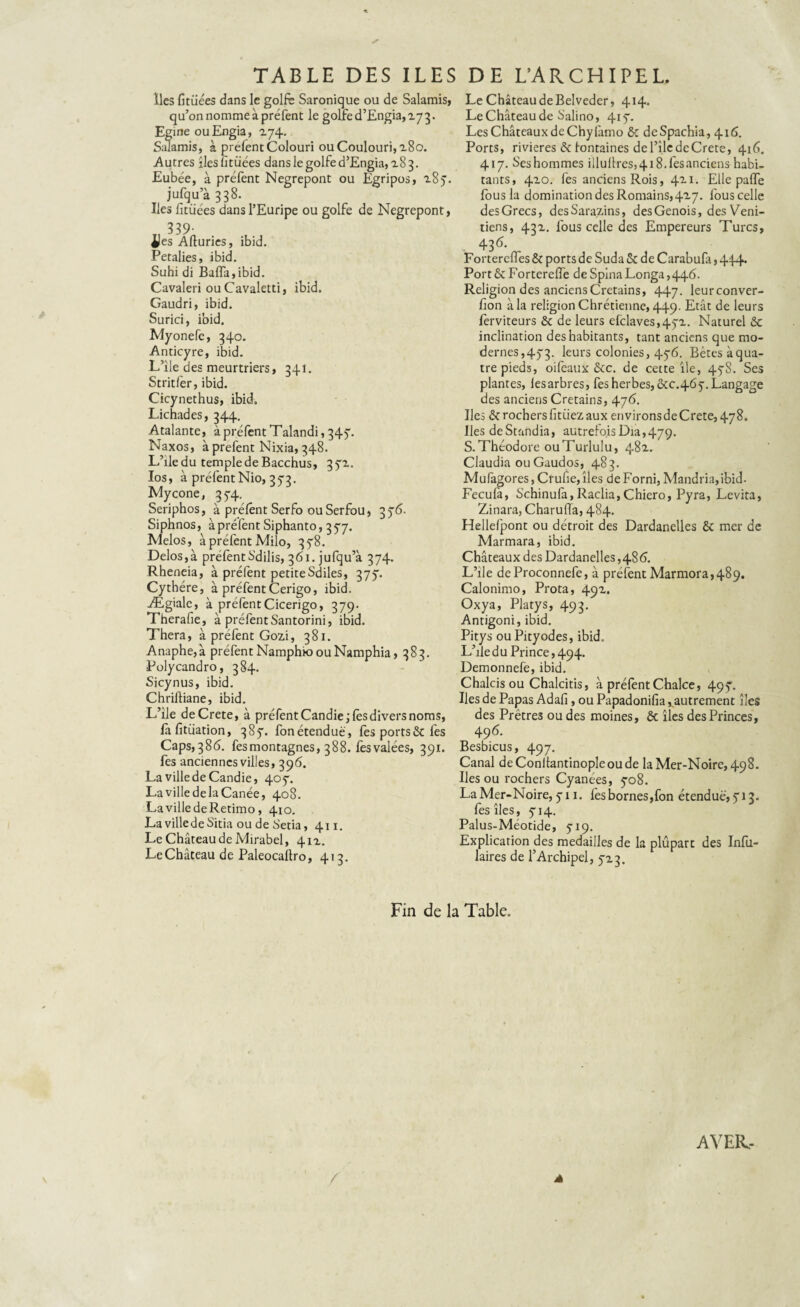 TABLE DES ILES DE L’ARCHIPEL. Iles fitiiées dans le golfe Saronique ou de Salamis, qu’on nomme à préfent le golfed’Engia,273. Egme ouEngia, 274. Salamis, à prefentColouri ou Coulouri, 280. Autres îles lîtüées dans le golfe d’Engia, 283. Eubée, à préfent Negrepont ou Egripos, 285. jufqu a 3 38. Iles fitiiées dansl’Euripe ou golfe de Negrepont, 3 39 Jles Afiuries, ibid. Petalies, ibid. Suhi di Bafla,ibid. Cavaleri ou Cavaletti, ibid. Gaudri, ibid. Surici, ibid. Myonefe, 340. Anticyre, ibid. L’île des meurtriers, 341. Stritler, ibid. Cicynethus, ibid. Lichades, 344. Atalante, àpréfentTalandi,347. Naxos, à prefent Nixia, 348. L’ile du temple de Bacchus, 372. Ios, à préfent Nio, 373. Mycone, 374. Seriphos, à préfent Serfo ou Serfou, 376. Siphnos, à préfent Siphanto, 377. Melos, à préfent Milo, 378. Delos,à préfent b'dilis, 361. jufqu’à 374. Rheneia, à préfent petiteSdiles, 377. Cythére, à préfent Cerigo, ibid. Ægiale, à préfentCicerigo, 379. Therafie, à préfent Santorini, ibid. Thera, à préfent Gozi, 381. Anaphe,à préfent NamphioouNamphia, 383. Polycandro, 384. Sicynus, ibid. Chrifiiane, ibid. L’ile deCrete, à préfent Candie ;fes divers noms, fàfitüation, 387. fonétenduë, fes ports6c fies Caps,386. fesmontagnes, 388. fesvalées, 391. fes anciennes villes, 396. La ville de Candie, 407. LavilledelaCanée, 408. LavilledeRetimo, 410. LavilledeSitia ou de Setia, 411. Le Château de Mirabel, 412. Le Château de Paleocaftro, 413. Le Château de Belveder, 414. Le Château de Salino, 417. Les Châteaux de Chyfamo 6c deSpachia, 416. Ports, rivières 6c fontaines de l’ile deCrete, 416. 417. Seshommes illulires,418.fesanciens habi¬ tants, 420. fes anciens Rois, 4x1. Elle paffe fous la domination des Romains,427. fous celle desGrecs, desSarazins, des Génois, des Véni¬ tiens, 432. fous celle des Empereurs Turcs, 43 Forterefles 6c ports de Suda 6c de Carabufa, 444. Port6cForterefie deSpinaLonga,446. Religion des anciens Cretains, 447. leurconver- fion à la religion Chrétienne, 449. Etât de leurs ferviteurs 6c de leurs efclaves,472. Naturel 6c inclination des habitants, tant anciens que mo¬ dernes,473. leurs colonies, 476. Bêtes àqua- tre pieds, oifeaux êcc. de cette île, 478. Ses plantes, lesarbres, fes herbes, 6CC.467. Langage des anciens Cretains, 476. Iles 6c rochers fitiiez aux environs deCrete, 478. Iles deStandia, autrefois Dia,479. S. Théodore ouTurlulu, 482. Claudia ouGaudos, 483. Mufagores, Crufie, îles de Forni, Mandria,ibid- Feculà, Schinufa,Raclia,Chiero, Pyra, Levita, Zinara, Charufla, 484. Hellefpont ou détroit des Dardanelles 6c mer de Marmara, ibid. Châteaux des Dardanelles ,486. L’ile deProconnefe, à préfent Marmora,489. Calonimo, Prota, 492. Oxya, Platys, 493. Antigoni, ibid. Pitys ou Pityodes, ibid. L’ile du Prince, 494. Demonnefe, ibid. Chalcisou Chalcitis, à préfentChalce, 497. Iles de Papas Adafi, ou Papadonifia ^autrement îles des Prêtres ou des moines, 6c îles des Princes, 496. Besbicus, 497. Canal deConltantinopleoude la Mer-Noire, 498. Iles ou rochers Cyanees, 708. La Mer-Noire, 711. fes bornes,fon étendue, 713. fes îles, 714. Palus-Méotide, 719. Explication des medailles de la plupart des Infu- laires de l’Archipel, 723. Fin de la Table.