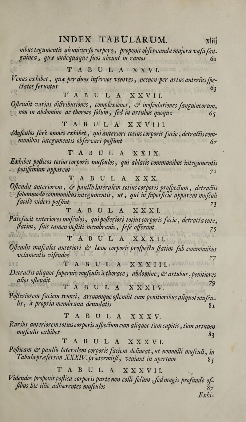 nibus tegumentis ab univcrfo corpore, proponit obfervanda majora vafafati- guinea, qua unde quaque fuos abeunt in ramos 61 t TABULA XXVI. Venas exhibet, qua per duos infernos ventres, necnon per artus anteriusfpe- Batos feruntur <5^ T A B U L A X X V I I. OJlendit varias diflributiones, complexiones, <&■* inofdilationes /anguineorum, non in abdomine ac thoroce foliim, fed in artubus quoque 65 TABULA XXVIII. Mujculos fere omnes exhibet, qui anteriori totius corporis facie, detraBis com¬ munibus integumentis obfer vari pojfunt 67 Tabula xxix. Exhibet poflicos totius corporis mujculos, qui ablatis communibus integumentis . potiffimum apparent 71 V TABULA XXX. OJlendit anteriorem, epaullo lateralem totius corporis pro/peBum, detraBis folummodo communibus integumentis, qui in feiperficie apparent tnufeuli facile videri pofjint ; r 73 TABULA XXXI. r . T* *. * Vate facit exteriores mufculos, qui pojleriori totius corporis facie, detraBacute, fatim, fuis tamen vefliti membranis, 0ferunt 7 j TABULA XXXII. r . « Oflendit mufculos anteriori & levo corporis profpeBu fatim fub communibus velamentis vifendos 77 TABULA XXXIII. T T DetraBis aliquot fupernis mufculis d thorace, abdomine, <z^ artubus,penitiores alios oflendit TABULA XXXIV. r- *• jT Vofleriorem faciem trunci, artuumque oflendit cum penitioribus aliquot mufcu¬ lis , propria membrana denudatis g x TABULA XXXV. Rursus anteriorem totius corporis afpeBum cum aliquot tum capitis, /ww artuum mufculis exhibet TABULA XXXVI. Vofticam & paullb lateralem corporis faciem delineat, ut nonnulli mufculi, //* Tabulaprefertim XXXIV.pretermisfi, veniant in apertum 8y TABULA XXXVII. Videndos proponitpof ica corporis parte non colli foliim ,fed magis profunde of flbus /dic illic adherentes mufculos 4 87 Exbi-