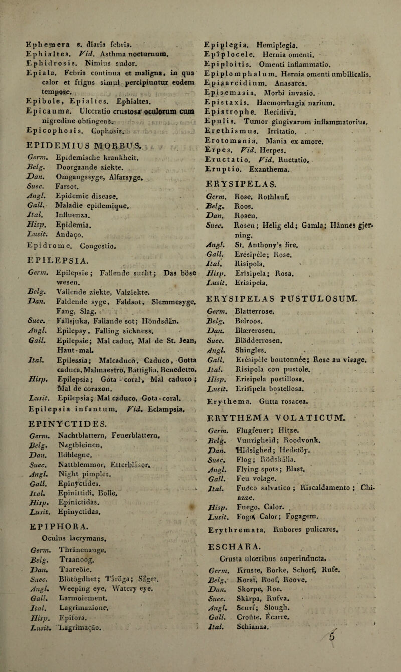 Ephialtes. Fid. Asthma noctumum. Ephidrosis. Nimius sudor. Epiala. Febris continua et maligna, in qua calor et frigus simul percipiuntur eodem tempore. Epibole, Epialtcs. Ephialtes. Ep i cauma. Ulccratio crustosar oculprum cum nigredine obtingcns. Epicophosis. Copkosis. EPIDEMIUS MORBUS. Germ. Epidemisclie krankheit. Belg. Doorgaande ziekte. Id an. Oingangssyge, Alfarsyge. Suec. Farsot. Angl. Epidemic disease. Gall. Maladie epidemique. Jtal. Influenza. Jlisp. Epidemia. Lusit. Andaco. Epi drome. Congestio. EPILEPSIA. Germ. Epilepsie; Fallende sucht; Das bose wesen. Belg. Vallende ziekte, Valziekte. Dan. Faldende syge, Faldsot, Slemmesyge, Fang, Slag. ; Suec. Fallsjuka, Fallande sot; Ilondsdan. Angl. Epilepsy, Falling sickness. Gall. Epilepsie; Mai caduC, Mai de St. Jean, Haut-mal. Jtal. Epilessia; Malcaduco, Caduco, Gotta caduca,Malmaestro, Battiglia, Benedetto. Hisp. Epilepsia; Gota - coral, Mai caduco ; Mai de corazon. Lusit. Epilepsia; Malcaduco, Gota-coral. Epilepsia infantum. Fid. Eclampsia, , EPINYCTIDES. Germ. Nachtblattern, Feuerblattern, Belg. Nagtbleinen. Dan. Ildblegne. Suec. Nattblemmor, Etterblasor. Angl. Night pimples. Gall. Epin^-ctides. Ital. Epinittidi, Bolle, Hisp. Epinictidas. Lu sit. Epmyctidas. EPIPHORA. Oculu3 lacrymans. Eplplocele. Hernia omenti. Epiploitis. Omenti inflammatio. Epiplomphalum. Hernia omentiumbilicalis. E p is arcidi um. Anasarca. Episemasia. Morbi invasio. Epistaxis. Haemorrhagia narium. Epi strophe. Recidiva. Epulis. Tumor gingivarum inflammatorius. Erethismus. Irritatio. . ' Erotomania. Mania ex am ore. Erpes. Fid. Herpes. Eructatio. Fid. Ructatio. Eruptio. Exanthema. ERYSIPELAS. Germ. Rose, Rothlauf. Belg, Roos. Dan. Rosen. Suec. Rosen; Helig eld; Gamla; Hannes gjer- ning. Angl. St. Anthony’s fire. Gall. Eresipele; Rose. Jtal. Risipola. * Hisp. Erisipela; Rosa. Lusit. Erisipela. ERYSIPELAS PUSTULOSUM. Germ. Blatterrose. * - Belg. Belroos. Dan. Blaererosen. > 6 • Suec. Bladderrosen. Angl. Shingles. Gall. Eresipele boutonnee; Rose au visage. Jtal. Risipola con pustole. - ; Jlisp. Erisipela postillosa. Lusit. Eris'ipela bostellosa. Ery thema. Gutta rosacea. ERYTHEMA YOLATICUM. Germ. Flugfeuer; Hitze. Belg. Vuurigheid; Roodvonk. Dan. Hidsighed; Hedetoy. Suec. Flog; Rodskalla. Angl. Flying spots; Blast. Gall. Feu volage. Jtal. Fu<5co salvatico ; Riscaldamento ; CM- azze. Jlisp. Fuego, Calor. , Lusit. Fog<* Calor; Fogagem. Erythremata. Rubores pulicares. Germ. Thranenauge. ESCHARA. Belg. Traanoog. Crusta ulceribus superinducta. Dan. Taareoie. Germ. Kruste, Borke, Schorf, Rufe. Suec. Blotogdhet; Taroga; Saget. Belg, Korst, Roof, Roove. Angl. Weeping eye. Watery eye. Dan. Skorpe, Roe. Gall. Larmoiement. Suec. Skarpa, Rufva. Jtal. Lagrimazione. Angl. Scurf; Slough. Hisp. Epifora. Gall. Croute, Ecarre. Lusit. Lagrimac-uo. Jtal. Schianza. *■ \ 'F '6