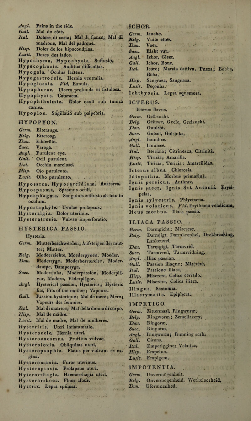Gall. Mai de cote. , . Ital. Dolore di costa; Mai.di fianco, Mai di madrone, Mai del padrone. Hisp. Dolor de los hipocondrios. Lusit. Dores dos lados. Hypochyma, Hypochysis. SufFusiOi Hypocophosis. Auditus difficultas. Hypogala. Oculus lacteus. Hypogastrocele. Hernia ventralis. Hypoglossis. Vid. Ranula. Hypophorae. Ulcera profunda et fistulosa. Hypophysis. Cataracts. Hypo phthalmia. Dolor oculi sub tunica cornea. Hypopion. Stigillatio sub palpebris. HYPOPYON. Germ. Eiterauge. JBelg. Etteroog. Dan. Edderoie. Suec. Varoga. Angl. Purulent eye. Gall. ' Oeil purulent. Ital. Occhio marcioso'. Hisp. Ojo purulento. Lusit. Olho purulento. . , Hyposarca, Hyp osarcidium. Anasarca. Hypospasma. Spasmus oculi. H y p o s p h a g m a. Sanguinis auffusio ab ictu in oculum. Ilypostaphyle. Uvulae prolapsus. Hy steralgia. Dolor uterinus. Hy s ter atresia. Vulvae imperforatio. HYSTERICA PASSIO. Hysteria. Germ. Mutterbeschwerden; Aufsteigender mut¬ ter; Mutter. JBelg. Modeerziekte, Moederpynen, Moeder. Dan. Modersyge, Moderbesvserelse, Moder- dampe, Dampesyge. Suec. Modersjuka, Moderpassion, Moderpla- gor, Modern, Vaderplagor. Angl. Hysterical passion, Hysterics; Hysteric fits, Fits of the mother; Vapotirs. Gall. Passion hysterique; Mai de mere; Mere; Vapeurs des femmes. Ital. Mai di matrice; Mai della donna di corpo. Hisp. Mai de madre. Lusit. Mai de madre, Mai de mulheres. Hysteritis. Uteri inflammatio. Hysterocele. Hernia uteri. Ilysterocnesmus. Pruritus vulvae. Hys teroloxia. Obliquitas uteri. Hy steropsophia. Flatus per vulvam ex va¬ gina. Ilysteromania. Furor uterinus. Iiysteroptosis. Prolapsus uteri. Hyterorrhagia. Haemorrhagia uteri. Hysterorrhoea. Fluor albus. Hystrix. Lepra spinosa. Germ. Jauche. JBelg. Vuile etter. Dan. Voer. * ' > Suec. Elakt var.> 1 • Angl. Ichor, Gleet. Gall. Ichor, Boue. Ital. Icore; Marcia cattiva, Puzza; Bobba, Boba. f Hisp. Sangraza, Sanguaza. Lusit. Peconha.1 Ichthyosis. Lepra squamosa. ICTERUS. Icterus flavus. Germ. Gelbsucht. JBelg. Geluwe, Geele, Geelzucht. Dan. Guulsot. Suec. Gulsot, Gulsjuka. Angl. Jaundice. Gall. Iaunisse. Ital. Itterizia; Citrinezza, Citrinita. Hisp. Tiricia; Amarilla. Lusit. Tiricia, Tcricia : Amarellidao. Icterus albus. Chlorosis. Idiopathia. Morbus primarius. Ignis persicus. Anthrax. Ignis sacer, Ignis Sti. Antonii. Erysi¬ pelas. Ignis sylvestris. Phlyctaena. Ignis volaticus. Vid. Erythema volaticum^ Ileus morbus. Iliaca passio. ILIAC A PASSIO. . Germ. Darmgicht; Miserere. JBelg. Darmjigt, Darmkronkel, Drekbraaking, Lankeuvel. Dan. Tarmgigt, Tarmvrid. Suec. Tarmvred, Tarmvridning. Angl. . Iliac passion. Gall. Passion iliaque; Miserere. Ital. Passione iliaca. Hisp. Miserere, Colico cerrado. Lusit. Miserere, Colica iliaca. Ilingus. Scotomia. Illacrymatio. Epiphora., IMPETIGO. - • ■ * Germ. Zittermaal, Ringwurm. JBelg. Ringworm; Zemellazery. Dan. Ringorm. Suec. Ringorm. ' Angl• Ringworm; Running scabu Gall. Cirons. Ital. Empetiggine; Volaiica* Hisp. Empeine. Lusit. Empigem. IMPOTENTI A. . ! Germ. Unvermogenheit. JBelg. Onvermogenheid, Werkelo.osheid, Dan. Uformuenhed. . . <*