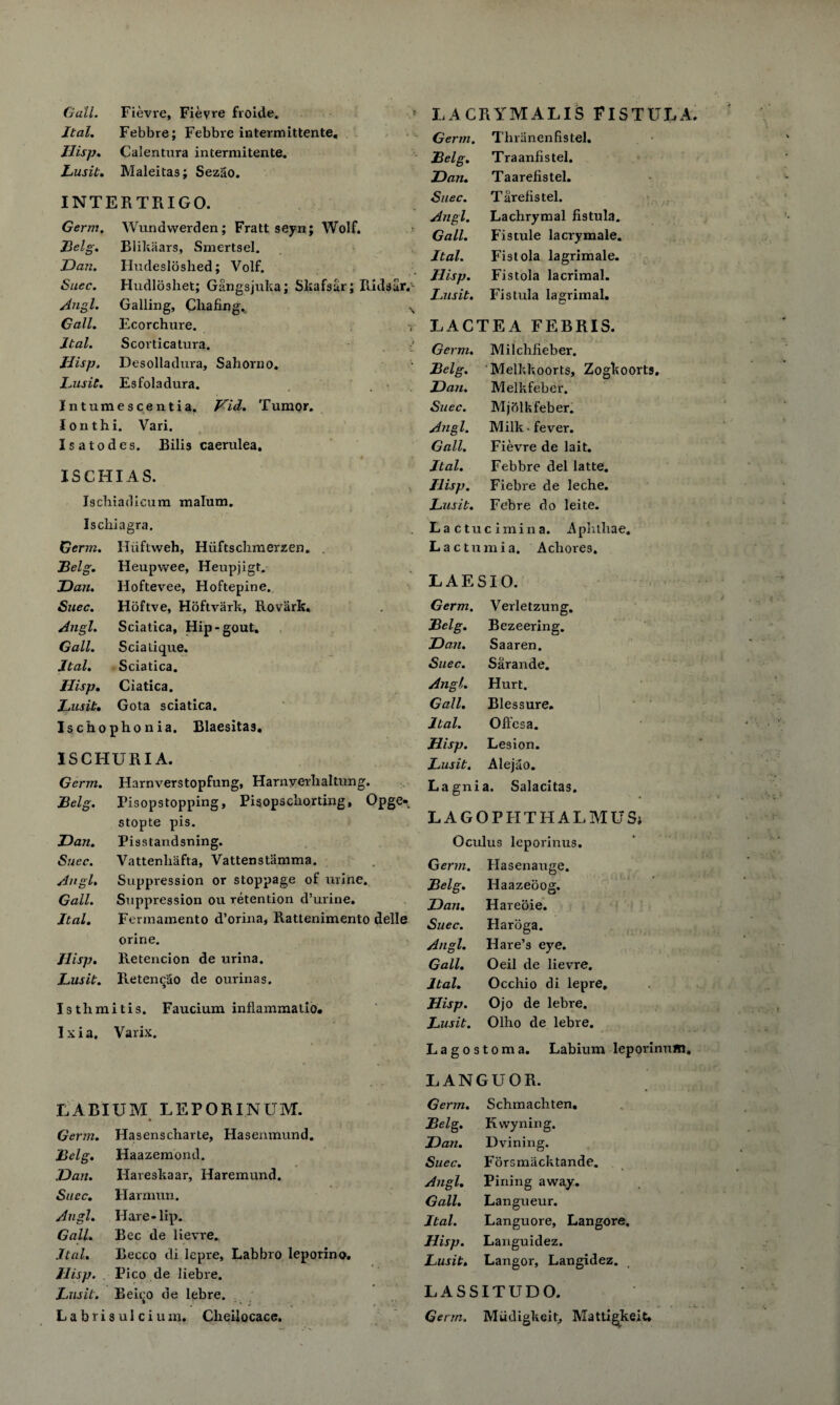 Gall. Fievre, Fievre fioicte. » Ital. Febbre; Febbre intermittente, Jlisp. Calentura intermitente. Lusit. Maleitas; Sezao. INTERTRIGO. Germ. Wundwerden; Fratt seyn; Wolf. Belg. Blikaars, Smertsel. Dan. Hudesloshed; Volf. Suec. Hudloshet; Gangsjuka; Skafsar; Ridsur. Angl. Galling, Chafing^, N Gall. Ecorchure. r Ital. Scorticatura. Jlisp. Desolladura, Sahorno. lAisit. Esfoladura. Intumescentia, Did. Tumor, lonthi. Vari. Isatodes. Bilis caerulea. IS CHI AS. Ischiadicum malum. Ischiagra. LACRYMALIS FISTULA Germ. Thranenfistel. Belg. Traanfistel. Dan. Taarefistel. Suec. Tarefistel. Angl. Lachrymal fistula. Gall. Fistule la cry male. Ital. Fistola lagrimale. Jlisp. Fistola lacrimal. Lusit. Fistula lagrimal. LACTEA FEBRIS. Germ. Belg. Dan. Suec. Angl. Gall. Ital. Jlisp. Lusit. La ctuc irnina. Milchfieber. Melkkoorts, Zogkoorts, Melkfeber. Mjblkfeber. Milk • fever. Fievre de lait. Febbre del latte. Fiebre de leche. Fcbre do leite. Aphthae. Germ. Huftweh, Hiiftschmerzen. . La c turn i a. Achores. Belg. Heupwee, Heupjigt. L AES 10. Dan. Hoftevee, Hoftepine. Suec. Hoftve, Hoftvark, Rovark. Germ. Verletzung. Angl. Sciatica, Hip-gout. Belg. Bezeering. Gall. Scialique. Dan. Saaren. Ital. Sciatica. Suec. Sarande. Jlisp. Ciatica. Angl. Hurt. Lusit. Gota sciatica. Gall. Blessure. Ischophonia. Blaesitas. Ital. Ofl'csa. Hisp. Lesion. ISCHURIA. Lusit. Alejao. Germ. Harnverstopfung, Harnyerhaltung. Lagnia. Salacitas. Belg. Pisops topping, Pisopschorting, Opge- stopte pis. LAGOPHTIIALMUS; Dan. Pisstandsning. Oculu3 leporinus. Suec. Vattenhafta, Vattenstamma. Germ. Hasenauge. Angl. Suppression or stoppage of urine. Belg. Haazeoog. Gall. Suppression ou retention d’urine. Dan. Hareoie. Ital. Fermamento d’orina, Rattenimento delle Suec. Haroga. orine. Angl. Hare’s eye. Jlisp. Retencion de urina. Gall. Oeil de lievre. J^usit. Retencao de ourinas. Ital. Occhio di lepre. Istlimitis. Faucium inflammatio. Hisp. Ojo de lebre. 1 xia. Varix. Lusit. Olho de lebre. Lagostoma. Labium leporinum, LANGUOR. LABIUM LEPORINUM. Germ. Hasenscharte, Hasenmund. Belg. Haazemond. Dan. Hareskaar, Haremund. Succ. Harmun. Angl. Hare-lip. Gall. Bee de lievre. Ital.. Becco di lepre, Labbro leporine. Jlisp. Pico de liebre. Lusit. Beit’O de lebre. Labrisulciu m. Cheilocace. Germ. Schmachten. Belg. Kwyning. Dan. Dvining. Suec. Forsmiicktande. Angl. Pining away. Gall. Langueur. Ital. Languore, Langore, Hisp. Languidez. Lusit. Langor, Langidez. LASSITUDO. Germ. Mudigkeit, Mattigkeit.