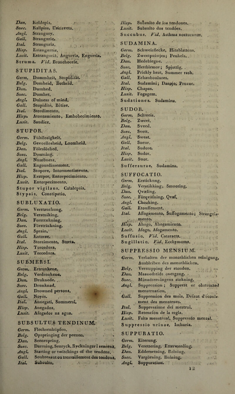 Dan. Koldepis. .r • r.' Suec. Kali piss, Uririsveta. Angl. Strangury. GaLl. Strangurie. Jtal. Stranguria. Hisp. Estangurria. Lusit. Estranguria, Angurria, Engurria. Struma. Bronchocele. STUPIDITAS. Germ. Dummheit, Stupidiliit. Belg. Domhei-d, Botheid. Dan. Dumhed. Suec, Dumhet. Angl. Dulness of mind. Gall. Stupidite, Betise. Jtal. Stordimento. Jlisp• Atontamiento, EmbobecimientO. Lusit. Saudice. ■ r> STUPOR. Germ. FiiliilosigKeit. Belg. GevoeIlo3lieid, Loomheid. Dan. Folesloshed. Suec. Domrung, . Angl. Numbness. Gall. Engourdissement. Jtal. Stupore, Intormentimento. Jlisp. Estupor, Entorpecimiento. Lusit. Entorpecimento. Stupor vigilans. Catalepsis. Stypsis. Constipatio. SUBLUXATIO. Germ. Verstaucliung. Belg. Verstuiking. Dan. Forstraekning. Suec. Forstraekning. Angl. Sprain* Gall. Entorse. , . Jtal. Storcimento, Storta* Hisp. Torcedura. Lusit. Torcedura. SURMERSI. Germ. Ertrunkene. Belg. Verdronkene. Dan. Druknede. .. Suec. Drunknad. Angl. Drowned persons. ^ Gall. Noyes. v | Jtal. Annegati, Sommersi. Hisp. Anegados. Lusit. Afogados na agua. > . ' > SUBSULTU.S TEND IN UM. Germ. Flechsenlnipfen. Belg. Opspringing der peezen. ‘ . «, jDan. Seenespring. * •' ■« Suec. Darrning, Senryck, Ryckningar i senornS. Angl. Starting or twitclnngs of the tendons. Gall. Soubresaut ou tressaillement des tendons. Jtal. Subsulto. - A j, ' Hisp. Subsulto de los tendones. •• ' <• Lusit. Subsulto dos tendoes. Succubus. Vid. Asthma nocturnum. SUD AMINA. Germ. Scliweisflecke, Hitzblattcrn. Belg. Zweetpuistjes; Peukels.. Dan. Hedeblegne. Suec. Hettblemor; Spjottig. . Angl. Prickly heat, Summer rash. Gall. Echauboulures. « , *. Jtal. Sudamini; Dan^jo* Pruzzc, Hisp. Chapas. Lusit. Fogagem. Sudationes. Sudamina. « . SUDOR. • ' > Germ. Schweis. Belg. Zweet. Dan. Sveed. Suec. Svett. Angl. Sweat. Gall. Sueur. ■ ■» Jtal. Sudore. Hisp. Sudor. Lusit. Suor. * • ... » Suffersurae. Sudamina. . >. SUFFOCATIO. Germ. Erstickung. Belg. Verstikkiug, Smooring. Dan. Qvaeling. Suec. . Forqvafning, Qvaf. Angl. Choaking. Gall. Etouffement. Jtal. Aftogamento, Suffogamento; Strangoia- , • men to. ^ ' v f • * ’ » • * ' ■ ' t> Hisp. Ahogo, Aliogamiento. Lusit. Afogo, Afogamento. Suffusio. Hid. Cataracta. Sugillatio. Hid. Ecchymoma. SUPPRESSIO MENS!UM. Germ. Verlialten der monatblichen reinigung, Ausbleiben lies inonathliclien. Belg. Verstopping der stonden. • . , Dan. Maanedstids oveigang. . j * Suec. Manadsrenlngens stokning. Angl. Suppression ; Supprest or obstructed - menstruation. * .• . , > Galt. Suppression des mois, Defaut d'ecoule ment des menstrues. t e, Jtal. Suppressione dei mestrui. Hisp. Retencion de la regia. Lusit. Falta menstrual, SuppressSo mensal. Suppressio urinae. Ischuria. SUPPURATIO. Germ. Eiterung. Belg. Verettering, Etterwording, Dan. Eddersetning, Bolning. Suec. Vargorning, Ruining, Angl. Suppuration. ’ ...• ... 12