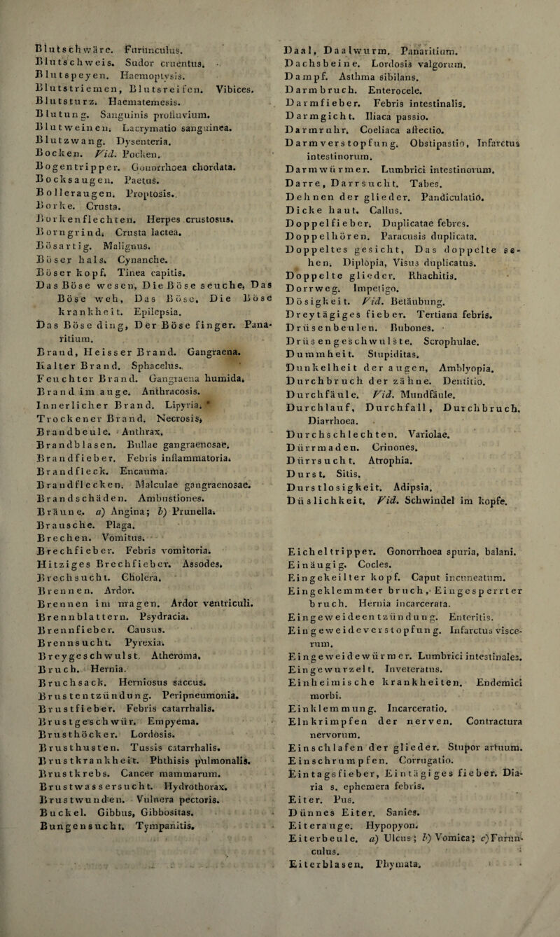 B lut schwa re. Furunculus. Blutschweis. Sudor eruentus. Blutspeyen. Haemoptysis. Bluts trie men, Blutsreifcn. Vibices. Blutsturz. Haematemesis. Bl utung. Sanguinis protluvium. Blutweinem Lacrymatio sanguinea. Blutzwang. Dysenteria. Boclten. Fid. Pocken. Bogen trip per. Gonorrhoea chordata. Bocksaugen. Paetus. Bolleraugen. Proptosis.. Borke. Crusta. Borkenflechten. Herpes crustosus. Born grind; Crusta lactea. Bosartig. Malignus. Biiser liaise Cynanche. Bbser kopf. Tinea capitis. Das Bose wesen, Die Biise s e u c h e* Das Bose w eh, Das Bose, Die Bose krankheit. Epilepsia. Da s B ose ding, Der Bose finger. Pana¬ ritium. Brand, Heisser Brand. Gangraena. lialter Brand. Sphacelus. F cue liter Brand. Gangraena humida* Brand ini auge. Anthracosis. Innerlicher Brand. Lipyria* * Trockener Brand. Necrosis* Brandbeule. Anthrax. Brand blase n. Bullae gangraenosae* Brandfieber. Febris inflammatoria; Brand fleck. Encauma, Brandflecken. Maleulae gangraenosac. Brandschaden. Ambustiones. Braun e. a) Angina; b) Prunella; Brausche. Plaga. Brechen. Vomitus. Brechfieber. Febris vomitoria; Hitziges Brechfieber. Assodes; Jivechsucht. Cholera, Brennen. Ardor. Brennen ini magen. Ardor ventriculi. Bren n blatter n. Psydracia* Brennfieber. Causus. Brennsuclit. Pyrexia; B r ey ge s ch wul s t Atheroma. Bruch. Hernia. Bruchsack. Herniosus saccus. Brustentziindung. Peripneumonia. Brustfieber. Febris catarrhalis. Hr us t ges ch wiir. Empyema. Brusthocker. Lordosis. Br us thus ten. Tussis catarrhalis. B ru s tkr a nkheit. Phthisis pulmonalis. Brustkrebs. Cancer mammarum. Brustwassersucht. Hydro thorax. Brustivunden. Vulnera pectoris. Buck el. Gibbus, Gibbositas. Bungensucht. Tympanitis. Daal, Daalvvurm. Panaritium. Dachsbeine. Lordosis valgorum. Dampf. Asthma sibilans, Darmbruck. Enterocele. Davmfieber. Febris intestinalis. Darmgicht. Iliaca passio. Darmruhr, Coeliaca aliectio. Darmverstopfung, Obstipastio, In.farctus intestinorum, Darin wiir me r. Lumbrici intestinorum. Darre, Darrsucht. Tabes. Dell nen der glieder. Pandiculatio. Dicke haut. Callus. Doppelfieber, Duplicatae febres. Doppelhoren. Paracusis duplicate. Doppelte s gesicht, Das doppelte gg» hen; Diplopia, Visus duplicatus. Doppelte glieder. Rhachitis. Dor rweg. Impetigo. Dosiglteit. Picl. Betaubung. Dreytagiges fieber. Tertiana febris. Driisenbeulen. Bubones. Driisengeschwulste. Scrophulae. Dummheit. Slupiditas. Dunkelheit der augen, Amblyopia. Durchbruch der za line. Dentitio. Durchfaule. Fid. Mundfaule. Durchlauf, Durchfall, Durchbruch. Diarrhoea. Du r c h s ch 1 e ch ten. Variolae. Diirrmaden. Crinones. Diirrsucht. Atrophia. D urst, Sitis. D urstlosigkeit. Adipsia. Diislichkeit. Fid. Schwindel im kopfe. Eich el tripper. Gonorrhoea spuria, balani. Einaugig. Codes. Eingekeilter kopf. Caput incuneatum. Eingeklemmter bruch,- Eingesperrter bruch. Hernia incarcerata. Eingeweideentziindung. Enteritis. Eingeweideverstopfung. Infarctus visce- rum, Einge wei d e wiir m er. Lumbrici inteslinales. Eingewurzelt. Inveteratus. Einheimische krankheiten. Endemic! morbi. Einklemmung. Incarceratio. Elnkrimpfen der n erven. Contractura nervorum. Einschlafen der glieder. Stupor artuum. Einschrumpfen. Corrugatio. Ein tags fieber, Eintiigiges fieber. Dia¬ ria s. ephemera febris. Eiter. Pus. Diinnes Eiter. Sanies. Eiterauge. Hypopyon. Eiterbeule. a) Ulcus ; h) Vomica; c)Finrun'* cuius. Eiterblasen. Fhyinata.