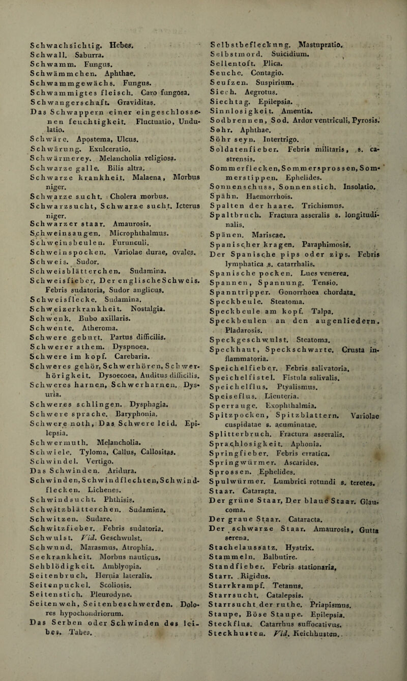 Scliwachsichtig. Hebes. Schwa 11. Saburra. Schwamm. Fungus. Schwammchen. Aphthae. Schwammge waclis. Fungus. Schwammigtes fleisch. Caro fungosa. S ch wanger s ch af t. Graviditas. Das Schwappern einer eingeschlosse- nen feuch tigkeit. Fluctualio, Undu- latio. Schware. Apostema, Ulcus. S c h w a r u n g. Exulceratio. Schwarmerey. Melancholia religiosa. Schwarze galle. Bilis altra. Schwarze krankheit. Malaena, Morbus niger. Schwarze sucht. Cholera morbus. Scliwarzsucht, Schwarze suclit. Icterus niger. Schwarzer staar. Amaurosis. S.c hweinsau gen. Microphthalmus. Schweinsbeulen. Furunculi. Schweinspocken. Variolae durae, ovales. Schweis. Sudor. Sch weisblatterchen. Sudamina. Sch weisfieber, Der englischeSchwcis. Febris sudatoria, Sudor anglicus. Schweis fleck e. Sudamina. Schweizerkrankheit. Nostalgia. Schwenk. Bubo axillaris. Schwente. Atheroma. Sch were geburt. Partus difficilis. Scliwerer a them. Dyspnoea. Sch were im kopf. Carebaria. Scliweres gehor, Schwerhoren, Schwer- horigkeit. Dysoecoea, Auditus difficilis. Scliweres harnen, Schwerharneu. Dys- uria. Schweres schlingen. Dysphagia. Sch we re sprache. Baryphonia. Sch were noth. Das Sch were leid. Epi¬ lepsia. Schwermuth. Melancholia. r Schwiele. Tyloma, Callus, Callositas. Sch win del. Vertigo. Das Schwinden. Aridura. S c h w i n d e n, S c h w i n d f 1 e c h t e n, S c li w i n d- flecken. Lichenes. S ch win d sucht. Phthisis. S chwitz blatterchen. Sudamina. Schwitzen. Sudare. Schwitzfieber. Febris sudatoria. Schwulst. Vid. Geschwulst. Schwund. Marasmus, Atrophia.. Seekrankheit. Morbus nauticus, Sehblodigkeit. Amblyopia. Seitenbruch. Hernia lateralis. Seitenpuckel. Scoliosis. Seitenstich. Pleurodyne. Seitenweh, Seitenbeschwerden. Dolo¬ res hypochondriorum. Das Serben oder Schwinden des Iei- bes. Tabes, S clb s tb efleck nn g. Mastupratio. Selbstmord. Suicidium. Sellentoft. Plica. Seuche. Contagio. Seufzen. Suspirium. Sieth. Aegrotus. Siechtag. Epilepsia. Sinnlosigkeit. Amentia. Sodbrennen, Sod. Ardor ventriculi, Pyrosis.' Sohr. Aphthae. Sohr seyn. Intertrigo. Soldatenfieber. Febris militaris, s. ca- strensis. Sommerflecken,Sommersprossen, Som« merstippen. Ephelides. Sonnenschuss, Sonnenstich. Insolatio, Spahn. Haemorrhois. Spalten derhaare. Trichismus. Spaltb ruch. Fractura asseralis s. longitudi- nalis, Spanen. Mariscae. Sp an i s ch er kr a gen. Paraphimosis. , Der Spanische pips oder zips. Febris lymphatica ,s. catarrhalis. Spanische pocken. Lues venerea. Sp annen, Spann ung. Tensio. Spanntripper. Gonorrhoea chordata. Speckbeule. Steatoma. Spe ckbeule am kopf. Talpa, Spe ckbeulen an den augenliedern. Pladarosis. Speckgeschwulst. Steatoma. Speckh aut, Speckschwarte. Crasta in- flammatoria. Speichelfieber. Febris salivatoria. Speichelfistel. Fistula salivalis. Speichelflus. Ptyalismus. Sp eiseflus. Lienteria. Sperrauge. Exophihalmia. Spitz pocken, S p i t z b la 11 ern. Variolae cuspidatae s. acuminatae. Splitterbruch. Fractura asseralis. Sprac.hlosigkeit. Aphonia. Springfieber. Febris erratica. Spring wiirmer. Ascarides. Sprossen. Ephelides. Spulwurmer. Lumbrici rotundi s. teretes. Staar. Catarapta. Der griine Staar, Der blaue Staar. Glau¬ coma. Der graue Stqar. Cataracta. Der sch warze Staar. Amaurosis, Gutta serena. Stachelaussatz. Hystrix. Stammeln. Balbutire. Standfieber. Febris stationaria, Starr. .Rigidue. Starrkrampf. Tetanus. Starrs ucht. Catalepsis. Starrsucht der ruthe. Priapismus. Staupe, Bose Staupe. Epilepsia. Steckflus. Catarrhus suffocativus. Steckhusten. Vid. Keichhusten..