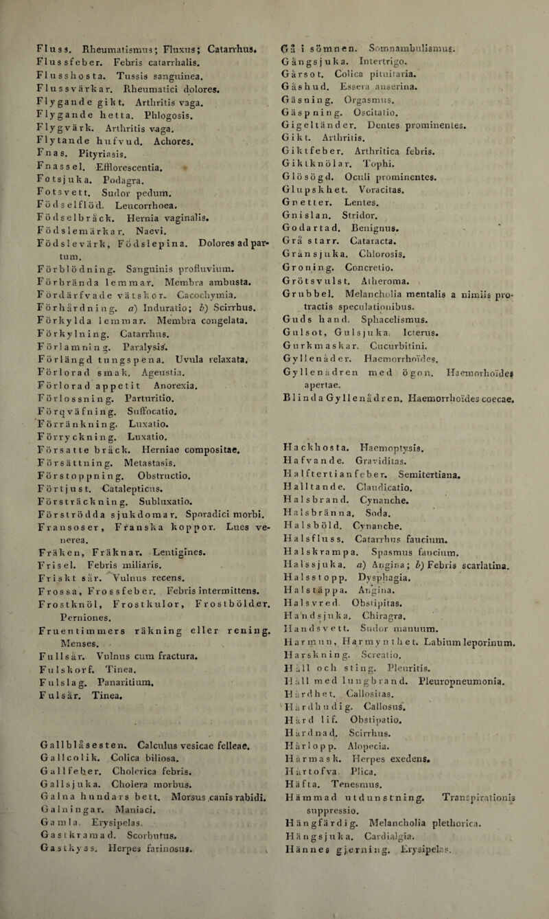 Flussfeber. Febris catarrhalis. Flusshosta. Tussis sanguinea. Flussvarkar. Rheumatici dolores. Flygande gikt. Arthritis vaga. Flygande lietta. Phlogosis. Flygvark. Arthritis vaga. Fly tande hufvud. Achores. Fnas. Pityriasis. Fn a s s el. Efllorescentia. • Fotsjuka. Podagra. Fotsvett. Sudor pedum. Fod selflb d. Leucorrhoea. Fodselbrack. Hernia vaginalis. Fodsleraarkar. Naevi. Fodslevark, Fbdslepina. Dolores ad par- turn. Fbrblodning. Sanguinis profluvium. Forbranda lemraar. Membra ambusta. Fordarfvade vatskor.. Cacochymia. Forhardning. a) Induratio; b) Scirrhus. Forkylda lemraar. Membra congelata. Forkylning. Catarrhus. F o r 1 a m ni n g. Paralysis'. For lan gd tnngspena. Uvula relaxata. Forlorad sinak. Ageustia. Fbrlorad a p petit Anorexia. Fbrlossning. Parturitio. Fbrqvafning. Suffocatio. Forrankning, Luxatio. Forryckning. Luxatio. Forsatte brack. Herniae compositae. Forsattning. Metastasis. Forstoppning. Obstructio. Fortjust. Catalepticus. Forstrackning. Subluxatio. Forstrodda sjukdomar. Sporadici morbi. Fransoser, Fran ska koppor. Lues ve¬ nerea. Friiken, Fraknar. Lentigines. Frisel. Febris miliaris. Frisk t s ar. Vulnus recens. Frossa, Frossfeber. Febris intermittens. Frostknol, Frost ku lor, Frostbolder. Perniones, Fruentimmers rakning eller renin g. Menses. Fulls dr. Vulnus cum fractura. Fulskorf. Tinea. Fulslag. Panaritium. Fulsar. Tinea. Gallblasesten. Calculus vesicae felleae, Gallcolik. Colica biliosa. Gallfeher. Cholerica febris. G a 11 s j u k a. Cholera morbus. Galna hundars belt. Morsus canis rabidi. G a 1 n i n g a r. M an ia ci. Gamla, Erysipelas. Gasikramad. Scorbutus. Gastkyas. Herpes farinosus. Gangsjuka. Intertrigo. Garsot. Colica pituitaria. G a s h u d. Essera anserina. Giisning. Orgasmus. Giispning. Oscitalio. Gigeltiinder. Dentes prominenles. Gikt. Arthritis. Giktfeber. Arthritica febris. Giktknblar. Tophi. Glosbgd. Oculi prominentes. Glupskhet. Voracitas. Gnetter. Lentes. Gnislan. Stridor. Go da r tad. Benignus. Gra starr. Cataracta. Gransjuka. Chlorosis. Groning. Concretio. Grotsvulst. Aiberoma. Grubb el. Melancht)lia mentalis a nimlis pro- tractis speculationibus. Guds hand. Spliacelismus. Gulsot, Gulsjuka. Icterus. Gurkmask a r. Cucurbitini. Gyllenader. Haemorrhoides. Gyllenadren med ogon. Haexnorho’fdes apertae. B1 in da Gy lien a dr en. Haemorrhoides coecae. Hack host a. Haemoptysis. Hafv a n d e. Graviditas. Halftertianfeber. Semitertiana. FI all tan de. Claudicatio. Hal. s brand. Cynanche. Halsbranna. Soda. Halsbold. Cynanche. Halsfluss. Catarrhus faucium. Flalskrampa. Spasmus faucium. II a 1 s s j u k a. a) Angina ; b) Febris scarlatina. Halsstopp. Dysphagia, Hals tap pa. Angina. Halsvred. Obstipitas. Fla'ndsjnka. Chiragra. Ilandsvett. Sudor manuum. Harmun, Harmyn tliet. Labiumleporinum. Harsknin g. Screatio. Hull och sting. Pleuritis. II all med lungb ra n d. Pleuropneumonia, Hardhet. Callositas. Hardhudig. Callosus. Hard lif. Obstipatio. Hard nad. Scirrhus. Harlopp. Alopecia. H a r m a s k. Herpes exedens. Hartofva Plica. Hafta. Tenesmus. Ham mad utdunstning. Trancpirationis suppressio. H iingfardig. Melancholia plethorica. Flangsjuka. Cardialgia. Hannes gjerning. Erysipelas.