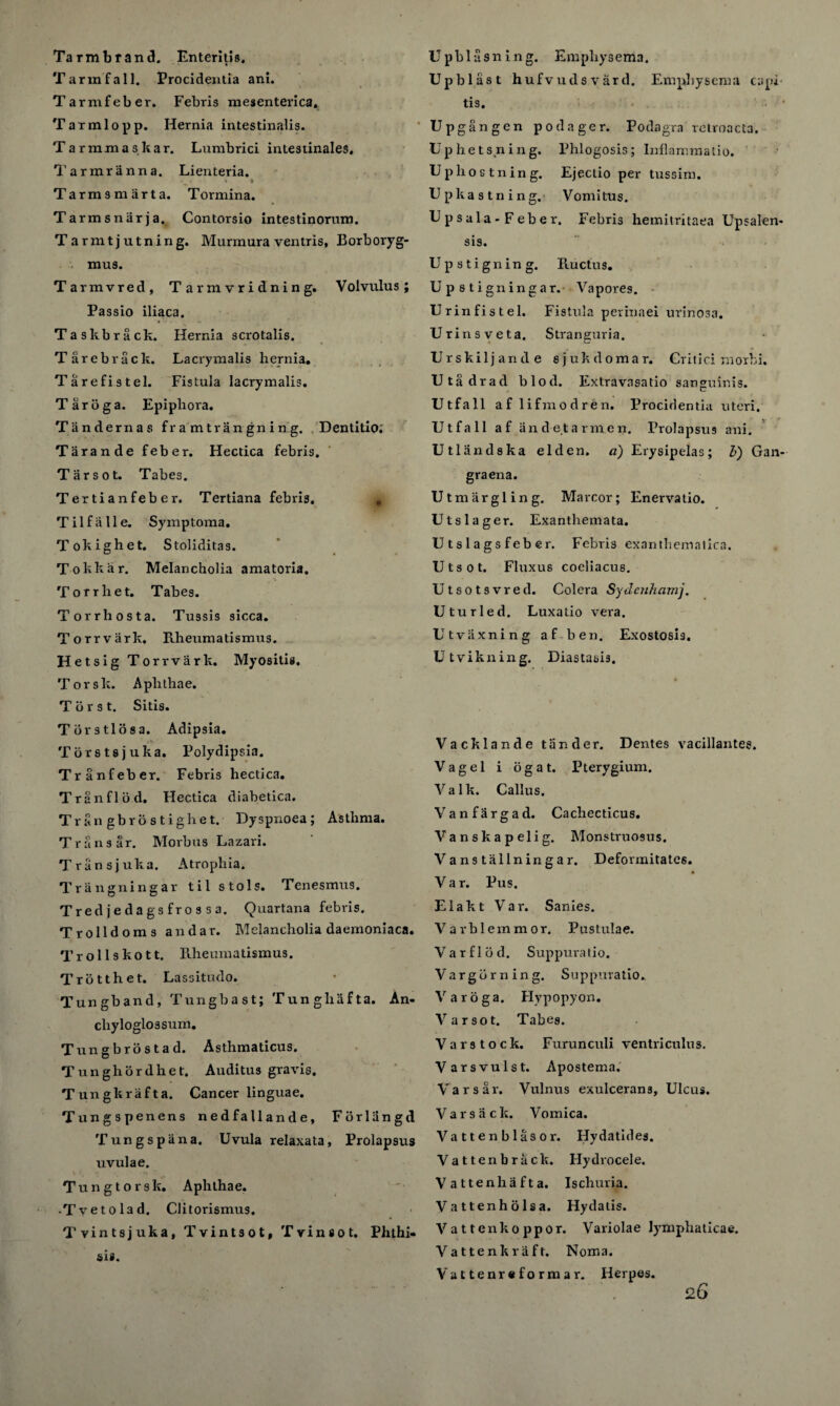 T arm fall. Procidentia ani. Tarmfeber. Febris mesenterica. Tarmlopp. Hernia intestinalis. Tarmmaskar. Lumbrici intestinales. Tarmranna. Lienteria. » • % t Tarmsmarta. Tormina. Tarinsnarja. Contorsio intestinorum. Tarmtjutning. Murmura ventTis, Borboryg- mus. Tarmvred, Tarmvridning. Volvulus; Passio iliaca. Taskbrack. Hernia scrotalis. Tarebrack. Lacrymalis hernia. Tarefistel. Fistula lacrymalis. T a r o g a. Epiphora. Tandernas framtrangning. Dentitio; Tarande feber. Hectica febris. Tar sot. Tabes. Tertianfeber. Tertiana febris. Til fa lie. Symptoma. Tokighet. Stoliditas. Tokkar. Melancholia amatoria. Torrhet. Tabes. Torrhosta. Tussis sicca. Torrvark. Rheumatismus. Hetsig Torrvark. Myositis. Torsk. Aphthae. T o r s t. Sitis. Tbrstlosa. Adipsia. Torstsjuka. Polydipsia. Tranfeber. Febris hectica. Tranflod. Hectica diabetica. Tran gbrostighet. Dyspnoea; Asthma. Trans ar. Morbus Lazari. Transjuka. Atrophia. Triingningar til stols. Tenesmus. Tredjedagsfrossa. Quartana febris. Trolldoms andar. Melancholia daemoniaca. Trollskott. Rheumatismus. Trotthet. Lassitudo. Tungband, Tungbast; Tunghiifta. An- chyloglossum. Tungbrostad. Asthmaticus. Tunghordhet. Auditus gravis. Tungkrafta. Cancer linguae. Tungspenens nedfallande, Fbrliin gd Tungspana. Uvula relaxata, Prolapsus uvulae. Tung torsk. Aphthae. • Tveto lad. Clitorismus. Tvintsjuka, Tvintsot, Trinsot. Phthi¬ sis. Up blast hufvudsvard. Emphysema capi tis. Upgangen podager. Podagra retroacta. Uphets.ning. Phlogosis; Inflammatio. Uphostning. Ejectio per tussim. Upkastning. Vomitus. Upsala-Feber. Febris hemitritaea Upsalen* sis. Upstigning. Ructus. Upsti gningar. Va pores. U rin fist el. Fistula perinaei urinosa. Urinsveta. Stranguria. Urskiljande sjukdomar. Critic! morbi. Utadrad blod. Extravasatio sanguinis. Utfall aflifmodren. Procid entia uteri. Utfall af andetarra.cn. Prolapsus ani. Utliindska elden. a) Erysipelas; l) Gan- graena. Utmargling. Marcor; Enervatio. Utslager. Exanthemata. Utslagsfeber. Febris exanthemalica. Utsot. Fluxus coeliacus. Utsotsvred. Colera Sydeuhamj. Uturled. Luxatio vera. Utvaxning af ben. Exostosis. Utvikning. Diastasis. Vacklande tiinder. Dentes vacillantes. Vagel i ogat. Pterygium. Valk. Callus. Vanfargad. Cachecticus. Vanskapelig. Monstruosus. Vanstallningar. Defonnitates. Var. Pus. Elakt Var. Sanies. Varblemmor. Pustulae. Varflod. Suppuratio. Vargbrning. Suppuratio. Varoga. Hypopyon. Var sot. Tabes. Varstock. Furunculi ventriculus. V arsvulst. Apostema. Varsar. Vulnus exulcerans. Ulcus. Var sack. Vomica. Vattenblasor. Hydatidea. Vattenbrack. Hydrocele. Vattenliafta. Ischuria. Vattenholsa. Hydatis. Vattenkoppor. Variolae lymphaticae. Vattenkraft. Noma. Vattenreformar. Herpes.