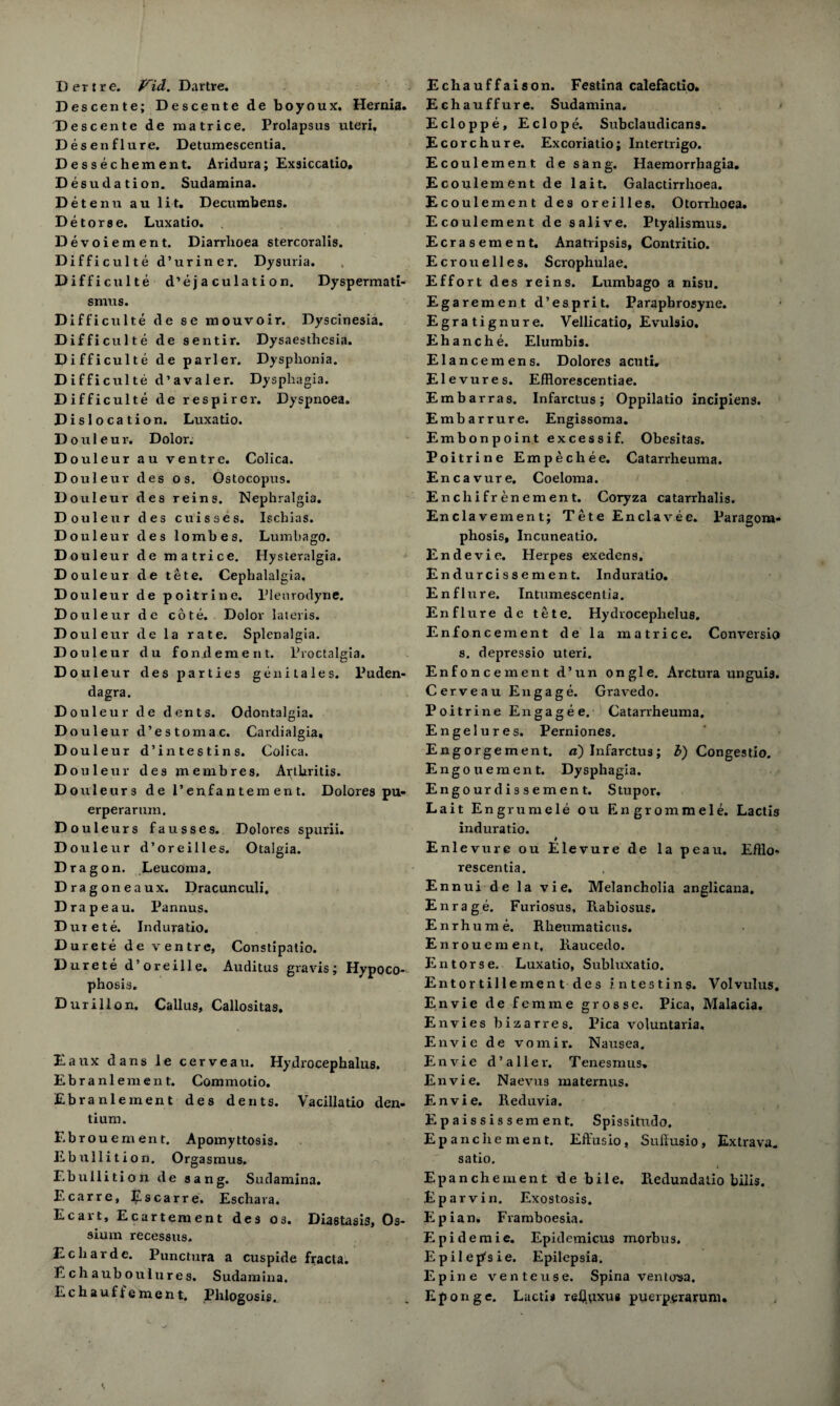 D D T> D D D D D D D D D D D D D D D D D D D D D D D D D D D D D D D D D D D D D D D D D ertre. P'id. Dartre. escente; Descente de boyoux. Hernia, escente de matrice. Prolapsus uteri, esenflure. Detumescentia. essechement. Aridura; Exsiccatio. esudation. Sudamina. etenu au lit. Decumbens. e torse. Luxatio. evoiement. Diarrhoea stercoralis. ifficulte d’uriner. Dysuria. ifficulte d’eja culati on. Dyspermati- smus. ifficulte de se mouvoir. Dyscinesia. ifficulte de sentir. Dysaesthesia. ifficulte de parler. Dysphonia. ifficulte d’avaler. Dysphagia, ifficulte de respirer. Dyspnoea, is location. Luxatio. ouleur. Dolor, ouleur au ventre. Colica. ouleur des os. Ostocopus. ouleur des reins. Nephralgia, ouleur des cuisses. Ischias. ouleur des lombes. Lumbago, ouleur de matrice. Hysteralgia. ouleur de tete. Cephalalgia, ouleur de poitrine. Plenrodyne. ouleur de cote. Dolor latevis. ouleur de la rate. Splenalgia. ouleur du fondement. Proctalgia, ouleur des parties geni tales. Puden- dagra. ouleur de dents. Odontalgia, ouleur d’estomac. Cardialgia. ouleur d’intestins. Colica. ouleur des me mb res. A^ihritis. ouleurs de i’enfantem ent. Dolores pu- erperarum. ouleurs fausses. Dolores spurii. ouleur d’oreilles. Otalgia, ragon. LeucOma. ragoneaux. Dracunculi. rapeau. Pannus. uiete. In dura do. urete de ventre, Constipatio. uiete d’oreille. Auditus gravis; Hypoco- phosis. urillon. Callus, Callositas. Eaux dans le cerveau. Hydrocephalus. Ebranlement. Commotio. Ebranlement des dents. Vacillatio den- tium. Ebrouement. Apomyttosis. Ebullition. Orgasmus. Ebullition de sang. Sudamina. Ecarre, Es carre. Eschara. Ecait, Ecartement des os. Diastasis, Os- sium recessus. Echarde. Punctura a cuspide fracta. Echauboulures. Sudamina. Echauf foment, Phlogosis. Echauffaison. Festina calefactio. Echauffure. Sudamina. Ecloppe, Eclope. Subclaudicans. Ecorchure. Excoriatio; Intertrigo. Ecoulement de sang. Haemorrhagia. Ecoulement de lait. Galactirrhoea. Ecoulement des oreilles. Otorrhoea. Ecoulement de salive. Ptyalismus. Ecrasement. Anatripsis, Contritio. Ecrouelles. Scrophulae. Effort des reins. Lumbago a nisu. Egarement d’esprit. Paraphrosyne. Egratignure. Vellicatio, Evulsio. Ehanche. Elumbis. Elancemens. Dolores acuti. Elevures. EfHorescentiae. Embarras. Infarctus ; Oppilatio incipiens. Embarrure. Engissoma. Embonpoint excessif. Obesitas. Poitrine Empechee. Catarrheuma. Encavure. Coeloma. Enchifrenement. Coryza catarrhalis. Enclavement; Tete Enclavee. Paragom- phosis, Incuneatio. Endevie. Herpes excdens, Endurcissement. Induratio. Enflure. Intumescentia. Enflure de tete. Hydroceplielus. Enfoncement de la matrice. Conversio s. depressio uteri. Enfoncement d’un ongle. Arctura unguis. Cerveau Engage. Gravedo. Poitrine Engage e. Catarrheuma. Engelures. Perniones. Engorgement, a) Infarctus; b) Congestio. Engouement. Dysphagia. Engourdissement. Stupor. Lait Engrumele ou Engrommele. Lactis induratio. Enlevure ou Elevure de la peau. Efllo* rescentia. Ennui de la vie. Melancholia anglicana. Enrage. Furiosus, Rabiosus. Enrhume. Rheumaticus. Enrouement, Raucedo. En torse. Luxatio, Subluxatio. Entortillement des intestins. Volvulus. Envie de femme grosse. Pica, Malacia. Envies bizarres. Pica voluntaria. Envie de vomir. Nausea. Envie d’aller. Tenesmus. Envie. Naevus maternus. Envie. Reduvia. Epaississement. Spissitudo. Epanchement. Effusio, Suffusio, Extrava. satio. Epanchement de bile. Redundatio bilis. Eparvin. Exostosis. Epian. Framboesia. Epidemie. Epidemicus morbus. Epilep'sie. Epilepsia. Epine venteuse. Spina ventosa. Eponge. Lacti* Tefltixua puerperarum. \