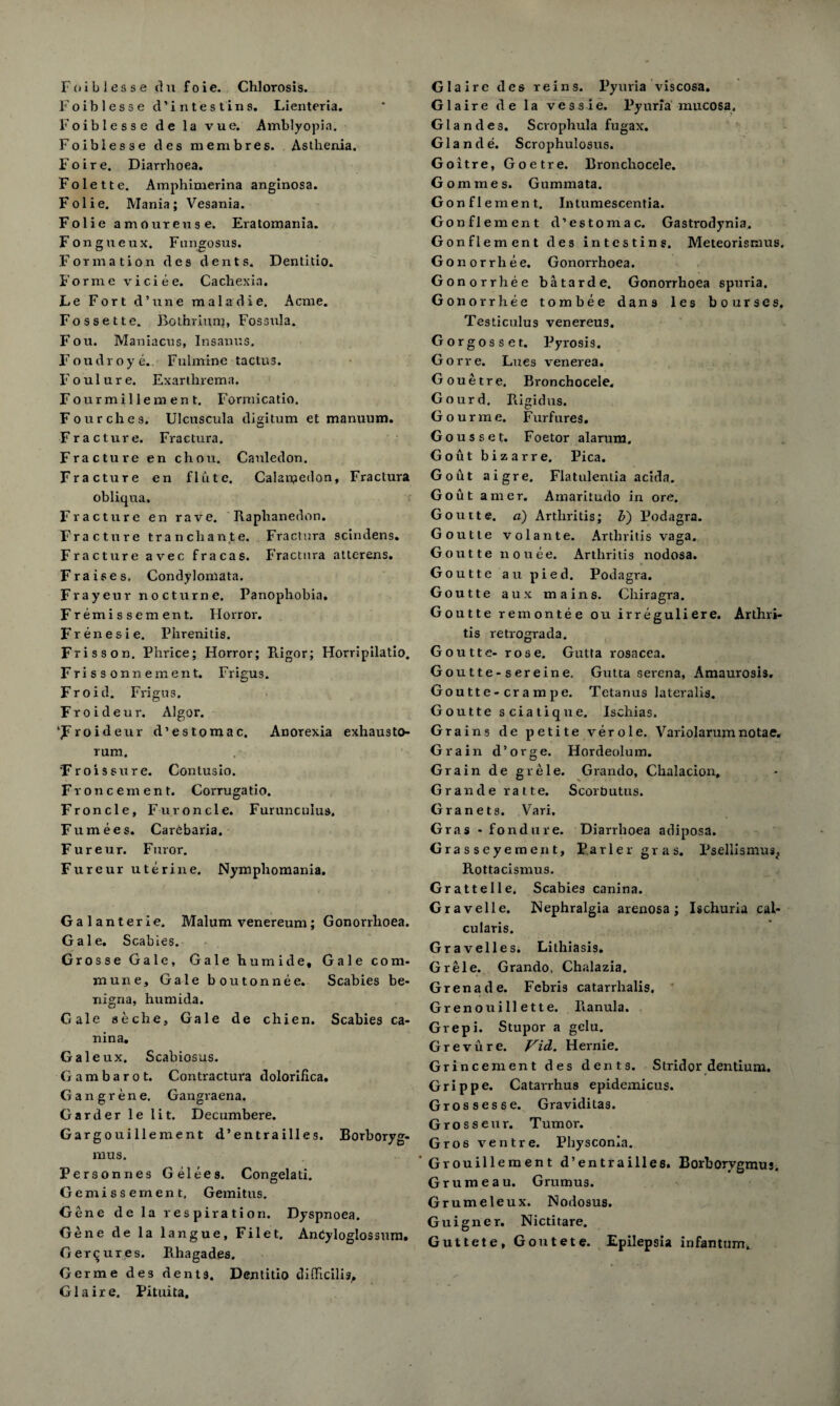 Foiblesse d’in test ins. Lienteria. Foiblesse de la vue. Amblyopia. Foiblesse des membres. Asthenia. Foire. Diarrhoea. Folette. Amphimerina anginosa. Folie. Mania; Vesania. Folie amoureuse. Eratomania. Fongueux. Fnngosus. Formation des dents. Dentitio. Forme viciee. Cachexia. Le Fort d’une maladie. Acme. Fossette. Rothriunj, Fossula. Fou. Maniacus, Insanus. Foudroye.. Fulmine tactus. F o u 1 u r e. Exarthrema. Fourmillement. Formicatio. Fourches. Ulcuscula digitum et manuum. Fracture. Fractura. Fracture en chon. Cauledon. Fracture en flute. Calarpedon, Fractura obliqua. Fracture en rave. Raphanedon. Fracture tranchante. Fractura scindens. Fracture avec fracas. Fractura atterens. Fraises, Condylomata. Frayeur nocturne. Panophobia. Fremissement. Horror. Frenesie. Plirenitis. Frisson. Phrice; Horror; Rigor; Horripilatio. Frissonnement. Frigus. Fro id. Frigus. Froideur. Algor. *]Froideur d’estomac. Anorexia exhausto- rum. 'Froissure. Contusio. Fr on cement. Corrugatio. Froncle, Fuvoncle. Furuncuius. Fumees. Carebaria. Fureur. Furor. Fureur uterine. Nymphomania. Galanterie. Malum venereum; Gonorrhoea. Gale. Scabies. Grosse Gale, Gale humide, Gale com- mune, Gale boutonnee. Scabies be- nigna, humida. Gale aeche, Gale de chien. Scabies ca- nina. Galeux. Scabiosus. Gambarot. Contractura dolorifica. Gangrene. Gangraena. Carder le lit. Decumbere. Gargouillement d’entrailles. Borboryg- mus. Personnes Gelees. Congelati. Gemissement, Gemitus. Gene de la respiration. Dyspnoea. Gene de la langue, Filet. AnCyloglossum. Gerqures. Rhagades. Germe des dents. Dentitio ditlicilis,, Glaire. Pituita. Glaire de la vessie. Pyuria mucosa. Gian des. Scrophula fugax. Glande. Scrophulosus. Goitre, Goetre. Bronchocele. Gommes. Gummata. Gonflement. Intumescentia. Gonflement d’estomac. Gastrodynia. Gonflement des intestine. Meteorismus, Gonorrhee. Gonorrhoea. Gonorrhee batarde. Gonorrhoea spuria. Gonorrhee tombee dans les bourses. Testiculus venereus. Gorgosset. Pyrosis. Gorre. Lues venerea. Gouetre. Bronchocele. Gourd. Rigidus. Gourme. Furfures. Go us set. Foetor alarum. Gout bizarre. Pica. Gout aigre. Flatulentia acida. Gout amer. Amaritudo in ore. Goutte. a) Arthritis; If) Podagra. Goutte volante. Arthritis vaga. Goutte nouee. Arthritis nodosa. Goutte au pied. Podagra. Goutte aux mains. Chiragra. Goutte remontee ou irreguliere. Arthri¬ tis retrograda. Goutte- rose. Gutta rosacea. Goutte-sereine. Gutta serena. Amaurosis. Goutte-crampe. Tetanus lateralis. Goutte sciatique. Ischias. Grains de petite verole. Vaiiolarumnotae. Grain d’orge. Hordeolum. Grain de grele. Grando, Chalacion, Grande ratte. Scorbutus. Granets. Vari. Gras - fondure. Diarrhoea adiposa. Grasseyement, Parier gras. Psellismus^ Rottacismus. Grattelle. Scabies canina. Gravelle. Nephralgia arenosa; Ischuria cal- cularis. Gravelles. Lithiasis. Grele. Grando, Chalazia. Grenade. Febris catarrhalis, * Grenouillette. Ranula. Grepi. Stupor a gelu. Grevure. Vid. Hernie. Grincement des dents. Stridor dentium. Grippe. Catavrhus epidemicus. Grossesse. Graviditas. Grosseur. Tumor. Gros ventre. Physconia. Grouillement d’entrailles. Borborygmus. Grume a u. Grumus. Grumeleux. Nodosus. Guigner. Nictitare. Guttete, Goutete. Epilepsia infantum.